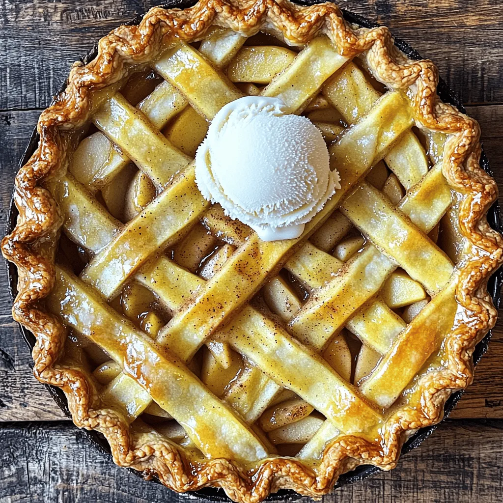 - 6 medium Granny Smith apples, peeled, cored, and sliced - ¾ cup granulated sugar - ½ cup packed brown sugar - 2 tablespoons all-purpose flour - 1 teaspoon ground cinnamon - ¼ teaspoon ground nutmeg - 1 tablespoon fresh lemon juice - 1 tablespoon unsalted butter, cut into small cubes - 1 package (14 oz) pre-made pie crusts (contains 2 crusts) - 1 egg, beaten (for egg wash) - A pinch of salt When making a classic apple pie, I always choose Granny Smith apples. They are tart and firm, which gives your pie the right balance of flavors. Granulated and brown sugars add sweetness and depth. The flour helps thicken the filling, ensuring it stays nice and firm. Next, I love to mix in spices like cinnamon and nutmeg. They add warmth and a nice aroma as the pie bakes. A splash of lemon juice brightens the flavors, making the apples taste fresh. Butter adds richness and creaminess, making every bite melt in your mouth. For the crust, I often use pre-made pie crusts. They save time and still taste great. An egg wash gives the top a golden color, while a pinch of salt enhances all the flavors. Gather these ingredients for your homemade apple pie. They’re simple, but they create something truly special. If you want to see how to use these items, check out the Full Recipe for all the steps. 1. Preheat the oven: Set your oven to 425°F (220°C). This step is key for a great pie crust. 2. Prepare the apple filling: In a large bowl, mix sliced Granny Smith apples with granulated sugar, brown sugar, flour, cinnamon, nutmeg, lemon juice, and salt. Stir gently until all apples are coated. This ensures each bite is flavorful. 1. Fit the pie crust in the pan: Unroll one pie crust and place it in a 9-inch pie pan. Press it down gently so it fits snugly. 2. Fill with apple mixture and add butter: Pour the apple filling into the crust. Spread it out evenly. Place small cubes of butter on top for richness. 3. Cover with top crust and seal: Take the second pie crust and lay it over the filling. Trim any extra dough. Pinch the edges to seal. Cut small slits in the top for steam to escape. 1. Brush with egg wash: Use a pastry brush to coat the top crust with beaten egg. This gives a nice golden color. 2. Bake and monitor browning: Place the pie in the oven and bake for 45-50 minutes. Watch for a deep golden brown crust. If the edges darken too fast, cover them with foil. 3. Cooling the pie before serving: Once baked, take the pie out and let it cool on a wire rack for at least 2 hours. This helps the filling set, so it slices perfectly later. For more details, check the Full Recipe. - Achieving a perfect crust: Start with cold ingredients. This helps your crust stay flaky. Use a light touch when mixing. Overworking the dough makes it tough. Roll it out on a floured surface for even thickness. Always chill the crust before baking for the best results. - Preventing over-browning: If you notice the edges browning too fast, cover them with foil. This protects the crust while allowing the filling to cook. Keep an eye on it during baking. A deep golden color means it's just right. - Selecting the right apples: Granny Smith apples are great for pies. They have a tart flavor that balances the sweetness. Mix them with other apples for more depth. Honeycrisp or Braeburn also work well. - Achieving the right sweetness level: Taste your apples before mixing. Adjust sugar based on their sweetness. If they are very tart, add a bit more sugar. For a sweeter pie, use more brown sugar. - Pairing with ice cream or whipped cream: A scoop of vanilla ice cream on warm pie is a classic. Whipped cream adds a light touch. Both options bring out the flavors of the pie. - Presentation ideas for a festive look: Serve slices on colorful plates. Garnish with a sprinkle of cinnamon. You can also add fresh mint leaves for color. A dusting of powdered sugar makes it extra special. For the full recipe, check out the Apple Pie Delight section. {{image_4}} To make a lattice crust, start by rolling out your pie dough. Cut it into long strips, about one inch wide. Lay half of the strips across the pie in one direction. Then, fold back every other strip. Place a new strip across. Unfold the strips back down. Repeat this by folding the opposite strips. Pros: - A lattice crust looks pretty. - It lets steam escape, which keeps the filling from being too wet. Cons: - It takes more time to weave the strips. - It can be less forgiving if you make a mistake. For a tasty streusel topping, you will need: - ¾ cup all-purpose flour - ½ cup rolled oats - ½ cup brown sugar - ½ cup cold butter, cut into small pieces - 1 teaspoon ground cinnamon To make it, mix the flour, oats, brown sugar, and cinnamon in a bowl. Add the cold butter pieces. Use your fingers to blend the mix until it looks like crumbs. Sprinkle the streusel topping over the filled apple pie before baking. This will add a crunchy layer on top that pairs well with the soft apples. You can make your apple pie even more exciting with some flavor twists. Adding a splash of caramel sauce gives a sweet richness. Just drizzle it over the apple filling. You can also add a teaspoon of vanilla extract to the apple mix for a warm note. Another fun idea is to mix in other fruits. Try adding a cup of berries or peaches. This adds color and new flavors to your pie. These variations let you personalize your classic apple pie while keeping it delicious. For a full recipe, check out the Apple Pie Delight section. To keep your apple pie fresh, use these simple tips. For short-term storage, cover the pie with plastic wrap or foil. Place it at room temperature for up to two days. If you want to keep it longer, freeze it. Wrap the pie tightly in plastic wrap and then in aluminum foil. It can stay in the freezer for up to three months. To reheat your pie, keep the crust crispy. Preheat your oven to 350°F (175°C). Place the pie on a baking sheet. Heat it for about 15 to 20 minutes. This method warms the filling and keeps the crust flaky. After reheating, let it cool for a few minutes. Serve it warm, maybe with ice cream on top. The warm pie with cold ice cream is a classic treat! For more ideas, check out the Full Recipe. For a great apple pie, I recommend using Granny Smith apples. They are tart and firm. This tartness balances the sweetness from sugar. Other good choices are Honeycrisp and Braeburn apples. They hold their shape well when baked. - Granny Smith: Tart and firm, ideal for balance. - Honeycrisp: Sweet and crunchy, adds flavor. - Braeburn: Sweet and tangy, great texture. Using a mix of these apples can enhance the flavor. Different apples bring different tastes and textures. So, feel free to experiment! Absolutely! Making your own pie crust can be fun and rewarding. A flaky crust adds a special touch. Here are some tips for a homemade crust: - Use cold butter for flakiness. - Mix until just combined; avoid overworking dough. - Chill the dough for at least 30 minutes. You can find many simple pie crust recipes online. A good crust can elevate your apple pie to a new level! A soggy pie crust is a common issue. Here are some tips to keep your crust crispy: - Pre-bake the crust for a few minutes. - Use a thickener like flour or cornstarch in the filling. - Avoid excess liquid from apples; drain if necessary. Taking these steps can help ensure a perfectly baked pie. Enjoy your baking journey! This blog covered the key ingredients and steps for making a delicious apple pie. You now know to choose the right apples, prepare your filling, and follow tips for a perfect crust. Consider variations like a lattice crust or a streusel topping for a twist. Remember, storage and reheating are also important for enjoying your pie later. With these steps and tips, you're set to impress everyone with your baking skills. Get started, and enjoy the process of creating something amazing!