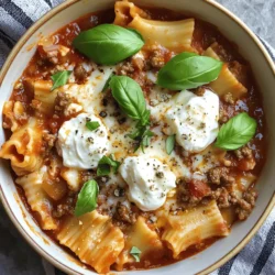 To make this tasty soup, you need a few key ingredients: - 1 lb ground beef or Italian sausage - 1 medium onion, diced - 2 cloves garlic, minced - 1 (28 oz) can crushed tomatoes - 4 cups chicken or vegetable broth - 1 teaspoon dried oregano - 1 teaspoon dried basil - 1 teaspoon Italian seasoning - Salt and pepper to taste - 9-12 lasagna noodles, broken into smaller pieces - 1 cup ricotta cheese - 1 cup shredded mozzarella cheese, divided - ½ cup grated Parmesan cheese, divided - Fresh basil leaves for garnish (optional) These ingredients mix to create a warm and hearty dish. The ground meat adds protein and flavor, while the crushed tomatoes give a rich base. If you want to make changes, here are some easy swaps: - Use ground turkey or chicken instead of beef or sausage. - Swap onion for shallots or leeks for a milder flavor. - You can use fresh tomatoes if you prefer. Just chop and cook them down. - Try vegetable broth for a vegetarian version. - Substitute cottage cheese for ricotta if you want a lower-fat option. These substitutions keep the soup delicious while fitting your taste and needs. Garnishing can make your soup even better. Here are some ideas: - Sprinkle extra mozzarella on top for more cheese. - Add grated Parmesan for a salty kick. - Use fresh basil leaves for a pop of color and flavor. - A drizzle of olive oil can add richness. These garnishes add flavor and make your dish look appealing. You can mix and match to find your perfect bowl. Check out the Full Recipe for more tips! To start, gather all your ingredients. You will need ground beef or Italian sausage, onion, garlic, crushed tomatoes, broth, spices, and lasagna noodles. Don't forget the ricotta and mozzarella cheese! 1. First, heat some olive oil in a large pot over medium heat. 2. Next, add the ground meat. Cook it until it is brown, about 5-7 minutes. 3. If there's extra fat, drain it off to keep the soup lighter. 4. Now, add the diced onion and cook for 3-4 minutes. The onion should become soft. 5. After that, add the minced garlic. Cook for one more minute to bring out its flavor. After your onions and garlic are ready, add the crushed tomatoes and broth to the pot. Stir in the dried oregano, basil, and Italian seasoning. Add salt and pepper to your taste. 1. Turn up the heat until the soup starts to boil. 2. Once it boils, lower the heat to a simmer. 3. Add your broken lasagna noodles to the soup. Let them cook for about 10-12 minutes until they are al dente. Stir occasionally to keep them from sticking. 4. While the noodles cook, mix the ricotta cheese, half the mozzarella, and half the Parmesan in a bowl. Blend them well. When the noodles are done, take the pot off the heat. Add dollops of the ricotta mixture into the soup. Stir gently so you keep some creamy pockets intact. Serve the soup hot in bowls. Top each serving with the rest of the mozzarella and Parmesan. For a fresh touch, add some basil leaves on top. Enjoy your hearty lasagna soup! You can find the full recipe to guide you through this easy process. To make the best lasagna soup, focus on the flavors. Use fresh herbs for a brighter taste. I love adding a pinch of red pepper flakes for a kick. This small addition can really elevate the dish. When cooking the meat, let it brown well. This adds depth and richness. Stir the soup often to prevent the noodles from sticking. If you're short on time, use pre-cooked meat. Ground turkey or chicken works well. You can also use jarred marinara sauce. Just add it in place of crushed tomatoes for faster prep. Use no-boil lasagna noodles. They cook quickly and save time. Prepare the cheese mixture in advance. Store it in the fridge for easy use later. Store leftover soup in airtight containers. It keeps well in the fridge for up to three days. To reheat, warm it on the stove over low heat. Stir often to prevent burning. You can also use the microwave. Just heat in short bursts and stir in between. If freezing, leave out the cheese. Add it when reheating for best taste. For the full recipe, refer to the earlier section. {{image_4}} You can make this soup vegetarian by swapping the meat for veggies. Use mushrooms, zucchini, or spinach for rich flavors. Start by sautéing the veggies in olive oil until soft. Then, add the crushed tomatoes and broth as in the original recipe. This gives you a hearty soup without meat. To make this soup gluten-free, choose gluten-free lasagna noodles. You can find these in most grocery stores. Cook them according to the package instructions before adding them to the soup. This way, you can enjoy all the flavors without the gluten. If you want some heat, add crushed red pepper flakes to the pot. Start with half a teaspoon and adjust to your taste. You can also use spicy Italian sausage instead of ground beef. This will give your soup a nice kick and keep things exciting. These variations allow you to customize Easy Lasagna Soup to fit your tastes and dietary needs. For the full recipe, check out the [Full Recipe]. To store leftover soup, let it cool first. Once it is cool, transfer it to an airtight container. This keeps it fresh and safe. Place the container in the fridge. The soup will stay good for about three to four days. If you want to save soup for later, freezing is a great option. Pour the cooled soup into freezer-safe containers. Leave some space at the top, as soup expands when frozen. Seal the containers tightly and label them with the date. The soup can last up to three months in the freezer. Lasagna soup can last in the fridge for up to four days. If frozen, enjoy it within three months for the best taste. Always check for any signs of spoilage before eating. When in doubt, throw it out. This soup is best when fresh, but knowing how to store it helps you enjoy it longer. Yes, you can use store-bought marinara sauce. It saves time and adds flavor. Just choose a brand you like. Pour it into the pot after you cook the meat. Mix it well with the other ingredients. This will keep the soup tasty and easy. To make this soup dairy-free, skip the ricotta and cheeses. Use a dairy-free cheese if you want. You can also add more veggies for creaminess. Blending cooked cauliflower can add texture. Try coconut milk for a rich taste. This way, you still enjoy a hearty soup. I love serving this soup with garlic bread. It soaks up the broth well. A fresh side salad also pairs nicely. You could add a simple green salad with lemon dressing. For a fun twist, serve it in bread bowls. This makes for a cozy meal. For the full recipe, check the recipe section above. Easy lasagna soup is simple and fun to make. We covered the key ingredients, tips for success, and different variations to suit your taste. Remember to store leftovers well so you can enjoy them later. You can make this soup even easier with some time-saving tricks. Whether you like it spicy or vegetarian, you can customize it. Now it's your turn to try making this comforting meal! Enjoy every spoonful.