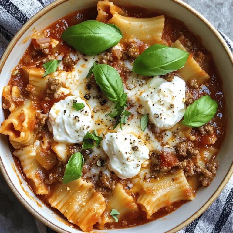 To make this tasty soup, you need a few key ingredients: - 1 lb ground beef or Italian sausage - 1 medium onion, diced - 2 cloves garlic, minced - 1 (28 oz) can crushed tomatoes - 4 cups chicken or vegetable broth - 1 teaspoon dried oregano - 1 teaspoon dried basil - 1 teaspoon Italian seasoning - Salt and pepper to taste - 9-12 lasagna noodles, broken into smaller pieces - 1 cup ricotta cheese - 1 cup shredded mozzarella cheese, divided - ½ cup grated Parmesan cheese, divided - Fresh basil leaves for garnish (optional) These ingredients mix to create a warm and hearty dish. The ground meat adds protein and flavor, while the crushed tomatoes give a rich base. If you want to make changes, here are some easy swaps: - Use ground turkey or chicken instead of beef or sausage. - Swap onion for shallots or leeks for a milder flavor. - You can use fresh tomatoes if you prefer. Just chop and cook them down. - Try vegetable broth for a vegetarian version. - Substitute cottage cheese for ricotta if you want a lower-fat option. These substitutions keep the soup delicious while fitting your taste and needs. Garnishing can make your soup even better. Here are some ideas: - Sprinkle extra mozzarella on top for more cheese. - Add grated Parmesan for a salty kick. - Use fresh basil leaves for a pop of color and flavor. - A drizzle of olive oil can add richness. These garnishes add flavor and make your dish look appealing. You can mix and match to find your perfect bowl. Check out the Full Recipe for more tips! To start, gather all your ingredients. You will need ground beef or Italian sausage, onion, garlic, crushed tomatoes, broth, spices, and lasagna noodles. Don't forget the ricotta and mozzarella cheese! 1. First, heat some olive oil in a large pot over medium heat. 2. Next, add the ground meat. Cook it until it is brown, about 5-7 minutes. 3. If there's extra fat, drain it off to keep the soup lighter. 4. Now, add the diced onion and cook for 3-4 minutes. The onion should become soft. 5. After that, add the minced garlic. Cook for one more minute to bring out its flavor. After your onions and garlic are ready, add the crushed tomatoes and broth to the pot. Stir in the dried oregano, basil, and Italian seasoning. Add salt and pepper to your taste. 1. Turn up the heat until the soup starts to boil. 2. Once it boils, lower the heat to a simmer. 3. Add your broken lasagna noodles to the soup. Let them cook for about 10-12 minutes until they are al dente. Stir occasionally to keep them from sticking. 4. While the noodles cook, mix the ricotta cheese, half the mozzarella, and half the Parmesan in a bowl. Blend them well. When the noodles are done, take the pot off the heat. Add dollops of the ricotta mixture into the soup. Stir gently so you keep some creamy pockets intact. Serve the soup hot in bowls. Top each serving with the rest of the mozzarella and Parmesan. For a fresh touch, add some basil leaves on top. Enjoy your hearty lasagna soup! You can find the full recipe to guide you through this easy process. To make the best lasagna soup, focus on the flavors. Use fresh herbs for a brighter taste. I love adding a pinch of red pepper flakes for a kick. This small addition can really elevate the dish. When cooking the meat, let it brown well. This adds depth and richness. Stir the soup often to prevent the noodles from sticking. If you're short on time, use pre-cooked meat. Ground turkey or chicken works well. You can also use jarred marinara sauce. Just add it in place of crushed tomatoes for faster prep. Use no-boil lasagna noodles. They cook quickly and save time. Prepare the cheese mixture in advance. Store it in the fridge for easy use later. Store leftover soup in airtight containers. It keeps well in the fridge for up to three days. To reheat, warm it on the stove over low heat. Stir often to prevent burning. You can also use the microwave. Just heat in short bursts and stir in between. If freezing, leave out the cheese. Add it when reheating for best taste. For the full recipe, refer to the earlier section. {{image_4}} You can make this soup vegetarian by swapping the meat for veggies. Use mushrooms, zucchini, or spinach for rich flavors. Start by sautéing the veggies in olive oil until soft. Then, add the crushed tomatoes and broth as in the original recipe. This gives you a hearty soup without meat. To make this soup gluten-free, choose gluten-free lasagna noodles. You can find these in most grocery stores. Cook them according to the package instructions before adding them to the soup. This way, you can enjoy all the flavors without the gluten. If you want some heat, add crushed red pepper flakes to the pot. Start with half a teaspoon and adjust to your taste. You can also use spicy Italian sausage instead of ground beef. This will give your soup a nice kick and keep things exciting. These variations allow you to customize Easy Lasagna Soup to fit your tastes and dietary needs. For the full recipe, check out the [Full Recipe]. To store leftover soup, let it cool first. Once it is cool, transfer it to an airtight container. This keeps it fresh and safe. Place the container in the fridge. The soup will stay good for about three to four days. If you want to save soup for later, freezing is a great option. Pour the cooled soup into freezer-safe containers. Leave some space at the top, as soup expands when frozen. Seal the containers tightly and label them with the date. The soup can last up to three months in the freezer. Lasagna soup can last in the fridge for up to four days. If frozen, enjoy it within three months for the best taste. Always check for any signs of spoilage before eating. When in doubt, throw it out. This soup is best when fresh, but knowing how to store it helps you enjoy it longer. Yes, you can use store-bought marinara sauce. It saves time and adds flavor. Just choose a brand you like. Pour it into the pot after you cook the meat. Mix it well with the other ingredients. This will keep the soup tasty and easy. To make this soup dairy-free, skip the ricotta and cheeses. Use a dairy-free cheese if you want. You can also add more veggies for creaminess. Blending cooked cauliflower can add texture. Try coconut milk for a rich taste. This way, you still enjoy a hearty soup. I love serving this soup with garlic bread. It soaks up the broth well. A fresh side salad also pairs nicely. You could add a simple green salad with lemon dressing. For a fun twist, serve it in bread bowls. This makes for a cozy meal. For the full recipe, check the recipe section above. Easy lasagna soup is simple and fun to make. We covered the key ingredients, tips for success, and different variations to suit your taste. Remember to store leftovers well so you can enjoy them later. You can make this soup even easier with some time-saving tricks. Whether you like it spicy or vegetarian, you can customize it. Now it's your turn to try making this comforting meal! Enjoy every spoonful.
