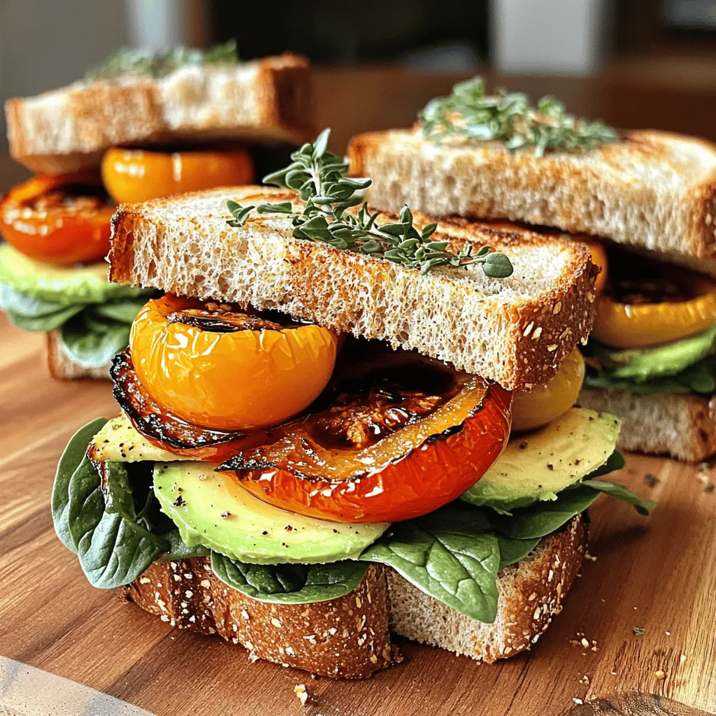 For the best roasted tomato sandwiches, start with ripe tomatoes. Choose tomatoes that feel firm and smell sweet. They should be bright red, giving you great flavor when roasted. Next, pick whole-grain bread. This bread adds a nice crunch and nutty taste. For creaminess, use a ripe avocado. Slice it thinly to layer on the sandwich. Don't forget fresh baby spinach. It adds a pop of color and a crisp bite. You can use balsamic glaze if you want extra flavor. This sweet and tangy drizzle makes each bite exciting. Now let’s talk about the vegan aioli. Here’s what you need: - 1/2 cup raw cashews, soaked in water for at least 2 hours - 1 clove garlic, minced - 2 tablespoons freshly squeezed lemon juice - 1 tablespoon extra virgin olive oil - Sea salt, to taste - Water as needed to adjust consistency Soaking the raw cashews gives the aioli a creamy texture. This step is key for smoothness. You can blend the cashews easily once they’re soaked. When picking tomatoes, look for medium-sized tomatoes. They should be about the size of your palm. This size is great for roasting and fits perfectly on bread. For measuring ingredients, use a measuring cup for liquids like olive oil and lemon juice. For dry ingredients, a dry measuring cup works best. Always level off the top for accuracy. This helps ensure your flavors are just right. For the full recipe, check out the [Full Recipe]. First, preheat your oven to 400°F (200°C). This heat is perfect for roasting tomatoes. Next, take your halved tomatoes and place them cut side up on a baking sheet. Drizzle them with extra virgin olive oil. Then, sprinkle sea salt, black pepper, and dried oregano over the tomatoes. These steps will bring out their rich flavor. Roast the tomatoes in the preheated oven for 25-30 minutes. Look for them to become soft, and their edges should caramelize slightly. This enhances their natural sweetness. While the tomatoes roast, let’s whip up the vegan aioli. Start by soaking the raw cashews in water for at least 2 hours. This softens them, making them easy to blend. After soaking, drain and rinse the cashews. In a high-speed blender, combine the cashews, minced garlic, lemon juice, olive oil, and a pinch of sea salt. Blend the mix until it turns creamy and smooth. If it’s too thick, add a bit of water to reach your desired consistency. Always taste and adjust the seasoning to your liking. Once the tomatoes are ready, it’s time to assemble your sandwich. Toast the slices of whole-grain bread in the oven for about 5 minutes until they’re golden and crisp. You can also use a toaster if you prefer. Spread a generous layer of the vegan aioli on one side of each slice of toasted bread. On two of these slices, layer fresh baby spinach, followed by the roasted tomatoes. Add the sliced avocado on top. If you like, drizzle some balsamic glaze over the tomatoes for extra flavor. Place the other slices of bread on top to complete your sandwich. Slice each sandwich in half diagonally and serve immediately. Enjoy while they are still warm! For a complete meal, consider pairing your sandwich with crispy chips or a fresh garden salad. To keep your tomatoes fresh, store them whole in a cool place. If you cut them, place them in an airtight container in the fridge. The vegan aioli lasts about a week in the fridge. Make sure to use a clean spoon each time you scoop some out. This prevents bacteria from spoiling it. For the bread, wrap it in a cloth or paper bag to keep it crispy. Avoid plastic bags, as they can make the bread soggy. To boost the flavor, consider adding fresh basil or thyme. These herbs pair well with roasted tomatoes. You can also sprinkle crushed red pepper for some heat. For toppings, try adding sliced radishes or pickled onions. These add a nice crunch and tang to your sandwich. Don’t forget about cheese! Vegan cheese can add creaminess, too. For easy prep, use a high-speed blender for the aioli. It creates a smooth texture quickly. If you don’t have one, a regular blender works, but it may take longer. A baking sheet with a rim is great for roasting tomatoes. It catches juices and makes cleanup easier. A good knife for slicing bread ensures clean cuts and a nice presentation. {{image_4}} You can switch up the bread for your roasted tomato sandwich. Try gluten-free options like rice bread or almond flour bread. These options give the same great taste without gluten. For added flavor, toast the bread until golden brown. You can also grill it for a crispy texture. This warms the bread and adds a nice crunch. To make your sandwich heartier, add plant-based proteins. Chickpeas or lentils work well. You can also try tempeh or tofu for a different flavor. Pair these proteins with spices like cumin or smoked paprika. This adds depth and richness to your meal. Modify your sandwich based on what’s fresh. In summer, add grilled zucchini or bell peppers for a taste twist. In fall, roasted butternut squash or sweet potatoes bring warmth. Using seasonal vegetables makes the dish vibrant and exciting. You can always mix and match to create your perfect flavor. To keep your roasted tomato sandwiches fresh, store them in an airtight container. Layer them with parchment paper to avoid sogginess. Place the sandwiches in the fridge if you plan to eat them within two days. If you want to store the individual components, keep the roasted tomatoes in a separate container. Make sure they cool down before sealing. The vegan aioli should also go in a container. It can stay fresh for about a week in the fridge. You can freeze the vegan aioli and roasted tomatoes for longer storage. For the aioli, pour it into ice cube trays. Once frozen, transfer the cubes to a bag. This way, you can use small amounts as needed. For roasted tomatoes, let them cool before freezing. Place them in a freezer bag, removing as much air as possible. When you're ready to use them, thaw in the fridge overnight. To reheat leftovers, warm the tomatoes in the oven or on the stove. This helps keep their flavor and texture intact. When stored properly, roasted tomatoes last about five days in the fridge. The vegan aioli can last up to a week. If you see any mold or smell something off, toss it out. Always check the tomatoes for any signs of spoilage. Look for a mushy texture or an off smell. Fresh ingredients make all the difference in your sandwiches! Roasted tomatoes can last about 5 days in the fridge. Store them in an airtight container. Make sure they are completely cool before sealing. This helps keep their texture and flavor fresh for longer. Yes, you can make the vegan aioli ahead of time. It stores well in the fridge for up to a week. You can also freeze it for about a month. Just thaw it in the fridge before using. You can use silken tofu or sunflower seeds as a substitute for cashews. Silken tofu will make the aioli creamy but lighter. Sunflower seeds add a nutty flavor but may change the taste slightly. Absolutely! You can use gluten-free bread to make this sandwich. Look for brands that offer whole-grain options. You can also use lettuce leaves as a wrap for a low-carb choice. Yes, you can grill the sandwich for a tasty twist! Heat a grill pan over medium heat. Add the assembled sandwich and grill for about 3-4 minutes on each side. This adds a nice smoky flavor and crunchy texture. This blog post covered everything you need to make a tasty, healthy sandwich. We discussed must-have ingredients like ripe tomatoes, whole-grain bread, and creamy avocado. We explored how to make vegan aioli for flavor and shared tips for measuring and preparing each element. Remember, the best sandwiches come from fresh ingredients and a little creativity. Enjoy experimenting with your own twists and variations! Each bite is a chance to savor something special. Happy sandwich making!