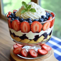 To make the Red, White, and Blueberry Trifle, gather the following fresh ingredients: - 2 cups fresh strawberries, hulled and sliced - 2 cups fresh blueberries - 1 cup vanilla Greek yogurt - 1 cup heavy whipping cream - 1/4 cup powdered sugar - 1 teaspoon pure vanilla extract - Ladyfinger cookies or pound cake - Fresh mint leaves for garnish These ingredients create a bright and tasty treat. The strawberries give a sweet, juicy flavor. The blueberries add a pop of color and tartness. The vanilla yogurt adds creaminess, while the whipped cream brings lightness. You can choose ladyfinger cookies or pound cake for the layers. Both options work well, but they change the texture. Ladyfingers are soft and soak up flavors, while pound cake adds a dense layer. Fresh mint leaves on top add a nice touch and a refreshing taste. You can find these ingredients at any local grocery store. For the full recipe on how to put it all together, check out the Full Recipe link. Enjoy making this delightful trifle! - Whipping the cream: Start by pouring the heavy cream into a bowl. Use an electric mixer to beat the cream at medium speed. After 2-3 minutes, you will see soft peaks forming. Gradually add the powdered sugar and vanilla extract. Keep beating until you see stiff peaks, which takes about 2 more minutes. Set the whipped cream aside. - Creating the base layer: Grab a large trifle dish or individual cups. Place a layer of sliced strawberries evenly at the bottom. This will be your base layer. Make sure the strawberries are spread out well. - Adding the cookie layer: Next, take ladyfinger cookies or cubes of pound cake. Carefully arrange this layer over the strawberries. Spread them evenly to cover the strawberries completely. - Adding yogurt and blueberries: Now, use a spoon or spatula to add a layer of vanilla Greek yogurt over the cookies. Smooth it out nicely. After that, sprinkle fresh blueberries across the yogurt layer. This will add a nice color contrast. - Repeating layers: Keep repeating the layering process. Add more strawberries, cookies, yogurt, and blueberries. Do this until you use all ingredients. Make sure the top layer is a thick mound of whipped cream. - Chilling the trifle: To let the flavors blend, cover the trifle with plastic wrap. Place it in the refrigerator for at least 1 hour. This step is key for a tasty treat. - Garnishing before serving: When you are ready to serve, take off the plastic wrap. Garnish the whipped cream with fresh mint leaves and a handful of extra blueberries. This adds a pop of color and freshness to your trifle. For a detailed list of ingredients, check the Full Recipe. Enjoy the process and savor each step! - Use a clear trifle bowl to show off the layers. - Serve in individual dessert cups for a fun touch. - Garnish with mint leaves and extra blueberries for color. - Add fruit preserves for an extra layer of sweetness. - Incorporate citrus zests like lemon or lime for brightness. - Whip the cream until you see soft peaks form. - Avoid over-whipping; stop when stiff peaks appear. These simple tips can change your trifle game. They help you create a stunning dessert that tastes as good as it looks. For a full recipe, check the Red, White, and Blueberry Trifle. {{image_4}} You can use other fruits to mix things up. Raspberries or blackberries add a tart twist. They pair well with the sweet cream and yogurt. Seasonal fruits also work great here. In summer, peaches or cherries can shine. In fall, try apples or pears for a cozy feel. Feel free to let your taste guide you! You can change the cream for a lighter touch. Whipped topping can be a quick substitute. It saves time and still tastes great. If you want a healthier option, use flavored yogurt. Greek yogurt adds protein and tang. It gives a new layer of flavor to your trifle. For a more decadent treat, use brownie chunks instead of cookies. They add richness and a fudgy texture. If you need a gluten-free option, choose gluten-free cookies or cake. This way, everyone can enjoy the trifle without worry. You can mix and match to create your perfect Red, White, and Blueberry Trifle. For the full recipe, check out the instructions above. The Red, White and Blueberry Trifle stays fresh for about 3 days in the fridge. To keep it tasty, cover it tightly with plastic wrap or a lid. This helps stop air from getting in and keeps your trifle moist. You can freeze this trifle, but it might change in texture. If you decide to freeze it, first remove the whipped cream. The cream can become watery when thawed. Store the other layers in an airtight container. When you want to eat it, thaw the trifle in the fridge overnight. After it thaws, add fresh whipped cream on top for the best taste. For the full recipe, check out the details above. You can store the trifle in the fridge for up to three days. After that, it may lose its freshness. Make sure to cover it tightly with plastic wrap to keep it safe from other fridge smells. Yes, you can make the trifle a day in advance. This allows the flavors to mix well. Just remember to cover it and chill it overnight for the best taste. If you can't find ladyfinger cookies, you can use pound cake or even sponge cake. Cubed brownies also work for a fun twist. To keep layers distinct, let each layer set a bit before adding the next. Use a gentle hand when adding layers, too. Yes, you can make a vegan version by using coconut cream for the whipped topping. For yogurt, try dairy-free yogurt. Use vegan cookies or cake for the layers. This blog post shared a simple, tasty recipe for a Red, White, and Blueberry Trifle. I covered fresh ingredients, step-by-step instructions, and tips for presentation and flavor. You can customize this dessert with various fruits and creams. Proper storage guidelines help keep it fresh longer. Remember, make it your own with different layers and flavors. Enjoy creating this trifle, and impress friends and family at your next gathering!