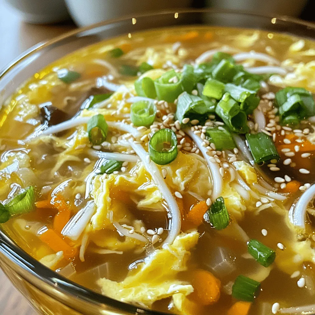 To make a tasty Egg Roll Soup, you need a few key ingredients. Here is the list of what you'll need: - 1 tablespoon vegetable oil - 1 medium onion, finely diced - 2 cloves garlic, minced - 1-inch piece of fresh ginger, grated - 2 cups shredded cabbage (mix of green and red for color) - 1 cup shredded carrots - 1 cup sliced shiitake mushrooms (or any mushrooms you like) - 4 cups chicken or vegetable broth - 2 tablespoons low-sodium soy sauce - 1 tablespoon toasted sesame oil - 1 teaspoon rice vinegar - 2 large eggs, beaten - 2 green onions, sliced thinly (for garnish) - Sesame seeds (for garnish) - Salt and freshly cracked pepper to taste These ingredients make the soup rich and full of flavor. The mix of veggies adds great texture, while the broth ties everything together. When I make this soup, I love the way the aromas fill the kitchen. You can find the full recipe [here]. 1. Sautéing aromatics: Start by heating 1 tablespoon of vegetable oil in a large pot. Use medium heat until the oil shimmers. Add 1 medium diced onion. Sauté for 3 to 4 minutes. The onion should turn soft and clear. 2. Adding vegetables: Next, add 2 minced garlic cloves and 1-inch grated ginger. Stir for 1 minute. The kitchen will smell amazing! Now, toss in 2 cups of shredded cabbage, 1 cup of shredded carrots, and 1 cup of sliced shiitake mushrooms. Stir well and cook for 5 to 7 minutes. The veggies should soften but not lose their crunch. 3. Incorporating broth: Pour in 4 cups of chicken or vegetable broth. Bring it to a rapid boil. Once boiling, lower the heat and let it simmer for 10 minutes. This will help all the flavors mix nicely. 1. Seasoning the soup: Add 2 tablespoons of low-sodium soy sauce, 1 tablespoon of toasted sesame oil, and 1 teaspoon of rice vinegar. Stir well and taste. Adjust with salt and fresh cracked pepper as needed. 2. Adding the eggs: Slowly drizzle in 2 beaten eggs while stirring gently. This creates nice egg ribbons in the soup. Cook for another 2 to 3 minutes until the eggs are fully set. 3. Serving suggestions: Remove the pot from heat. Serve the soup hot in clear bowls to show off the colors. Garnish with sliced green onions and a sprinkle of sesame seeds for a tasty finish. For a fun touch, offer chopsticks alongside a spoon. Feel free to check out the Full Recipe for a complete guide! - Achieving the perfect broth flavor: Start with a good-quality chicken or vegetable broth. Heat it gently to bring out its rich taste. Add low-sodium soy sauce and toasted sesame oil for depth. Taste often, and adjust with salt and pepper as needed. This balance makes a big difference. - Cooking eggs for texture: Beat the eggs well before adding them to the soup. Pour them in slowly while stirring. This creates delicate ribbons. Cook for just a few minutes so the eggs stay soft and tender. You want them to blend nicely, not scramble. - Presentation tips: Serve the soup in clear bowls. This shows off the vibrant colors of the veggies. For a special touch, drizzle more toasted sesame oil on top. Garnish with sliced green onions and sesame seeds. This adds flavor and makes your dish look stunning. - Overcooking the vegetables: Keep an eye on the cooking time. If you cook the veggies too long, they lose their crunch. Aim for 5-7 minutes of cooking. This keeps them bright and fresh. Remember, you want them soft but not mushy. - Troubleshooting flavor issues: If the soup tastes flat, it may need more seasoning. Try adding a splash of rice vinegar or a bit more soy sauce. These ingredients boost the flavor. Don’t be afraid to taste as you go. Adjusting the flavor makes the dish truly yours. For the full recipe, check out the detailed instructions above. {{image_4}} You can change the proteins in this recipe easily. If you prefer shrimp, use it instead of pork or chicken. Shrimp cooks fast, so add it late in the cooking process. If you want chicken, use cooked, shredded chicken. It will add great flavor to the soup. For vegetables, you can swap in different choices. Bok choy is a fantastic option. It adds a nice crunch and flavor. Bell peppers also work well. They bring a sweet taste and colorful look to your soup. If you follow a vegan or vegetarian diet, you can still enjoy this soup. Start with vegetable broth instead of chicken broth. Skip the eggs, or use a tofu scramble for texture. Also, ensure your soy sauce is vegan. This way, you keep all the flavors without animal products. For gluten-free options, pick gluten-free soy sauce or tamari. This small change makes a big difference. Always check your broth to ensure it is gluten-free too. Enjoy your Egg Roll Soup without worry! For a complete recipe, refer to the Full Recipe section. To store leftover egg roll soup, let it cool first. Pour the soup into an airtight container. Seal it tightly to keep out air. Place it in your fridge. It can last for about 3 to 4 days. When you reheat it, do so gently. Pour the soup into a pot. Heat on medium-low, stirring often. This keeps the flavors intact and warms it evenly. You can freeze egg roll soup for longer storage. Use a freezer-safe container. Leave some space at the top, as it will expand when frozen. It can last up to 3 months in the freezer. To reheat, move the soup to the fridge a day before you plan to eat it. This helps it thaw slowly. Heat it on the stove over medium heat. Stir often to avoid hot spots. You can also add a splash of broth if it seems too thick. Enjoy that comforting bowl of soup again! Can I make Egg Roll Soup ahead of time? Yes, you can make Egg Roll Soup ahead of time. It tastes great when reheated. Just store it in the fridge for up to three days. Reheat in a pot over medium heat. You may need to add a bit of broth to refresh it. What can I serve with Egg Roll Soup? Egg Roll Soup pairs well with many dishes. You can serve it with spring rolls or dumplings. A side of rice or noodles also complements this soup nicely. Fresh herbs, like cilantro or basil, add a nice touch too. How do I make Egg Roll Soup spicier? To spice up your Egg Roll Soup, add red pepper flakes or sriracha. You can also use sliced jalapeños for heat. Start with a little, then taste and adjust to your liking. This way, you control the spice level. Experiences from other cooks Many cooks love how easy Egg Roll Soup is to make. They enjoy the bright flavors and how it warms the soul. Some say it reminds them of their favorite takeout dish. Others appreciate the fresh ingredients and quick prep time. Suggestions for improvement and personal twists Cooks suggest adding cooked chicken or shrimp for protein. Others like to throw in extra veggies like bok choy or bell peppers. Some even add a splash of lime juice for freshness. Don't be afraid to try your own twists! Each change can make it special. For the full recipe, check out the complete guide. This blog outlined how to make delicious Egg Roll Soup. We discussed the key ingredients like vegetables, broth, and seasonings. Then, I shared steps for cooking and tips for flavor and texture. I also covered variations, storage methods, and answered common questions. Egg Roll Soup is easy to make and fun to customize. Enjoy exploring different flavors and share your unique creations with others. Happy cooking!