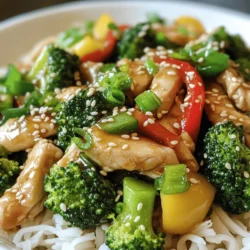 - 2 boneless, skinless chicken breasts - 2 cups fresh broccoli florets - 1 vibrant red bell pepper - 2 cloves garlic - 1 inch fresh ginger - 3 tablespoons soy sauce - 1 tablespoon oyster sauce - 1 tablespoon cornstarch - 1 tablespoon sesame oil - Salt and black pepper - Cooked rice or noodles - Optional garnishes (toasted sesame seeds, green onions) Gather these fresh ingredients and get ready to create a tasty dish. The chicken gives protein, while the broccoli adds nutrients. The red bell pepper brings a sweet crunch. Garlic and ginger boost flavor, making everything pop. For the sauce, soy sauce adds saltiness. Oyster sauce brings a rich depth of flavor. Cornstarch helps thicken the sauce and coat the chicken perfectly. Sesame oil adds a nutty note, enhancing the dish's overall taste. Pair your stir-fry with cooked rice or noodles for a complete meal. Optional garnishes like toasted sesame seeds and green onions make your dish look even better. They also add extra flavor and texture. Check out the [Full Recipe] for detailed steps to make this delicious meal! Start by marinating the chicken. In a medium bowl, mix sliced chicken with cornstarch and half of the soy sauce. Add a pinch of salt and black pepper. Stir until the chicken is well-coated. Let it marinate for about 15 minutes. While it marinates, prep your vegetables. Slice the red bell pepper into thin strips. Mince the garlic and grate the ginger. These fresh flavors will make your dish shine. Next, heat vegetable oil in a large skillet over medium-high heat. Once the oil is hot and shimmering, add the marinated chicken in a single layer. Cook it for about 5-7 minutes. Stir often until the chicken turns golden brown and is fully cooked. After cooking, remove the chicken from the skillet and set it aside on a plate. Without cleaning the skillet, add sesame oil. When the oil is hot, toss in the minced garlic and grated ginger. Sauté for around 30 seconds until the garlic becomes golden and fragrant. Then, add the broccoli florets and sliced red bell pepper. Stir-fry the veggies for 3-4 minutes. They should turn bright and tender-crisp. Now, return the cooked chicken to the skillet. Pour in the remaining soy sauce and the oyster sauce. Toss everything together well. Stir-fry for an additional 2 minutes. This helps blend all the flavors together. Taste your stir-fry and adjust seasoning if needed. Serve it hot over cooked rice or noodles. You can find the full recipe earlier in this article. To boost flavor, adjust the sauce to your taste. You can add a splash of rice vinegar for tanginess. A pinch of sugar helps balance the saltiness. For stir-frying, keep your heat high. This keeps the food crisp and prevents sogginess. Use a light hand when tossing to ensure even cooking. A good skillet or wok makes a big difference. A heavy-bottomed pan helps distribute heat evenly. Look for a non-stick surface, which makes cooking and cleanup easier. Use a spatula or wooden spoon to stir, as they won’t scratch your pan. Serving is key for appeal. Use a large, shallow bowl to show off the colors. Layer the chicken and veggies neatly over rice or noodles. Garnish with toasted sesame seeds and sliced green onions. This adds freshness and texture. Serve with chopsticks for an authentic touch. For more details, check out the Full Recipe. {{image_4}} You can easily make this dish vegetarian. Just swap the chicken for tofu or tempeh. Both options soak up flavors well and add great texture. When using tofu, press it first to remove excess moisture. For sauces, use hoisin sauce instead of oyster sauce to keep it vegetarian-friendly. This small change keeps the dish rich and tasty. Feel free to mix in other veggies. Carrots, snap peas, and bell peppers work great here. They add color and crunch. You can also use seasonal vegetables for fresh flavors. For example, zucchini or asparagus can brighten the stir-fry. Just adjust cooking time based on the vegetables you choose. Want to add a kick? Try adding chili flakes or a drizzle of sriracha. Both options give a nice heat that balances the flavors. You can also play with herbs and spices. Fresh basil or cilantro can add a unique twist. Don't be afraid to experiment with what you have at home. Each change can bring new life to the dish. For the full recipe, check out the previous section to get all the details! To keep leftovers fresh, store them in airtight containers. Glass or plastic containers work well. Make sure to let the stir-fry cool before sealing it. This helps prevent moisture buildup. You should refrigerate the stir-fry within two hours after cooking. It keeps its best taste and texture when stored properly. If you want to save some for later, you can freeze the stir-fry. Use freezer-safe containers or resealable bags. Remove as much air as possible to avoid freezer burn. It’s best to eat frozen stir-fry within three months. To enjoy it again, thaw it overnight in the fridge. Then, reheat it on the stove or in the microwave until it’s hot. When stored in the fridge, the stir-fry lasts about three to four days. Always check for signs of spoilage before eating. If it looks or smells off, it’s best not to consume it. To enjoy the best flavor and safety, eat your leftovers within this timeframe. If you don't have oyster sauce, you can use hoisin sauce. It has a sweet and savory taste. Soy sauce mixed with a bit of sugar can also work. This option gives a similar flavor but with a different texture. To keep your stir-fry gluten-free, use gluten-free soy sauce. Brands like tamari or coconut aminos are great choices. Make sure all other ingredients, like cornstarch and vegetable oil, are also gluten-free. Yes, you can prep this dish ahead of time. Cook the chicken and veggies, then store them in the fridge. When you are ready to eat, just reheat and serve over rice or noodles. To check if the chicken is done, cut a piece open. The meat should be white, not pink. You can also use a meat thermometer. The chicken should reach 165°F (75°C) for safe eating. This stir-fry goes well with jasmine rice or soba noodles. You can also serve it with a side of spring rolls or a simple cucumber salad. These sides add texture and balance to your meal. In this article, you learned how to make a delicious Chinese Chicken and Broccoli Stir-Fry. We covered key ingredients like chicken, broccoli, and a tasty sauce. You saw easy steps from preparation to cooking. There are tips for flavors, equipment, and even serving ideas. Plus, we explored variations to suit different tastes. Now, you can whip up this dish quickly and enjoy a meal any night. This recipe is simple, tasty, and full of options. Enjoy your cooking adventure!