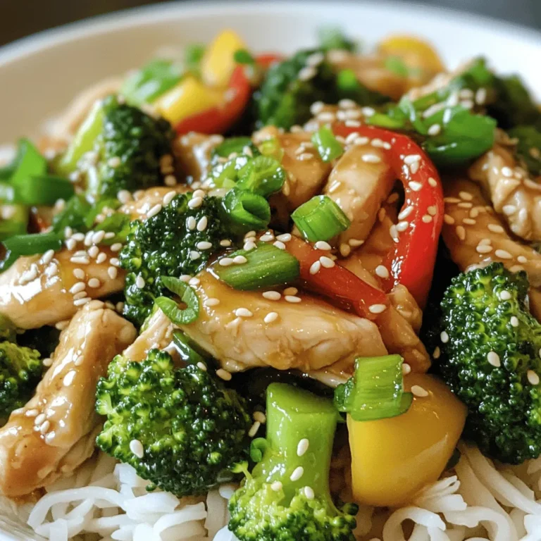 - 2 boneless, skinless chicken breasts - 2 cups fresh broccoli florets - 1 vibrant red bell pepper - 2 cloves garlic - 1 inch fresh ginger - 3 tablespoons soy sauce - 1 tablespoon oyster sauce - 1 tablespoon cornstarch - 1 tablespoon sesame oil - Salt and black pepper - Cooked rice or noodles - Optional garnishes (toasted sesame seeds, green onions) Gather these fresh ingredients and get ready to create a tasty dish. The chicken gives protein, while the broccoli adds nutrients. The red bell pepper brings a sweet crunch. Garlic and ginger boost flavor, making everything pop. For the sauce, soy sauce adds saltiness. Oyster sauce brings a rich depth of flavor. Cornstarch helps thicken the sauce and coat the chicken perfectly. Sesame oil adds a nutty note, enhancing the dish's overall taste. Pair your stir-fry with cooked rice or noodles for a complete meal. Optional garnishes like toasted sesame seeds and green onions make your dish look even better. They also add extra flavor and texture. Check out the [Full Recipe] for detailed steps to make this delicious meal! Start by marinating the chicken. In a medium bowl, mix sliced chicken with cornstarch and half of the soy sauce. Add a pinch of salt and black pepper. Stir until the chicken is well-coated. Let it marinate for about 15 minutes. While it marinates, prep your vegetables. Slice the red bell pepper into thin strips. Mince the garlic and grate the ginger. These fresh flavors will make your dish shine. Next, heat vegetable oil in a large skillet over medium-high heat. Once the oil is hot and shimmering, add the marinated chicken in a single layer. Cook it for about 5-7 minutes. Stir often until the chicken turns golden brown and is fully cooked. After cooking, remove the chicken from the skillet and set it aside on a plate. Without cleaning the skillet, add sesame oil. When the oil is hot, toss in the minced garlic and grated ginger. Sauté for around 30 seconds until the garlic becomes golden and fragrant. Then, add the broccoli florets and sliced red bell pepper. Stir-fry the veggies for 3-4 minutes. They should turn bright and tender-crisp. Now, return the cooked chicken to the skillet. Pour in the remaining soy sauce and the oyster sauce. Toss everything together well. Stir-fry for an additional 2 minutes. This helps blend all the flavors together. Taste your stir-fry and adjust seasoning if needed. Serve it hot over cooked rice or noodles. You can find the full recipe earlier in this article. To boost flavor, adjust the sauce to your taste. You can add a splash of rice vinegar for tanginess. A pinch of sugar helps balance the saltiness. For stir-frying, keep your heat high. This keeps the food crisp and prevents sogginess. Use a light hand when tossing to ensure even cooking. A good skillet or wok makes a big difference. A heavy-bottomed pan helps distribute heat evenly. Look for a non-stick surface, which makes cooking and cleanup easier. Use a spatula or wooden spoon to stir, as they won’t scratch your pan. Serving is key for appeal. Use a large, shallow bowl to show off the colors. Layer the chicken and veggies neatly over rice or noodles. Garnish with toasted sesame seeds and sliced green onions. This adds freshness and texture. Serve with chopsticks for an authentic touch. For more details, check out the Full Recipe. {{image_4}} You can easily make this dish vegetarian. Just swap the chicken for tofu or tempeh. Both options soak up flavors well and add great texture. When using tofu, press it first to remove excess moisture. For sauces, use hoisin sauce instead of oyster sauce to keep it vegetarian-friendly. This small change keeps the dish rich and tasty. Feel free to mix in other veggies. Carrots, snap peas, and bell peppers work great here. They add color and crunch. You can also use seasonal vegetables for fresh flavors. For example, zucchini or asparagus can brighten the stir-fry. Just adjust cooking time based on the vegetables you choose. Want to add a kick? Try adding chili flakes or a drizzle of sriracha. Both options give a nice heat that balances the flavors. You can also play with herbs and spices. Fresh basil or cilantro can add a unique twist. Don't be afraid to experiment with what you have at home. Each change can bring new life to the dish. For the full recipe, check out the previous section to get all the details! To keep leftovers fresh, store them in airtight containers. Glass or plastic containers work well. Make sure to let the stir-fry cool before sealing it. This helps prevent moisture buildup. You should refrigerate the stir-fry within two hours after cooking. It keeps its best taste and texture when stored properly. If you want to save some for later, you can freeze the stir-fry. Use freezer-safe containers or resealable bags. Remove as much air as possible to avoid freezer burn. It’s best to eat frozen stir-fry within three months. To enjoy it again, thaw it overnight in the fridge. Then, reheat it on the stove or in the microwave until it’s hot. When stored in the fridge, the stir-fry lasts about three to four days. Always check for signs of spoilage before eating. If it looks or smells off, it’s best not to consume it. To enjoy the best flavor and safety, eat your leftovers within this timeframe. If you don't have oyster sauce, you can use hoisin sauce. It has a sweet and savory taste. Soy sauce mixed with a bit of sugar can also work. This option gives a similar flavor but with a different texture. To keep your stir-fry gluten-free, use gluten-free soy sauce. Brands like tamari or coconut aminos are great choices. Make sure all other ingredients, like cornstarch and vegetable oil, are also gluten-free. Yes, you can prep this dish ahead of time. Cook the chicken and veggies, then store them in the fridge. When you are ready to eat, just reheat and serve over rice or noodles. To check if the chicken is done, cut a piece open. The meat should be white, not pink. You can also use a meat thermometer. The chicken should reach 165°F (75°C) for safe eating. This stir-fry goes well with jasmine rice or soba noodles. You can also serve it with a side of spring rolls or a simple cucumber salad. These sides add texture and balance to your meal. In this article, you learned how to make a delicious Chinese Chicken and Broccoli Stir-Fry. We covered key ingredients like chicken, broccoli, and a tasty sauce. You saw easy steps from preparation to cooking. There are tips for flavors, equipment, and even serving ideas. Plus, we explored variations to suit different tastes. Now, you can whip up this dish quickly and enjoy a meal any night. This recipe is simple, tasty, and full of options. Enjoy your cooking adventure!