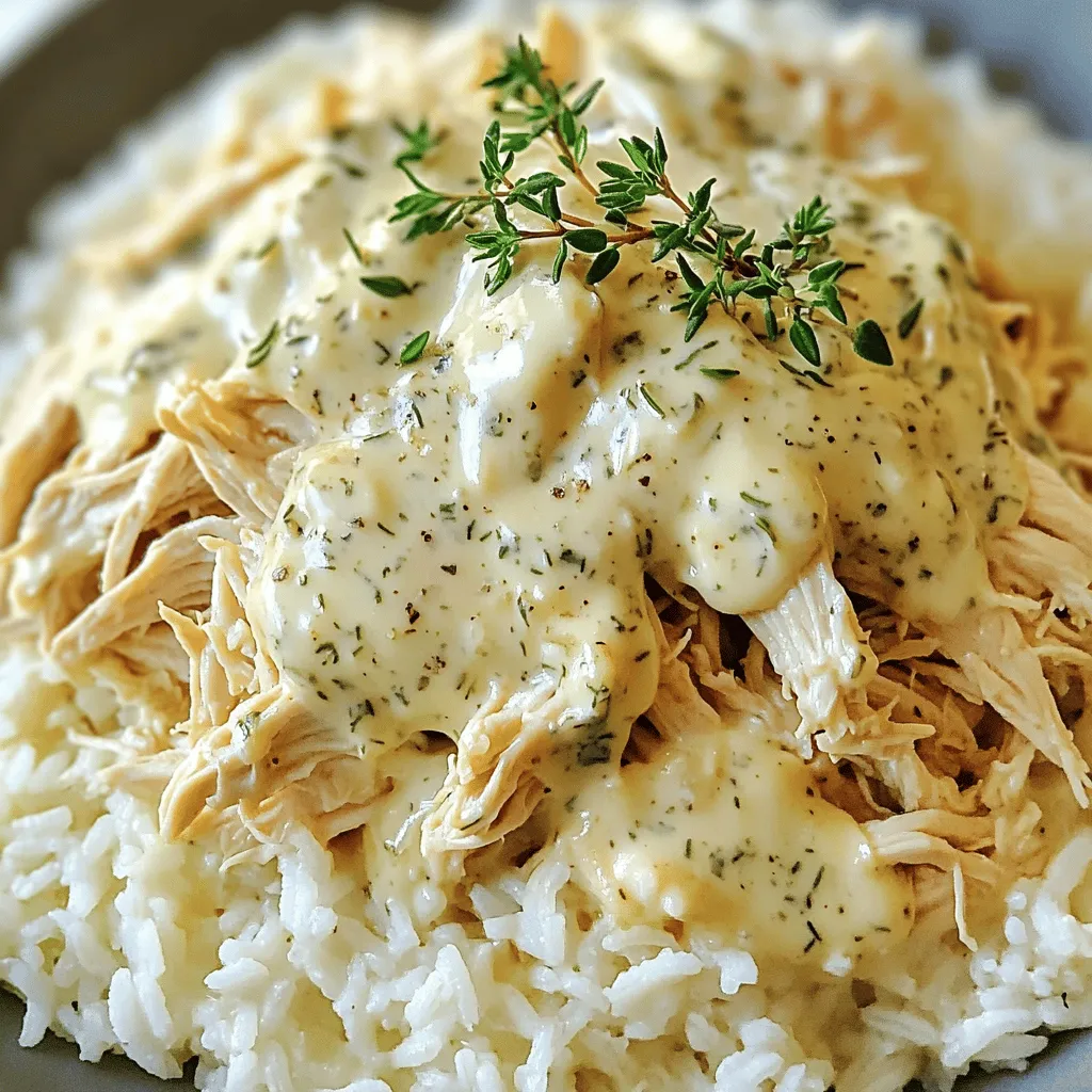 - 4 boneless, skinless chicken breasts - 1 can (10.5 oz) cream of chicken soup - 1 package (8 oz) cream cheese, softened - 1 packet (1 oz) ranch dressing mix - 1/2 cup low-sodium chicken broth - Garlic powder - Onion powder - Dried thyme - Salt and pepper - Fresh thyme sprigs for garnish - Slow cooker - Mixing bowl - Whisk - Measuring cups and spoons To make Crockpot Angel Chicken, gather these ingredients first. Start with the chicken breasts, which give the dish its heartiness. The cream of chicken soup and cream cheese create a rich and creamy sauce. The ranch dressing mix adds a nice kick. For additional flavor, use low-sodium chicken broth and a few spices. I like to add garlic and onion powders for depth. Dried thyme brings a lovely herbal note. You can adjust salt and pepper to taste. Fresh thyme sprigs add a beautiful touch when serving. Make sure you have a good slow cooker, mixing bowl, and some measuring tools. These tools will help you create a delicious meal with ease. Once you have everything ready, you can dive into the cooking process. If you want to check the full recipe, it lays everything out step-by-step. Start by placing the chicken in the crockpot evenly. Lay the chicken breasts flat, not overlapping. This helps them cook evenly. If they overlap, some pieces may not cook through. You want each bite to be tender and juicy. Next, mix the sauce. In a medium bowl, combine the cream of chicken soup and softened cream cheese. Use a whisk to blend them until smooth. Then, add the ranch dressing mix, chicken broth, garlic powder, onion powder, and dried thyme. Season with salt and pepper. Stir well to combine all the flavors. Now, pour the creamy sauce over the chicken. Make sure to coat each piece well. Cover the crockpot and set it on low for 6 to 7 hours or high for 3 to 4 hours. You know it is done when the chicken reaches 165°F. Shred the chicken directly in the crockpot with two forks. This lets the chicken soak up the sauce. Stir everything together to ensure the chicken is coated. Let it rest for a few minutes to thicken the sauce. For the full recipe, you can refer to the initial list of ingredients and instructions. To enhance the flavor of your Crockpot Angel Chicken, adjust the seasonings. You can add more garlic powder or a pinch of cayenne for some heat. Taste the sauce before cooking. If it needs more salt or herbs, add them. For the best texture, make sure to shred the chicken while it’s still warm. This ensures it absorbs the creamy sauce fully, making each bite delicious. Cooking time can change based on a few factors. The thickness of your chicken breasts plays a big role. Thicker pieces require more time. Your slow cooker model also affects cook time. Some cook faster than others. To check doneness, use a meat thermometer. The chicken should reach an internal temperature of 165°F. If you don’t have a thermometer, look for the chicken to be tender and easy to shred. When serving, spoon the angel chicken over fluffy rice or creamy mashed potatoes. This helps soak up the sauce. For a pop of color, garnish with fresh thyme sprigs. You can also sprinkle some chopped parsley for extra flair. Consider pairing your dish with a side of steamed green beans or broccoli. This makes your meal colorful and healthy. Enjoy your beautiful plate! {{image_4}} You can change the taste of Crockpot Angel Chicken easily. Adding different herbs and spices can make a big difference. Try mixing in fresh basil or oregano for a new twist. You can also sprinkle in some paprika or cayenne for a bit of heat. Incorporating vegetables makes this meal more complete. You can add carrots, bell peppers, or even spinach. Just chop them up and add them to the crockpot with the chicken. They will cook nicely in the creamy sauce and add extra flavor. If you want to try different proteins, there are many options. Turkey breast works well instead of chicken. You can also use tofu for a plant-based meal. Just make sure to cut it into cubes. For those who need dairy-free options, you can swap out the cream cheese. Use coconut cream or a dairy-free cream cheese. Check the labels to make sure they suit your diet. There are many fun ways to serve this dish. You can spoon the angel chicken over rice or mashed potatoes. It also goes great with pasta. For a twist, try serving it in a baked casserole dish. Just layer the chicken with some vegetables and top with cheese before baking. These variations keep the meal exciting and let you customize it to your taste. You can explore new flavors while keeping the creamy comfort of the original recipe. For the full recipe, check out the detailed instructions above. To keep your Crockpot Angel Chicken fresh, store it in the fridge. Place the chicken in an airtight container. This helps to prevent moisture loss and keeps flavors intact. Make sure it cools down before sealing it up. You can enjoy leftovers within three to four days. If you want to save it longer, freezing is a great option. Portion out the chicken into freezer-safe bags. Squeeze out as much air as possible before sealing. This helps keep the chicken from getting freezer burn. It can last up to three months in the freezer. When it's time to eat, thaw the chicken overnight in the fridge. For a quick option, you can use the microwave on the defrost setting. Reheat it gently on the stove or in the microwave until hot. In the fridge, your Crockpot Angel Chicken lasts about three to four days. If kept in the freezer, it stays good for about three months. Always check for any off smells or changes in color before eating. Crockpot Angel Chicken is perfect for meal prep. You can make a big batch to use for the week. This dish works well for lunches or quick dinners. You can pair it with rice, pasta, or veggies. Divide the portions into containers for easy grab-and-go meals. This saves time on busy days and keeps your meals tasty. Plus, it’s great for families or anyone who loves easy meals. Cooking time varies by setting. If you use low, it takes about 6 to 7 hours. On high, it cooks in about 3 to 4 hours. Your chicken should reach 165°F to be safe to eat. Yes, you can use frozen chicken. However, make sure to add extra cooking time. Cook on high for about 4 to 5 hours. Ensure the chicken reaches 165°F before serving. This keeps the meal safe and tasty. Crockpot Angel Chicken pairs well with many sides. Here are some ideas: - Fluffy rice - Creamy mashed potatoes - Steamed green beans - Fresh garden salad These sides balance the creamy chicken. They add color and nutrition to your meal. For more ideas, check the Full Recipe for tasty combinations! Crockpot Angel Chicken is easy and tasty. You need simple ingredients like chicken, cream soup, and cream cheese. Using a slow cooker makes the prep a breeze. Don’t forget to adjust flavors with spices and herbs. You can even switch up ingredients for different tastes. To enjoy your dish for days, store leftovers properly. This meal fits into busy weeks and meal prep plans. Now, you have all the tools and tips for a great dinner. Enjoy your cooking and happy eating!