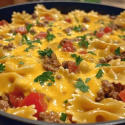 - 12 oz bowtie pasta - 1 lb ground beef - 1 medium onion, finely diced - 2 cloves garlic, minced - 1 can (14.5 oz) diced tomatoes with green chilies - 1 cup beef broth - 2 cups shredded sharp cheddar cheese - 1 teaspoon Italian seasoning - 1 teaspoon smoked paprika - Salt and black pepper to taste - 1 tablespoon extra-virgin olive oil - Fresh parsley, chopped (for garnish, optional) When measuring your ingredients, precision makes a big difference. For the pasta, use a kitchen scale if you have one. Weighing 12 oz gives you the right amount. For the ground beef, make sure to get lean meat. This helps keep your dish healthy. Use a medium onion, as it provides just the right flavor. Dice it finely for even cooking. Garlic should be minced for a strong taste. When using canned tomatoes, drain them slightly to avoid excess liquid. The beef broth adds depth, so measure exactly one cup. For the cheese, use sharp cheddar for a robust flavor. Lastly, season to your taste with salt and black pepper. You can swap the ground beef for turkey or chicken for a lighter option. If you prefer a vegetarian dish, use lentils or mushrooms instead. For cheese, mozzarella or pepper jack can work well too. You can also replace bowtie pasta with any pasta shape you like, such as penne or fusilli. Just adjust the cooking time as needed. Start by boiling a large pot of salted water. This step is key for flavor. Add the bowtie pasta when the water reaches a rolling boil. Cook it until al dente, following the package directions. This usually takes about 8-10 minutes. Once done, drain the pasta and set it aside. It will soak up the sauce later. In a large skillet, heat 1 tablespoon of extra-virgin olive oil over medium heat. When the oil shimmers, add the finely diced onion. Cook it for about 3-4 minutes. Stir in 2 cloves of minced garlic. You want the onion to soften and turn clear. This creates a tasty base for your beef. Now, add 1 pound of ground beef to the skillet. Use a spatula to break the meat into smaller pieces as it cooks. This helps it brown evenly. Cook for about 5-7 minutes until the beef is no longer pink. If there's too much fat, drain it from the skillet. This keeps the dish from being greasy. Next, stir in a can of diced tomatoes (14.5 oz) with green chilies. Pour in 1 cup of beef broth. Add 1 teaspoon of Italian seasoning and 1 teaspoon of smoked paprika. Season with salt and black pepper to taste. Bring this mixture to a gentle simmer. Let it cook for about 5 minutes. This allows the flavors to blend nicely. Reduce the heat to low. Add the drained bowtie pasta to your beef mixture. Stir well to ensure the pasta is evenly coated with the sauce. This step is crucial for flavor integration. You want every bite to be cheesy and rich. Now comes the best part—cheese! Gradually sprinkle in 2 cups of shredded sharp cheddar cheese. Stir continuously until the cheese melts and creates a creamy sauce. If the mixture seems too thick, add a bit more beef broth. This helps achieve the perfect consistency for your dish. Taste your dish and adjust the seasoning if needed. Add more salt or pepper if you like. Once satisfied, serve the cheesy beef and bowtie pasta hot. If you want to make it look nice, garnish with fresh parsley. This adds a bright touch to your delicious creation. For the full recipe, check out the detailed instructions above! To make sure your bowtie pasta is perfect, start with plenty of salted water. Bring it to a rolling boil before adding the pasta. This keeps the pasta from sticking. Stir it often while cooking. Aim for al dente, where the pasta is firm to the bite. This usually takes about 10-12 minutes. Once done, drain the pasta well and avoid rinsing. Rinsing washes away the starch that helps the sauce cling. To kick up the flavors of your cheesy beef and bowtie pasta, consider adding a few more spices. A pinch of red pepper flakes can add heat. Fresh herbs like basil or oregano elevate the taste too. You might also try a splash of Worcestershire sauce for richness. Just remember to taste as you go. This helps you find the perfect balance. Prep your ingredients before you cook. Chop your onions and garlic in advance. You can also measure out your spices and cheese ahead of time. This not only saves time but makes cooking less stressful. If you have leftover beef or cheese, use them in your next meal. This keeps your kitchen efficient and cuts down on waste. For more details, check the Full Recipe. {{image_4}} You can switch up the meat in this dish. Try ground turkey or chicken for a leaner option. If you want a vegetarian twist, use lentils or mushrooms instead of beef. These choices still give you a hearty meal. You can also use plant-based ground meat for a vegan version. Each swap brings a new flavor and texture to the dish. The sauce can change a lot with different cheeses. Instead of sharp cheddar, use mozzarella or pepper jack for a spicy kick. You can mix cheeses for a richer taste. For the tomato base, try a marinara or a creamy Alfredo sauce. Each variation can help you create a new experience. Don’t forget to adjust your spices to match the sauce. You can serve this dish with a side salad or garlic bread. Both options add nice textures and flavors. If you want to try something new, bake it in the oven. Just add more cheese on top and bake it until bubbly. This gives a fun twist to the meal, and it’s perfect for gatherings. You can also top it with fresh herbs for added color and taste. To keep your Cheesy Beef and Bowtie Pasta fresh, store it in an airtight container. Let it cool to room temperature before sealing. Refrigerate it within two hours of cooking. This helps preserve the flavors and texture. It can last in the fridge for up to three days. If you want to save some for later, freezing is a great option. Divide the pasta into single portions. Use freezer-safe bags or containers. Remove as much air as possible to prevent freezer burn. Label each bag with the date. You can freeze it for up to three months. When reheating, avoid a microwave if you can. Instead, use a skillet over medium heat. Add a splash of beef broth or water to keep it moist. Stir often to ensure even heating. You can also use the oven at 350°F. Cover it with foil to maintain moisture. This way, your pasta stays creamy and delicious. To make Cheesy Beef and Bowtie Pasta, follow these steps: 1. Cook the Pasta: Boil salted water. Add bowtie pasta. Cook until al dente. 2. Sauté Aromatics: Heat olive oil. Cook diced onion and minced garlic until soft. 3. Brown the Beef: Add ground beef. Cook until browned, breaking it up as it cooks. 4. Flavor the Mixture: Stir in diced tomatoes, beef broth, and seasonings. Simmer for 5 minutes. 5. Combine Pasta and Beef: Mix the cooked pasta with the beef mixture. 6. Incorporate Cheese: Add shredded cheddar cheese, stirring until melted and creamy. 7. Adjust Seasoning: Taste and add more salt or pepper if needed. 8. Serve and Garnish: Serve hot, garnished with parsley if desired. Yes, you can prepare this dish ahead of time. Cook the pasta and the beef mixture separately. Store them in the fridge. When you're ready to eat, combine and heat everything in a pot. This method keeps the pasta from becoming mushy. You can serve this dish with: - Garlic bread - A fresh garden salad - Steamed vegetables - Roasted Brussels sprouts These sides balance the richness of the pasta. To make Cheesy Beef and Bowtie Pasta healthier, consider these tips: - Use lean ground turkey instead of beef. - Add fresh spinach or kale for extra nutrients. - Use whole wheat pasta for more fiber. - Reduce the amount of cheese or use a lighter cheese option. You can transform leftovers in fun ways: - Mix with scrambled eggs for breakfast. - Make a pasta bake by adding more cheese and baking it. - Toss with extra veggies for a new dish. Yes! You can use other pasta shapes like: - Penne - Fusilli - Rotini These shapes will hold the sauce well and taste great. Absolutely! To scale the recipe: - Double or triple the ingredients based on the number of guests. - Use a large pot for cooking and a big serving dish. - Consider adding more vegetables to stretch the dish. For the full recipe, check out the instructions above. In this post, we explored a delicious Cheesy Beef and Bowtie Pasta recipe. We covered essential ingredients, measurement tips, and easy substitutions for flexibility. You learned step-by-step cooking instructions, along with helpful tips to enhance flavors and save time. For best results, remember to adjust seasoning to your taste. This dish is perfect for family meals, and the options for variations are endless. Enjoy creating this comforting meal that everyone will love!