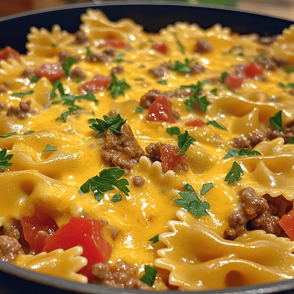 - 12 oz bowtie pasta - 1 lb ground beef - 1 medium onion, finely diced - 2 cloves garlic, minced - 1 can (14.5 oz) diced tomatoes with green chilies - 1 cup beef broth - 2 cups shredded sharp cheddar cheese - 1 teaspoon Italian seasoning - 1 teaspoon smoked paprika - Salt and black pepper to taste - 1 tablespoon extra-virgin olive oil - Fresh parsley, chopped (for garnish, optional) When measuring your ingredients, precision makes a big difference. For the pasta, use a kitchen scale if you have one. Weighing 12 oz gives you the right amount. For the ground beef, make sure to get lean meat. This helps keep your dish healthy. Use a medium onion, as it provides just the right flavor. Dice it finely for even cooking. Garlic should be minced for a strong taste. When using canned tomatoes, drain them slightly to avoid excess liquid. The beef broth adds depth, so measure exactly one cup. For the cheese, use sharp cheddar for a robust flavor. Lastly, season to your taste with salt and black pepper. You can swap the ground beef for turkey or chicken for a lighter option. If you prefer a vegetarian dish, use lentils or mushrooms instead. For cheese, mozzarella or pepper jack can work well too. You can also replace bowtie pasta with any pasta shape you like, such as penne or fusilli. Just adjust the cooking time as needed. Start by boiling a large pot of salted water. This step is key for flavor. Add the bowtie pasta when the water reaches a rolling boil. Cook it until al dente, following the package directions. This usually takes about 8-10 minutes. Once done, drain the pasta and set it aside. It will soak up the sauce later. In a large skillet, heat 1 tablespoon of extra-virgin olive oil over medium heat. When the oil shimmers, add the finely diced onion. Cook it for about 3-4 minutes. Stir in 2 cloves of minced garlic. You want the onion to soften and turn clear. This creates a tasty base for your beef. Now, add 1 pound of ground beef to the skillet. Use a spatula to break the meat into smaller pieces as it cooks. This helps it brown evenly. Cook for about 5-7 minutes until the beef is no longer pink. If there's too much fat, drain it from the skillet. This keeps the dish from being greasy. Next, stir in a can of diced tomatoes (14.5 oz) with green chilies. Pour in 1 cup of beef broth. Add 1 teaspoon of Italian seasoning and 1 teaspoon of smoked paprika. Season with salt and black pepper to taste. Bring this mixture to a gentle simmer. Let it cook for about 5 minutes. This allows the flavors to blend nicely. Reduce the heat to low. Add the drained bowtie pasta to your beef mixture. Stir well to ensure the pasta is evenly coated with the sauce. This step is crucial for flavor integration. You want every bite to be cheesy and rich. Now comes the best part—cheese! Gradually sprinkle in 2 cups of shredded sharp cheddar cheese. Stir continuously until the cheese melts and creates a creamy sauce. If the mixture seems too thick, add a bit more beef broth. This helps achieve the perfect consistency for your dish. Taste your dish and adjust the seasoning if needed. Add more salt or pepper if you like. Once satisfied, serve the cheesy beef and bowtie pasta hot. If you want to make it look nice, garnish with fresh parsley. This adds a bright touch to your delicious creation. For the full recipe, check out the detailed instructions above! To make sure your bowtie pasta is perfect, start with plenty of salted water. Bring it to a rolling boil before adding the pasta. This keeps the pasta from sticking. Stir it often while cooking. Aim for al dente, where the pasta is firm to the bite. This usually takes about 10-12 minutes. Once done, drain the pasta well and avoid rinsing. Rinsing washes away the starch that helps the sauce cling. To kick up the flavors of your cheesy beef and bowtie pasta, consider adding a few more spices. A pinch of red pepper flakes can add heat. Fresh herbs like basil or oregano elevate the taste too. You might also try a splash of Worcestershire sauce for richness. Just remember to taste as you go. This helps you find the perfect balance. Prep your ingredients before you cook. Chop your onions and garlic in advance. You can also measure out your spices and cheese ahead of time. This not only saves time but makes cooking less stressful. If you have leftover beef or cheese, use them in your next meal. This keeps your kitchen efficient and cuts down on waste. For more details, check the Full Recipe. {{image_4}} You can switch up the meat in this dish. Try ground turkey or chicken for a leaner option. If you want a vegetarian twist, use lentils or mushrooms instead of beef. These choices still give you a hearty meal. You can also use plant-based ground meat for a vegan version. Each swap brings a new flavor and texture to the dish. The sauce can change a lot with different cheeses. Instead of sharp cheddar, use mozzarella or pepper jack for a spicy kick. You can mix cheeses for a richer taste. For the tomato base, try a marinara or a creamy Alfredo sauce. Each variation can help you create a new experience. Don’t forget to adjust your spices to match the sauce. You can serve this dish with a side salad or garlic bread. Both options add nice textures and flavors. If you want to try something new, bake it in the oven. Just add more cheese on top and bake it until bubbly. This gives a fun twist to the meal, and it’s perfect for gatherings. You can also top it with fresh herbs for added color and taste. To keep your Cheesy Beef and Bowtie Pasta fresh, store it in an airtight container. Let it cool to room temperature before sealing. Refrigerate it within two hours of cooking. This helps preserve the flavors and texture. It can last in the fridge for up to three days. If you want to save some for later, freezing is a great option. Divide the pasta into single portions. Use freezer-safe bags or containers. Remove as much air as possible to prevent freezer burn. Label each bag with the date. You can freeze it for up to three months. When reheating, avoid a microwave if you can. Instead, use a skillet over medium heat. Add a splash of beef broth or water to keep it moist. Stir often to ensure even heating. You can also use the oven at 350°F. Cover it with foil to maintain moisture. This way, your pasta stays creamy and delicious. To make Cheesy Beef and Bowtie Pasta, follow these steps: 1. Cook the Pasta: Boil salted water. Add bowtie pasta. Cook until al dente. 2. Sauté Aromatics: Heat olive oil. Cook diced onion and minced garlic until soft. 3. Brown the Beef: Add ground beef. Cook until browned, breaking it up as it cooks. 4. Flavor the Mixture: Stir in diced tomatoes, beef broth, and seasonings. Simmer for 5 minutes. 5. Combine Pasta and Beef: Mix the cooked pasta with the beef mixture. 6. Incorporate Cheese: Add shredded cheddar cheese, stirring until melted and creamy. 7. Adjust Seasoning: Taste and add more salt or pepper if needed. 8. Serve and Garnish: Serve hot, garnished with parsley if desired. Yes, you can prepare this dish ahead of time. Cook the pasta and the beef mixture separately. Store them in the fridge. When you're ready to eat, combine and heat everything in a pot. This method keeps the pasta from becoming mushy. You can serve this dish with: - Garlic bread - A fresh garden salad - Steamed vegetables - Roasted Brussels sprouts These sides balance the richness of the pasta. To make Cheesy Beef and Bowtie Pasta healthier, consider these tips: - Use lean ground turkey instead of beef. - Add fresh spinach or kale for extra nutrients. - Use whole wheat pasta for more fiber. - Reduce the amount of cheese or use a lighter cheese option. You can transform leftovers in fun ways: - Mix with scrambled eggs for breakfast. - Make a pasta bake by adding more cheese and baking it. - Toss with extra veggies for a new dish. Yes! You can use other pasta shapes like: - Penne - Fusilli - Rotini These shapes will hold the sauce well and taste great. Absolutely! To scale the recipe: - Double or triple the ingredients based on the number of guests. - Use a large pot for cooking and a big serving dish. - Consider adding more vegetables to stretch the dish. For the full recipe, check out the instructions above. In this post, we explored a delicious Cheesy Beef and Bowtie Pasta recipe. We covered essential ingredients, measurement tips, and easy substitutions for flexibility. You learned step-by-step cooking instructions, along with helpful tips to enhance flavors and save time. For best results, remember to adjust seasoning to your taste. This dish is perfect for family meals, and the options for variations are endless. Enjoy creating this comforting meal that everyone will love!