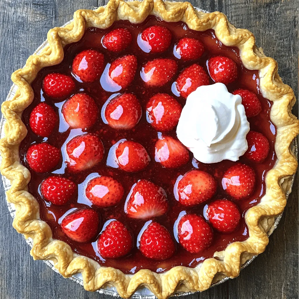 Fresh strawberries are the star here. You need 2 cups of hulled and sliced strawberries. They add a bright flavor and natural sweetness that is just perfect. Next, grab 1 ½ cups of strawberry preserves. This adds a rich, fruity base to the pie. For a little zing, use 1 tablespoon of lemon juice. It balances the sweetness and brightens the flavor. You will also need 2 tablespoons of cornstarch. This helps to thicken the filling so it holds together well. Add 1 tablespoon of granulated sugar for extra sweetness. Don’t forget 1 teaspoon of vanilla extract. This makes the pie taste even better with its warm notes. For the crust, you can use 1 pre-made pie crust. This saves time and gets you to the yummy part faster. Lastly, consider whipped cream for serving. It adds a creamy touch that pairs well with the sweet strawberries. Here’s a quick list of what you need: - Fresh strawberries: 2 cups - Strawberry preserves: 1 ½ cups - Lemon juice: 1 tablespoon - Cornstarch: 2 tablespoons - Granulated sugar: 1 tablespoon - Vanilla extract: 1 teaspoon - Pie crust: 1 pre-made crust - Optional: Whipped cream for serving This full recipe makes a delightful treat that’s easy and tasty! - Preheat oven to 425°F (220°C). - Prepare homemade or store-bought pie crust. Let’s start by getting your oven nice and hot. Preheating it to 425°F (220°C) ensures the crust bakes perfectly. If you choose to make a homemade crust, roll it out and place it in a 9-inch pie plate. Use your fingers to crimp the edges. If you prefer store-bought, just fit it into the pie plate as the package says. - Combine preserves, lemon juice, cornstarch, sugar, and vanilla in a saucepan. - Stir until thickened (5-7 minutes). Next, let’s make that sweet strawberry filling! Grab a medium saucepan. Add the strawberry preserves, lemon juice, cornstarch, sugar, and vanilla extract. Heat it over medium. Stir it well until it starts to bubble and thicken, which takes about 5 to 7 minutes. This mixture will be the heart of your pie. - Fold in sliced strawberries. - Pour mixture into the pie crust. - Bake until golden brown (20-25 minutes). Now, fold in the sliced strawberries. Make sure every slice gets coated in the sauce. Then, carefully pour this tasty mixture into your prepared pie crust. Use a spatula to spread it evenly. Place the pie in the oven and bake it for 20 to 25 minutes. You want the crust to turn golden brown and the filling to bubble happily. - Allow pie to cool on a wire rack. - Serve with whipped cream. Once baked, take the pie out and let it cool on a wire rack. This cooling time helps the pie set. Let it cool for at least 1 hour. When you’re ready to serve, add a generous dollop of whipped cream on each slice. This makes each bite even more delicious! To make a great strawberry pie, you need ripe strawberries. Look for berries that are bright red and firm. Avoid any with dark spots or mushy parts. These signs show the fruit is past its prime. When you get home, wash the strawberries gently under cool water. Pat them dry with a clean towel. Remove the green tops and slice them into even pieces. This helps them mix well with the filling. A flaky pie crust makes your pie shine. For a great crust, keep your butter cold and work quickly. If you use a store-bought crust, make sure to fit it tightly in the pie plate. This helps avoid a soggy bottom. If you make your crust, roll it out evenly. Prick the bottom with a fork to let steam escape while baking. This simple step keeps your crust crisp. Presentation matters! Cut the pie into neat wedges for serving. Place each slice on a pretty plate. A sprig of fresh mint adds a nice touch. It brings color and freshness. You can pair the pie with whipped cream for extra creaminess. Ice cream is also a great match. These options make each bite a delightful experience. {{image_4}} If you want a gluten-free pie, you have choices. For the crust, try almond flour or gluten-free flour blends. You can make a simple crust using crushed gluten-free cookies mixed with butter. This gives a sweet and nutty flavor. To ensure your filling is safe, check that your strawberry preserves are gluten-free. Most brands are, but it's good to read the label. For a vegan version of this pie, you can swap out eggs and dairy. Use a plant-based milk in place of dairy. You can also use flaxseed meal to replace eggs. Simply mix one tablespoon of flaxseed meal with three tablespoons of water. Let it sit for a few minutes until it thickens. For the crust, try a homemade vegan pie crust. Combine flour, coconut oil, and water. This creates a flaky and tasty base. Want to add a twist to your pie? Try adding other fruits like blueberries or rhubarb. Blueberries bring a sweet burst, while rhubarb adds a tangy kick. You can also infuse flavors with herbs or spices. Basil gives a fresh taste, while ginger adds warmth. Experiment with small amounts first to find your favorite mix. For the full recipe, check out the Delicious Strawberry Pie section above. Enjoy making your pie your way! To keep your leftover strawberry pie fresh, refrigerate it. Place the pie in a covered dish. If you don't have a lid, use plastic wrap. This helps keep moisture in and prevents the pie from drying out. Try to eat the pie within three days for the best taste. The longer it sits, the more the crust may get soggy. You can freeze strawberry pie for later enjoyment! First, let the pie cool completely. Wrap it in plastic wrap, then in aluminum foil. This double layer helps protect the pie from freezer burn. It should keep well for up to three months. When you're ready to eat it, thaw the pie in the fridge overnight. To warm it up, bake it at 350°F (175°C) for about 15-20 minutes. This helps restore its texture and flavor. Enjoy your pie just like when it was fresh! Yes, you can use frozen strawberries for this pie. They work well, but they have some extra water. This can make the filling a bit runny. To fix this, thaw the strawberries first. Drain any extra juice to keep the filling thick. Using frozen strawberries can save time and still give you tasty pie. To check if your pie is done, look for a golden-brown crust. The filling should also bubble. This bubbling means the fruit and syrup are hot and ready. If you see this, your pie is likely done. Let it cool before slicing. This helps the filling set nicely. Yes, you can make the pie ahead of time. After baking, let it cool fully. Cover it with plastic wrap or foil. Store it in the fridge for up to three days. You can also freeze it for longer storage. Just make sure to thaw it overnight in the fridge before serving. For the best taste, serve it fresh if you can. For the complete recipe, check out the Full Recipe. Making the best strawberry pie is fun and simple. You need fresh strawberries, preserves, and a good crust. Start by preparing your ingredients and cooking your filling. Then bake and enjoy! Remember, selecting ripe strawberries and using a flaky crust are key. Don’t hesitate to try variations like vegan options or tasty additions. Store leftovers carefully and savor this delightful treat for days. Enjoy your strawberry pie adventure!