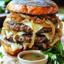 - 1 lb ground beef (80/20 blend) - 1 large onion, thinly sliced - Swiss cheese - 4 brioche burger buns - 2 tablespoons unsalted butter - 1 tablespoon olive oil - 1 teaspoon sugar - 1 teaspoon salt - 1/2 teaspoon freshly cracked black pepper - 1 teaspoon dried thyme - 1 cup beef broth - 1 tablespoon Worcestershire sauce - Garnish with fresh parsley - Serve with fries or a simple salad When making French onion soup burgers, the right ingredients are key. The ground beef must have enough fat to stay juicy. I recommend an 80/20 blend. This blend gives you the best flavor and moisture. The onions are equally important. You want them sweet and caramelized. Thinly slice a large onion. This way, they cook evenly. Caramelizing them takes time but is worth it. Swiss cheese melts well. It adds a creamy texture to the burger. Use fresh brioche buns for a touch of sweetness. They hold up well when loaded with toppings. For seasoning, I like to keep it simple. Use unsalted butter and olive oil to cook the onions. Sugar helps with caramelization. Salt and pepper enhance the beef's natural flavors. Dried thyme adds a subtle earthiness. Don’t forget the beef broth and Worcestershire sauce. They add depth and richness to the onions. Finally, fresh parsley gives a vibrant look and taste. For a complete meal, serve the burgers with crispy fries or a fresh salad. These sides balance the richness of the burgers. For the full recipe, check out the cooking instructions. To start, you need to cook the onions. I use a large skillet for this. First, melt 2 tablespoons of unsalted butter and 1 tablespoon of olive oil together over medium heat. This mix gives the onions a rich flavor. Next, add 1 large, thinly sliced onion to the skillet. To help them caramelize, sprinkle 1 teaspoon of sugar and 1 teaspoon of salt over the onions. Stir them well to coat. Cook for about 15 to 20 minutes. Stir often to prevent burning. You want the onions to turn a nice golden brown. This brings out their sweet taste. For a perfect caramelization, keep the heat steady. If the onions cook too fast, they may burn. If they cook too slow, they won't brown. Patience is key here. While the onions cook, it's time to shape the burger patties. Take 1 pound of ground beef, preferably an 80/20 blend. This blend gives juicy burgers. Shape the beef into four equal patties. Each one should be about 3/4 inch thick. Season each side with 1 teaspoon of salt, 1/2 teaspoon of black pepper, and 1 teaspoon of dried thyme. These spices add depth to the flavor. Now, let’s cook the patties. You can use a grill or a skillet. I prefer grilling for that smoky taste. Preheat it over medium-high heat. Once hot, place the patties on the grill. Cook for about 4 to 5 minutes on each side. You want them to reach your desired doneness. In the last minute of cooking, add a slice of Swiss cheese on each patty. Cover the grill or skillet. This helps the cheese melt perfectly. Now comes the fun part: assembling your burgers! Start with the bottom half of each brioche bun. Place a burger patty on top. Next, spoon a generous amount of your caramelized onions over the melted cheese. Don’t skimp on the onions; they are the star here! Finally, cap each burger with the top half of the brioche bun. For a gourmet touch, serve the burgers with some extra caramelized onions and a small bowl of broth for dipping. Enjoy every bite! For the complete recipe, check the Full Recipe. To make your French onion soup burgers even better, try adding more spices. A pinch of smoked paprika can add warmth. Fresh herbs like thyme or rosemary will boost the taste. You can also stir in some garlic powder for a deeper flavor. For a twist, consider using Gruyère cheese instead of Swiss. It adds a rich, nutty flavor. You can also mix in sautéed mushrooms for an earthy touch. These ingredients give your burgers that classic French onion soup taste. Making juicy burgers is all about technique. Start with high-fat ground beef, like an 80/20 blend. This fat keeps the meat moist. When shaping patties, make a small dent in the center. This helps them cook evenly. When cooking, avoid pressing down on the patties. This keeps the juices inside. To check doneness, use a meat thermometer. Aim for 160°F for medium doneness. If you like it less cooked, adjust the time. Let them rest a few minutes before serving. This keeps them juicy. Serving your burgers in style makes a big difference. Place the burger on a nice plate and drizzle some of the onion broth around it. This adds color and looks fancy. You can also add a small bowl of extra caramelized onions for dipping. For side dishes, consider crispy fries or a fresh salad. A light drink, like iced tea or sparkling water, pairs well. Add a sprig of parsley on each plate for a pop of green. This makes your meal look as good as it tastes. {{image_4}} For a meat-free version, use plant-based ground meat. Brands like Beyond Meat work well. You can also swap Swiss cheese for a dairy-free option. Try cashew cheese or vegan mozzarella. Top with fresh spinach or avocado for added texture. Grilled mushrooms also add a savory touch. Boost the taste with toppings like sautéed mushrooms or crispy bacon. These add depth and crunch. Experiment with different cheeses too. Gruyère melts beautifully and adds a nutty flavor. Cheddar brings a sharpness that pairs nicely with the soup flavors. Add global flavors to your burger. Try using spicy kimchi for a Korean kick. You can also use chimichurri sauce for a fresh Argentine touch. A hint of curry powder in the beef gives an Indian flavor profile. These simple tweaks can change the taste entirely. For more ideas, check out the Full Recipe. To keep your French Onion Soup Burgers fresh, store them properly. First, separate the burger patties from the buns and onions. This helps avoid soggy bread. Place the patties in an airtight container. Wrap the buns in plastic wrap or foil. Store the caramelized onions in a separate container. This keeps the flavors intact. - Burger Patties: Airtight container. - Brioche Buns: Wrap in plastic wrap or foil. - Caramelized Onions: Store in a separate container. Store all components in the fridge. They will stay fresh for up to three days. When you're ready to enjoy your leftovers, reheating is key. For best results, use the oven or stovetop. This method keeps the patties juicy. 1. Oven Method: Preheat the oven to 350°F (175°C). Place the patties on a baking sheet. Cover them with foil to keep moisture in. Heat for about 10 minutes. 2. Stovetop Method: Heat a skillet over medium heat. Add a small amount of water or broth. Place the patties in the skillet. Cover with a lid for a few minutes. This method helps retain juiciness. Freezing your French Onion Soup Burgers is easy. First, let the cooked patties and onions cool completely. Then, place the patties in freezer-safe bags. Remove as much air as possible to prevent freezer burn. For the onions, use a rigid container. - Cooked Patties: Place in freezer-safe bags. - Caramelized Onions: Store in a rigid container. To defrost, place the patties in the fridge overnight. For the onions, you can microwave them in short bursts. This keeps their flavor and texture. Enjoy your meal anytime by following these tips! For the full recipe, check out the link above. Yes, you can use ground turkey in this recipe. Ground turkey is leaner than beef. This may affect the flavor and juiciness. To keep the turkey moist, add a bit of olive oil or some broth to the meat. You might also want to increase the seasoning to enhance the taste. Ground turkey works well, but it will create a different burger experience. To make this recipe gluten-free, start with gluten-free brioche buns. Many brands offer tasty gluten-free options in stores. Check the labels to ensure they are safe for your diet. For the broth, use gluten-free beef broth. Lastly, watch for any hidden gluten in seasonings and sauces. This way, you can enjoy this burger without worry. A great wine to pair with French Onion Soup Burgers is a medium-bodied red wine. Merlot or Pinot Noir works well. These wines complement the savory flavors of the beef and cheese. If you prefer white wine, try a dry Riesling. It balances the richness of the burger. Enjoying a glass with your meal makes it feel more special. For the full recipe, click here. This blog post covered how to make delicious French Onion Soup Burgers. We discussed the main ingredients, like ground beef and Swiss cheese. You learned the steps to caramelize onions, shape patties, and assemble these tasty burgers. I shared tips on flavor enhancements and how to present them well. Remember, there are plenty of variations to explore, from vegetarian options to international flavors. In the end, this burger is not just a meal; it’s a way to impress your family and friends. Enjoy the cooking process!