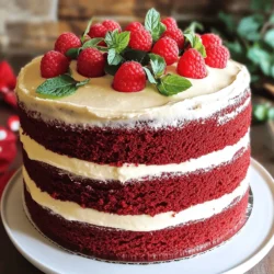 To make a tasty red velvet cake, you need these key items: - 2 ½ cups all-purpose flour - 1 ½ cups granulated sugar - 1 teaspoon baking soda - 1 teaspoon baking powder - 1 teaspoon salt - 1 teaspoon unsweetened cocoa powder - 1 ½ cups vegetable oil - 1 cup buttermilk, at room temperature - 2 large eggs, at room temperature - 2 tablespoons red food coloring - 1 teaspoon vanilla extract - 1 teaspoon white vinegar These ingredients work together to create a moist, rich cake with that signature red hue. For the frosting, gather these items: - 1 cup cream cheese, softened - ½ cup unsalted butter, softened - 4 cups powdered sugar - 1 teaspoon vanilla extract (for frosting) This creamy frosting adds a sweet, tangy contrast to the cake's flavor. Choosing the right ingredients makes a big difference. Here are some tips: - All-purpose flour: Look for unbleached flour for better taste. - Buttermilk: Fresh buttermilk makes the cake tender. - Red food coloring: Use gel food coloring for a vibrant color. - Vanilla extract: Pure vanilla extract offers richer flavor than imitation. - Cream cheese: Use full-fat cream cheese for a rich, creamy frosting. By selecting the best ingredients, you ensure a delicious cake that everyone will love. For the complete process, check out the Full Recipe. Start by preheating your oven to 350°F (175°C). This ensures even baking. While waiting, prepare two 9-inch round cake pans. Grease them with butter and dust with flour. This will help the cakes come out easily. In a large mixing bowl, sift together these dry ingredients: - 2 ½ cups all-purpose flour - 1 ½ cups granulated sugar - 1 teaspoon baking soda - 1 teaspoon baking powder - 1 teaspoon salt - 1 teaspoon unsweetened cocoa powder Sifting helps blend the ingredients and removes lumps. Mix them well with a whisk. In another bowl, whisk together: - 1 ½ cups vegetable oil - 1 cup buttermilk, at room temperature - 2 large eggs, at room temperature - 2 tablespoons red food coloring - 1 teaspoon vanilla extract - 1 teaspoon white vinegar Keep whisking until the mixture is smooth and vibrant. Carefully pour the wet ingredients into the dry ingredients. Stir gently until just combined. Pour the rich red batter into the prepared pans. Smooth the tops with a spatula. Bake for 25-30 minutes. Check doneness by inserting a toothpick in the center. It should come out clean. Let the cakes cool in the pans for about 10 minutes. Then, transfer them to wire racks until fully cool. For the frosting, mix together: - 1 cup cream cheese, softened - ½ cup unsalted butter, softened Beat these until smooth and creamy, about 2-3 minutes. Gradually add: - 4 cups powdered sugar - 1 teaspoon vanilla extract (for frosting) Continue to beat until the frosting is light and fluffy. Once the cakes are cool, place one layer on your serving plate. Spread a generous amount of cream cheese frosting on top. Place the second cake layer on top and cover the entire cake with the remaining frosting. For a beautiful finish, add fresh raspberries and mint leaves on top. This gives a nice pop of color and flavor. Enjoy the delightful process of creating this Red Velvet Dream Cake following the [Full Recipe]. Baking can be tricky. Here are some mistakes to watch out for: - Not measuring ingredients correctly: Always use a scale or measuring cups. - Over-mixing the batter: Mix until just combined for a soft cake. - Skipping the cooling step: Let your cakes cool fully to avoid a gooey mess. - Not using room temperature ingredients: Cold eggs and buttermilk can affect the batter. The red color is key to red velvet cake. Here are my tips: - Use gel food coloring: It gives a deeper color than liquid dye. - Add vinegar: It enhances the red hue during baking. - Don't skip the cocoa powder: A small amount boosts the color and flavor. - Test the color: Adjust the food coloring if needed before baking. Frosting can make or break your cake. Follow these tips: - Use a crumb coat: Spread a thin layer of frosting first. This traps crumbs. - Keep it smooth: Use a spatula dipped in hot water to smooth the frosting. - Layer your frosting: Add more frosting between each cake layer for balance. - Decorate with care: Use fresh raspberries and mint leaves for a beautiful touch. For a full recipe, check out Red Velvet Dream Cake. {{image_4}} You can easily make a vegan version of red velvet cake. Start by replacing the eggs with flaxseed meal or applesauce. Use a dairy-free milk like almond or soy instead of buttermilk. For the cream cheese frosting, opt for vegan cream cheese and vegan butter. This way, everyone can enjoy this classic treat without any animal products! If you need a gluten-free red velvet cake, swap all-purpose flour for a gluten-free blend. Many brands work well, so choose one that fits your taste. Make sure your baking powder is gluten-free too. This will keep your cake light and fluffy just like the traditional version. Adding unique flavors can elevate your red velvet cake. Try mixing in a splash of almond extract for a nutty twist. You can also add a bit more cocoa for a richer chocolate taste. If you want a surprise, consider folding in mini chocolate chips or even crushed raspberries. These additions can make your cake stand out and taste amazing! For the full recipe, check out the Red Velvet Dream Cake. To keep your red velvet cake fresh, wrap it in plastic wrap. Place it in an airtight container. You can also use a cake dome if you have one. This method helps keep the cake moist. Store it at room temperature for up to three days. If you want it to last longer, store it in the fridge. Just remember to bring it back to room temperature before serving. Freezing your red velvet cake is a great option. First, let the cake cool completely. Then, slice it into individual pieces. Wrap each piece in plastic wrap tightly. Place the wrapped pieces in a freezer bag and remove as much air as you can. Label the bag with the date. You can freeze the cake for up to three months. When you're ready to eat it, thaw it in the fridge overnight. Homemade red velvet cake lasts well when stored properly. At room temperature, it stays fresh for about three days. In the fridge, it can last up to a week. If you freeze it, you can enjoy it for up to three months. Always check for any signs of spoilage, like mold or an off smell, before eating. Following these tips will help you enjoy your cake longer! For the full recipe, check out the Red Velvet Dream Cake section. Red velvet cake has a rich history. It likely began in the 1800s. The cake's name comes from its soft, velvety texture and deep red color. Some think the red hue comes from cocoa powder's reaction with acid. Others say it was a result of using beet juice. This cake gained fame in the 1920s when it appeared in a Waldorf-Astoria recipe. Now, it’s a popular treat at many celebrations, especially on Valentine’s Day. If your red velvet cake turns out dry, don’t worry. You can fix it! The key is to add moisture. Try these tips: - Simple Syrup: Brush the cooled cake layers with a simple syrup made of equal parts water and sugar. - Frosting: Use a generous amount of cream cheese frosting to add moisture. - Serve with Ice Cream: This also helps bring back that moist texture. Yes, you can use different food coloring options for red velvet cake. While red is classic, you can experiment! Here are some ideas: - Natural Dyes: Use beet juice for a natural red hue. - Gel Food Coloring: This gives a brighter color and requires less. - Other Colors: Try blue or green for fun twists. Just remember, the flavor may change slightly with different colors. Serving red velvet cake can be fun! Here are some ideas: - Chilled: Serve it cold for a refreshing treat. - Garnish: Add fresh raspberries and mint leaves for color. - Pair with Drinks: It goes great with coffee or sweet tea. - Layered Dessert: Cut it into smaller pieces and serve in jars with extra frosting. Finding the best red velvet cake can be an adventure! Here are some tips: - Local Bakeries: Check out bakeries known for cakes. - Farmers’ Markets: Local bakers often showcase their best creations. - Online: Many bakeries offer delivery. Look for reviews before ordering. - Chain Stores: Some grocery stores have good options. Just check the freshness! For the full recipe, dive into the delightful details and create your own red velvet masterpiece! Red velvet cake is a delight that combines rich flavors and vibrant colors. In this post, I shared essential ingredients and provided clear steps to bake your own. You learned about common mistakes and ways to customize your cake, plus tips for storage. Remember, using quality ingredients makes a big difference. Enjoy experimenting with variations and create a cake that impresses everyone.