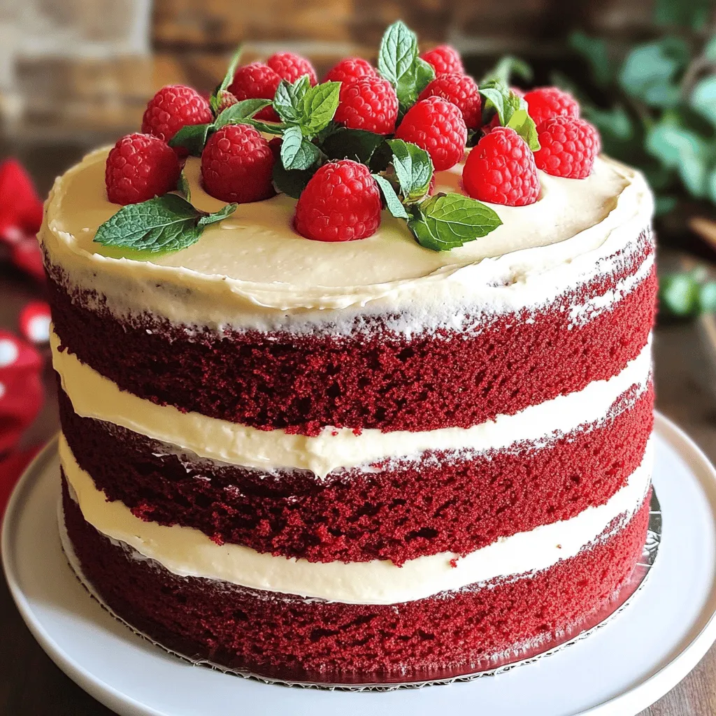 To make a tasty red velvet cake, you need these key items: - 2 ½ cups all-purpose flour - 1 ½ cups granulated sugar - 1 teaspoon baking soda - 1 teaspoon baking powder - 1 teaspoon salt - 1 teaspoon unsweetened cocoa powder - 1 ½ cups vegetable oil - 1 cup buttermilk, at room temperature - 2 large eggs, at room temperature - 2 tablespoons red food coloring - 1 teaspoon vanilla extract - 1 teaspoon white vinegar These ingredients work together to create a moist, rich cake with that signature red hue. For the frosting, gather these items: - 1 cup cream cheese, softened - ½ cup unsalted butter, softened - 4 cups powdered sugar - 1 teaspoon vanilla extract (for frosting) This creamy frosting adds a sweet, tangy contrast to the cake's flavor. Choosing the right ingredients makes a big difference. Here are some tips: - All-purpose flour: Look for unbleached flour for better taste. - Buttermilk: Fresh buttermilk makes the cake tender. - Red food coloring: Use gel food coloring for a vibrant color. - Vanilla extract: Pure vanilla extract offers richer flavor than imitation. - Cream cheese: Use full-fat cream cheese for a rich, creamy frosting. By selecting the best ingredients, you ensure a delicious cake that everyone will love. For the complete process, check out the Full Recipe. Start by preheating your oven to 350°F (175°C). This ensures even baking. While waiting, prepare two 9-inch round cake pans. Grease them with butter and dust with flour. This will help the cakes come out easily. In a large mixing bowl, sift together these dry ingredients: - 2 ½ cups all-purpose flour - 1 ½ cups granulated sugar - 1 teaspoon baking soda - 1 teaspoon baking powder - 1 teaspoon salt - 1 teaspoon unsweetened cocoa powder Sifting helps blend the ingredients and removes lumps. Mix them well with a whisk. In another bowl, whisk together: - 1 ½ cups vegetable oil - 1 cup buttermilk, at room temperature - 2 large eggs, at room temperature - 2 tablespoons red food coloring - 1 teaspoon vanilla extract - 1 teaspoon white vinegar Keep whisking until the mixture is smooth and vibrant. Carefully pour the wet ingredients into the dry ingredients. Stir gently until just combined. Pour the rich red batter into the prepared pans. Smooth the tops with a spatula. Bake for 25-30 minutes. Check doneness by inserting a toothpick in the center. It should come out clean. Let the cakes cool in the pans for about 10 minutes. Then, transfer them to wire racks until fully cool. For the frosting, mix together: - 1 cup cream cheese, softened - ½ cup unsalted butter, softened Beat these until smooth and creamy, about 2-3 minutes. Gradually add: - 4 cups powdered sugar - 1 teaspoon vanilla extract (for frosting) Continue to beat until the frosting is light and fluffy. Once the cakes are cool, place one layer on your serving plate. Spread a generous amount of cream cheese frosting on top. Place the second cake layer on top and cover the entire cake with the remaining frosting. For a beautiful finish, add fresh raspberries and mint leaves on top. This gives a nice pop of color and flavor. Enjoy the delightful process of creating this Red Velvet Dream Cake following the [Full Recipe]. Baking can be tricky. Here are some mistakes to watch out for: - Not measuring ingredients correctly: Always use a scale or measuring cups. - Over-mixing the batter: Mix until just combined for a soft cake. - Skipping the cooling step: Let your cakes cool fully to avoid a gooey mess. - Not using room temperature ingredients: Cold eggs and buttermilk can affect the batter. The red color is key to red velvet cake. Here are my tips: - Use gel food coloring: It gives a deeper color than liquid dye. - Add vinegar: It enhances the red hue during baking. - Don't skip the cocoa powder: A small amount boosts the color and flavor. - Test the color: Adjust the food coloring if needed before baking. Frosting can make or break your cake. Follow these tips: - Use a crumb coat: Spread a thin layer of frosting first. This traps crumbs. - Keep it smooth: Use a spatula dipped in hot water to smooth the frosting. - Layer your frosting: Add more frosting between each cake layer for balance. - Decorate with care: Use fresh raspberries and mint leaves for a beautiful touch. For a full recipe, check out Red Velvet Dream Cake. {{image_4}} You can easily make a vegan version of red velvet cake. Start by replacing the eggs with flaxseed meal or applesauce. Use a dairy-free milk like almond or soy instead of buttermilk. For the cream cheese frosting, opt for vegan cream cheese and vegan butter. This way, everyone can enjoy this classic treat without any animal products! If you need a gluten-free red velvet cake, swap all-purpose flour for a gluten-free blend. Many brands work well, so choose one that fits your taste. Make sure your baking powder is gluten-free too. This will keep your cake light and fluffy just like the traditional version. Adding unique flavors can elevate your red velvet cake. Try mixing in a splash of almond extract for a nutty twist. You can also add a bit more cocoa for a richer chocolate taste. If you want a surprise, consider folding in mini chocolate chips or even crushed raspberries. These additions can make your cake stand out and taste amazing! For the full recipe, check out the Red Velvet Dream Cake. To keep your red velvet cake fresh, wrap it in plastic wrap. Place it in an airtight container. You can also use a cake dome if you have one. This method helps keep the cake moist. Store it at room temperature for up to three days. If you want it to last longer, store it in the fridge. Just remember to bring it back to room temperature before serving. Freezing your red velvet cake is a great option. First, let the cake cool completely. Then, slice it into individual pieces. Wrap each piece in plastic wrap tightly. Place the wrapped pieces in a freezer bag and remove as much air as you can. Label the bag with the date. You can freeze the cake for up to three months. When you're ready to eat it, thaw it in the fridge overnight. Homemade red velvet cake lasts well when stored properly. At room temperature, it stays fresh for about three days. In the fridge, it can last up to a week. If you freeze it, you can enjoy it for up to three months. Always check for any signs of spoilage, like mold or an off smell, before eating. Following these tips will help you enjoy your cake longer! For the full recipe, check out the Red Velvet Dream Cake section. Red velvet cake has a rich history. It likely began in the 1800s. The cake's name comes from its soft, velvety texture and deep red color. Some think the red hue comes from cocoa powder's reaction with acid. Others say it was a result of using beet juice. This cake gained fame in the 1920s when it appeared in a Waldorf-Astoria recipe. Now, it’s a popular treat at many celebrations, especially on Valentine’s Day. If your red velvet cake turns out dry, don’t worry. You can fix it! The key is to add moisture. Try these tips: - Simple Syrup: Brush the cooled cake layers with a simple syrup made of equal parts water and sugar. - Frosting: Use a generous amount of cream cheese frosting to add moisture. - Serve with Ice Cream: This also helps bring back that moist texture. Yes, you can use different food coloring options for red velvet cake. While red is classic, you can experiment! Here are some ideas: - Natural Dyes: Use beet juice for a natural red hue. - Gel Food Coloring: This gives a brighter color and requires less. - Other Colors: Try blue or green for fun twists. Just remember, the flavor may change slightly with different colors. Serving red velvet cake can be fun! Here are some ideas: - Chilled: Serve it cold for a refreshing treat. - Garnish: Add fresh raspberries and mint leaves for color. - Pair with Drinks: It goes great with coffee or sweet tea. - Layered Dessert: Cut it into smaller pieces and serve in jars with extra frosting. Finding the best red velvet cake can be an adventure! Here are some tips: - Local Bakeries: Check out bakeries known for cakes. - Farmers’ Markets: Local bakers often showcase their best creations. - Online: Many bakeries offer delivery. Look for reviews before ordering. - Chain Stores: Some grocery stores have good options. Just check the freshness! For the full recipe, dive into the delightful details and create your own red velvet masterpiece! Red velvet cake is a delight that combines rich flavors and vibrant colors. In this post, I shared essential ingredients and provided clear steps to bake your own. You learned about common mistakes and ways to customize your cake, plus tips for storage. Remember, using quality ingredients makes a big difference. Enjoy experimenting with variations and create a cake that impresses everyone.