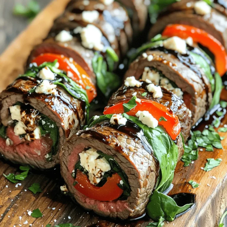 To make these rolls, you need a few key items: - 1 lb flank steak, thinly sliced against the grain - 1 cup fresh spinach leaves, washed and dried - 1 red bell pepper, cut into thin strips - ½ cup feta cheese, crumbled These ingredients form the base of the rolls. The flank steak gives a rich flavor, while the spinach and bell pepper add freshness and crunch. The marinade is where the magic happens. You will need: - 3 tablespoons balsamic vinegar - 2 tablespoons olive oil - 2 cloves garlic, minced - 1 teaspoon dried oregano - Salt and black pepper, to taste This blend infuses the steak with a tangy, savory taste. It enhances the rolls and brings everything together. For the filling, you will use: - Fresh spinach leaves - Red bell pepper strips - Crumbled feta cheese This mix adds a creamy texture and vibrant color to your steak rolls. It balances the hearty steak with light, fresh notes. For the full recipe, check out the details above! Start by making the marinade. In a medium bowl, mix balsamic vinegar, olive oil, minced garlic, dried oregano, salt, and black pepper. This blend gives the steak a rich, tangy flavor. Add your thinly sliced flank steak, making sure each piece gets coated. Cover the bowl with plastic wrap and refrigerate for at least 30 minutes. This waiting time lets the steak soak up all the tasty goodness. While the steak marinates, let’s prepare the filling. In a different bowl, combine fresh spinach leaves, red bell pepper strips, and crumbled feta cheese. Toss them gently so everything mixes well. This filling adds a fresh crunch and creamy texture to each bite. Set it aside while you finish marinating the steak. Once the steak is ready, heat your grill or grill pan over medium-high heat. Remove the steak from the marinade, letting any extra drip off. Keep the leftover marinade for later. Lay the steak slices flat on a clean surface. Take about one tablespoon of your filling and place it at one end of each slice. Roll the steak around the filling tightly, but not too tight. Secure each roll with a toothpick or some kitchen twine, so the filling stays inside while cooking. Now it’s time to cook! Place the secured steak rolls on your preheated grill. Grill them for about 4-5 minutes on each side. You want the steak to be juicy and just right. In the last few minutes, brush the reserved marinade over the rolls. This step adds flavor and gives your rolls a nice shine. After cooking, carefully take the steak rolls off the grill. Let them rest on a plate for about 5 minutes. Resting helps the juices settle back into the meat. Once rested, remove the toothpicks or twine. Using a sharp knife, slice the rolls into bite-sized pieces. Arrange them on a serving platter and, if you like, drizzle with any extra balsamic glaze. You now have a beautiful dish ready to impress! For the full recipe, check out the complete instructions. Marinating the steak is key for flavor. Use a bowl to mix balsamic vinegar, olive oil, garlic, oregano, salt, and pepper. Make sure to coat each piece of steak well. Cover the bowl and let the steak sit in the fridge for at least 30 minutes. This time allows the meat to soak in all the tasty flavors. If you have more time, let it marinate longer for even better results. Grilling the rolls right makes a big difference. Preheat your grill over medium-high heat. This ensures the steak cooks evenly. Place the rolls on the grill and cook for about 4-5 minutes on each side. Check for doneness by slicing one open. Medium-rare is often best as it keeps the meat tender and juicy. In the last minutes, brush on the reserved marinade. This adds flavor and gives a nice glossy finish. Presentation makes your dish shine! Serve the vibrant steak rolls on a wooden platter. Garnish with fresh herbs like parsley or basil to add color. A drizzle of balsamic glaze on top enhances the look and taste. Pair these rolls with roasted seasonal vegetables or a light salad. This adds balance and freshness to your meal. For the full recipe, check out the earlier section! {{image_4}} You can switch up the filling in these steak rolls. Try using mushrooms, zucchini, or sun-dried tomatoes. You can also mix in different cheeses like goat cheese or mozzarella. These options bring new tastes and textures. Customize the rolls to fit your taste and what's in your fridge. If you need a gluten-free option, skip the feta or use a dairy-free cheese. For a vegetarian twist, replace the steak with grilled eggplant or portobello mushrooms. You can still use the balsamic glaze for great flavor. These changes keep the dish fun and tasty for everyone. Balsamic glazed steak rolls pair well with many sides. Consider serving them with roasted vegetables or a light salad. You could also add some garlic bread for a hearty touch. Pairing the rolls with a nice red wine can enhance the meal, too. For more ideas, check out the Full Recipe for serving suggestions. After enjoying these balsamic glazed steak rolls, you may have some leftovers. Store them in an airtight container. This keeps the flavors fresh and juicy. Place the rolls in the fridge. They stay good for up to three days. If you want to keep them longer, consider freezing. Reheat your steak rolls to enjoy them again. The best way is in an oven. Preheat the oven to 350°F (175°C). Place the rolls on a baking sheet. Warm them for about 10-15 minutes. This method keeps them tender and tasty. You can also use a microwave. Heat in short bursts of 30 seconds, checking often to avoid drying them out. To freeze your steak rolls, wrap each one tightly in plastic wrap. Then, place them in a freezer-safe bag. Remove as much air as possible. This prevents freezer burn. They can last up to three months in the freezer. When ready to eat, thaw overnight in the fridge. Reheat as mentioned for the best taste. For more detailed instructions, check the Full Recipe. To get the perfect doneness, grill each roll for 4-5 minutes on each side. Use a meat thermometer for best results. Aim for 130°F for medium-rare or 140°F for medium. Rest the rolls after cooking to let the juices settle for a tender bite. Yes, you can use other meats like chicken or pork. Just remember to adjust cooking times as needed. Thinly slice the meat, so it cooks evenly. Tender cuts work best for rolling. One common mistake is not marinating long enough. Marinate for at least 30 minutes for good flavor. Another mistake is overcooking the steak. Use a timer and a thermometer to avoid this. You can prepare the filling and marinate the steak a day in advance. Just keep everything covered in the fridge. Assemble the rolls right before cooking to keep them fresh. Try using soy sauce and ginger for an Asian twist. You can also use lemon juice or a spicy mustard blend for a zesty kick. Feel free to mix herbs and spices to match your taste. For the complete cooking guide, check out the Full Recipe. Balsamic glazed steak rolls are a tasty treat you can make at home. We covered the key ingredients, marinating tips, and cooking methods to create the perfect dish. Remember to experiment with different fillings and sides to suit your taste. Proper storage will keep your leftover rolls fresh. By following these steps, you can impress friends and family with your cooking. Enjoy the delicious flavors and have fun in the kitchen!