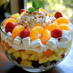 - 1 cup mini marshmallows - 1 cup sweetened shredded coconut - 1 cup canned mandarin oranges, thoroughly drained - 1 cup fresh pineapple, diced into bite-sized pieces - 1 cup strawberries, hulled and halved - 1 cup grapes, halved - ½ cup chopped walnuts or pecans (optional) - 2 cups whipped cream or coconut whipped cream - 2 tablespoons pure vanilla extract - Ground cinnamon, for garnish
