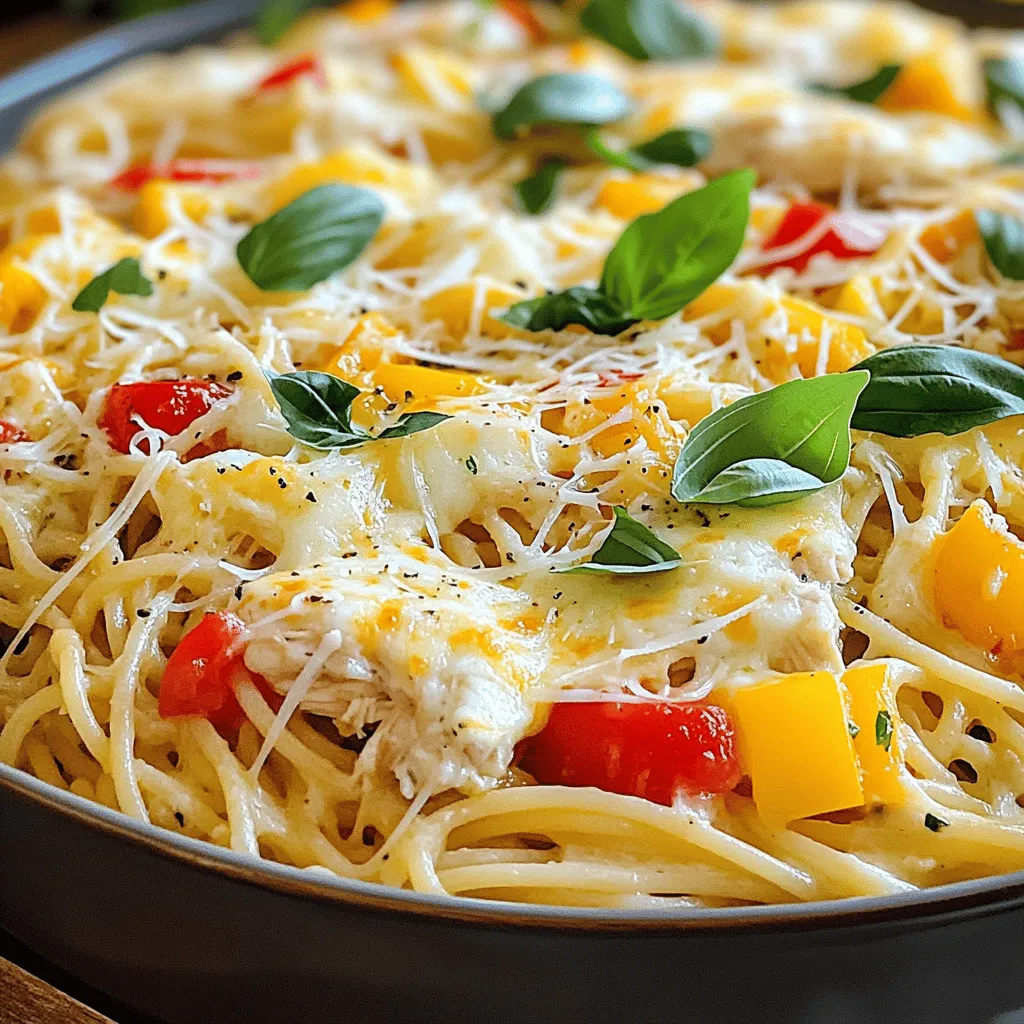 - 8 ounces spaghetti - 1 pound boneless, skinless chicken breasts, diced - 1 small onion, finely chopped - 1 bell pepper (red or yellow), diced - 2 cloves garlic, minced - 1 can (14.5 ounces) diced tomatoes with juices - 1 cup chicken broth The main flavors of chicken spaghetti come from the spaghetti, chicken, and vegetables. You need the spaghetti to be the base. The chicken adds protein and heartiness. Vegetables like onions, bell peppers, and garlic bring freshness and depth to the dish. - 1 tablespoon olive oil - 1 teaspoon Italian seasoning - ½ teaspoon paprika - Salt and pepper to taste These flavors make each bite pop. Olive oil helps cook the chicken and adds richness. Italian seasoning gives that classic flavor. Paprika adds warmth and color. Salt and pepper balance all the tastes. - 1 cup shredded mozzarella cheese - 1 cup grated Parmesan cheese - Fresh basil leaves for garnish Garnishes make the dish look and taste special. Mozzarella and Parmesan add creaminess and a savory finish. Fresh basil adds a bright note that lifts all the flavors. You can change these garnishes based on what you like. For the full recipe, check out the Cheesy Chicken Spaghetti Delight . First, grab a large pot and fill it with water. Add a good pinch of salt to the water. This helps flavor the spaghetti. Bring it to a rolling boil on high heat. Once boiling, add 8 ounces of spaghetti. Cook it according to the package instructions until it is al dente. This usually takes about 8-10 minutes. When done, drain the spaghetti in a colander and set it aside. Next, take a large skillet and heat 1 tablespoon of olive oil over medium heat. Add 1 pound of diced chicken. Season it with salt, pepper, paprika, and 1 teaspoon of Italian seasoning. Cook the chicken for about 5-7 minutes. Make sure it turns golden brown and is no longer pink in the center. Once cooked, remove the chicken from the skillet and place it on a plate. In the same skillet, add the chopped onion and diced bell pepper. Sauté these vegetables for 3-4 minutes until they soften. Next, add 2 cloves of minced garlic and cook for another minute. The garlic should smell great by now. Pour in a can of diced tomatoes with their juices and 1 cup of chicken broth. Stir well and let it simmer for about 5 minutes. This step lets the flavors blend together. Now, return the cooked chicken to the skillet along with the sautéed vegetables. Add the drained spaghetti to this mix. Gently toss everything together until well combined and heated through. Finally, sprinkle 1 cup of shredded mozzarella cheese and half of 1 cup of grated Parmesan cheese over the top. Cover the skillet with a lid for 2-3 minutes. This will melt the cheese perfectly. Now, you have a delicious chicken spaghetti ready to serve from the [Full Recipe]. To boost flavor, adjust seasoning levels as needed. Taste your dish as you cook. If it seems bland, add more salt or a bit of pepper. For a kick, consider adding a pinch of chili flakes. When sautéing, use medium heat. This allows the chicken to brown well without burning. Make sure to stir often for even cooking. Don’t overcrowd the pan; this can trap steam and cause soggy chicken. For great texture, cook the chicken until it is golden brown. This gives a nice crust and keeps it juicy. Try not to move the chicken too much in the pan. Let it sear before flipping. Timing matters a lot in cooking. Sauté vegetables until they are just tender. This keeps them crisp and tasty. Remember to simmer your sauce for about five minutes to develop deeper flavors. Serve your chicken spaghetti in a large, shallow bowl for a nice look. Top with extra Parmesan cheese for a rich flavor. A drizzle of olive oil adds shine. For garnishing, use fresh basil leaves. Place a sprig in the center of each bowl. This not only adds color but also enhances flavor. For an extra touch, you could even add a few cherry tomatoes around the edge! {{image_4}} You can make chicken spaghetti healthier. Use whole wheat or gluten-free spaghetti. These options add fiber and nutrients. You can also choose leaner chicken options, like chicken thighs or ground chicken. These cuts can lower fat but keep flavor. To boost flavor, add more vegetables. Try mushrooms, spinach, or bell peppers. Each vegetable brings a unique taste. You can also incorporate different cheeses. Swap mozzarella for cheddar or gouda. This change creates a new flavor profile in your dish. Consider regional twists on chicken spaghetti. For a kick, make spicy chicken spaghetti. Add red pepper flakes or hot sauce. For a creamy version, stir in cream cheese or sour cream. These twists make the dish exciting and flavorful. To store leftovers, let the chicken spaghetti cool first. Place it in an airtight container. This keeps it fresh and safe to eat later. Use glass or plastic containers with tight lids. They help preserve flavors and prevent spills. For freezing, portion the chicken spaghetti into smaller servings. Wrap each portion tightly in plastic wrap. Then, place them in a freezer bag. Remove as much air as possible to avoid freezer burn. When ready to eat, thaw in the fridge overnight or use a microwave. To reheat, use a skillet on low heat. Add a splash of chicken broth to keep it moist. Stir often to avoid sticking. You can also use a microwave; cover with a damp paper towel. This helps to keep the texture nice and tender. You can easily swap some ingredients for healthier options. Try using whole wheat spaghetti instead of regular. This adds fiber and keeps you fuller longer. You can also replace chicken with leaner cuts or even turkey. Add more veggies like spinach or zucchini for extra nutrients. Finally, use low-sodium chicken broth to cut down on salt. Yes, you can prep chicken spaghetti ahead of time. Cook the spaghetti and chicken, then store them separately. For best results, keep the sauce in a separate container. You can mix everything when you're ready to eat. This helps keep the pasta from getting mushy. It’s a great way to save time on busy nights. If you want to try something different, there are great substitutes. Zoodles, or zucchini noodles, are a fun and healthy option. You can also use spaghetti squash for a gluten-free choice. For a heartier meal, try whole grain or chickpea pasta. Each option adds its own flavor and texture to the dish. Yes, you can easily make chicken spaghetti vegetarian. Replace the chicken with a mix of your favorite veggies. Mushrooms, bell peppers, and broccoli work well. You can also add plant-based protein like chickpeas or lentils. Use vegetable broth instead of chicken broth for the sauce. This keeps all the great flavors while making it meatless. This article covered how to make chicken spaghetti from scratch. We discussed key ingredients, cooking steps, and tips for great flavor. You learned about variations and storage methods to ensure your meal stays fresh. Remember, cooking is all about creativity and adjustments. Don’t hesitate to try new veggies or seasonings. This dish can be a healthy and tasty meal choice. Enjoy your cooking and make it your own!