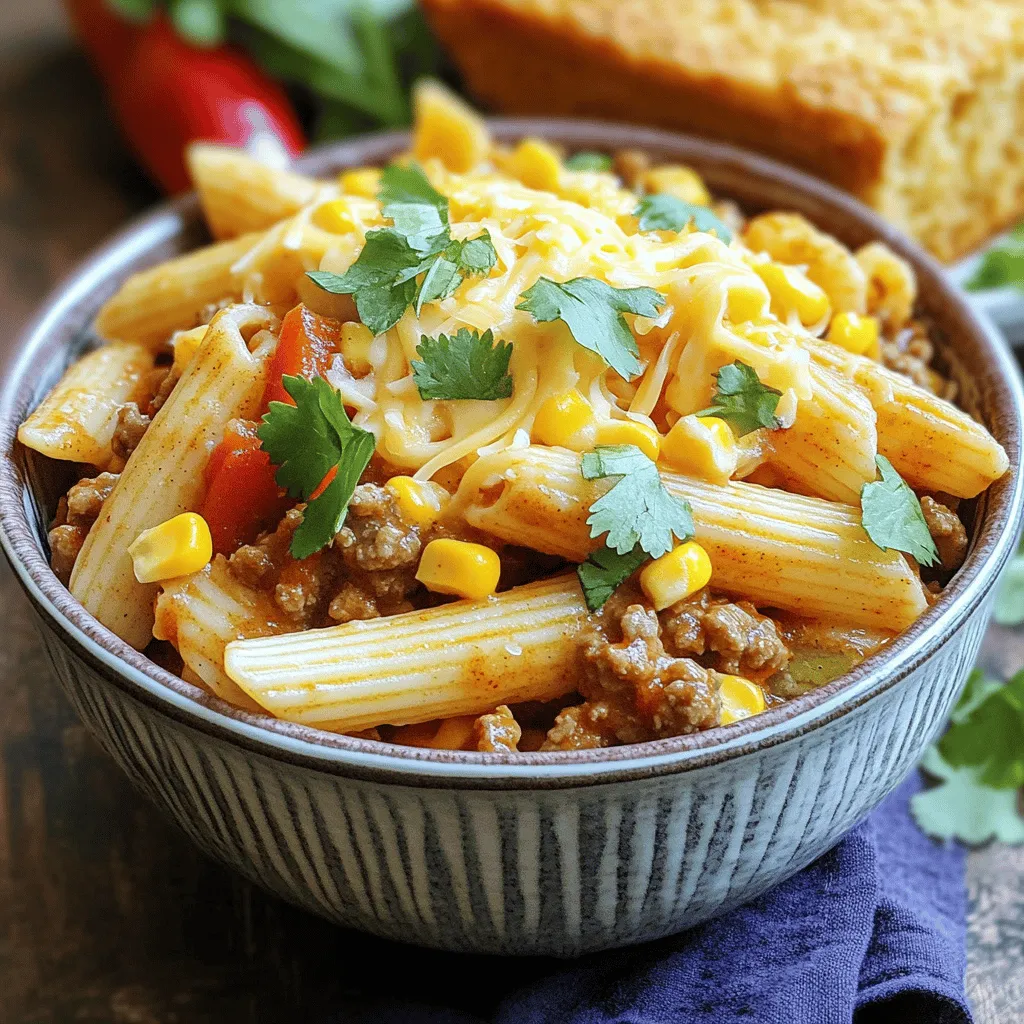 - 8 oz (225g) penne pasta - 1 lb (450g) ground beef - 1 can (15 oz) diced tomatoes, drained - 1 cup corn kernels (fresh or frozen) - 1 medium onion, finely chopped - 3 garlic cloves, minced - 1 bell pepper (any color), diced - 2 tablespoons olive oil Cowboy pasta shines with simple, hearty ingredients. The penne pasta gives a nice bite. I love using ground beef for its rich flavor. Diced tomatoes add a juicy touch. Fresh or frozen corn brings sweetness. Bell pepper adds color and crunch. Don't forget the onion and garlic for depth. - 2 tablespoons chili powder - 1 teaspoon ground cumin - 1 tablespoon smoked paprika - Salt and freshly ground black pepper, to taste Spices make cowboy pasta sing! Chili powder gives it warmth. Ground cumin adds a hint of earthiness. Smoked paprika brings a lovely smokiness. Season with salt and black pepper to balance the flavors. - 1 cup shredded sharp cheddar cheese - Fresh cilantro leaves, for garnish Garnishes add fun and flair. Shredded cheddar cheese melts and adds creaminess. Fresh cilantro leaves brighten the dish. You can mix and match these toppings for your family’s taste. This cowboy pasta’s ingredients make it a family favorite. You can find the full recipe in the next section. Enjoy cooking! First, fill a large pot with water. Add a good pinch of salt. Bring it to a rolling boil. Then, add 8 oz of penne pasta. Cook it for about 8 to 10 minutes. You want it to be al dente, which means firm but cooked. Once done, drain the pasta and set it aside. While the pasta cooks, heat 2 tablespoons of olive oil in a large skillet. Use medium-high heat for this. When the oil is hot, add 1 lb of ground beef. Break the beef apart with a wooden spoon. Cook it for 6 to 7 minutes until it is fully browned. This step adds a lot of flavor to your dish. Next, add the chopped onion, minced garlic, and diced bell pepper to the skillet. Stir and sauté these for about 5 minutes. You want the veggies to soften and smell great. After that, stir in 1 cup of corn, 1 can of drained diced tomatoes, and the spices. Use 2 tablespoons of chili powder, 1 teaspoon of ground cumin, and 1 tablespoon of smoked paprika. Season with salt and black pepper to taste. Mix it all well. Let this simmer on low heat for 5 minutes. This lets the flavors blend nicely. Now it’s time to add the cooked penne pasta to the skillet. Gently toss everything together. Make sure the pasta is well-coated with the beef and veggie mix. This is where the magic happens, and all the flavors come together. For the final touch, evenly sprinkle 1 cup of shredded sharp cheddar cheese on top. Cover the skillet with a lid for 2 to 3 minutes. The steam will melt the cheese perfectly. Once the cheese is gooey and delicious, it’s ready to serve. Enjoy your Cowboy Pasta hot, and feel free to check out the [Full Recipe] for more tips! To avoid overcooked pasta, follow a few simple steps. First, always check the package for cooking times. Set a timer for one or two minutes less than the recommended time. This way, your pasta stays firm, or "al dente." Stir the pasta while it cooks. This helps prevent sticking. Once it’s ready, drain it right away. Rinse it briefly under cold water if you won't use it immediately. This stops the cooking process. You can boost the flavor of Cowboy Pasta in many ways. Adding spices like cayenne pepper or garlic powder gives it a kick. Try smoked paprika for a deeper taste. If you want to switch up the meat, ground turkey or chicken also works great. For a heartier dish, add some cooked sausage or diced ham. You can even toss in some black beans for extra protein and a twist. When serving Cowboy Pasta, presentation matters. Use wide, rustic bowls for a hearty look. Top each serving with a sprinkle of extra cheese and fresh cilantro for color. Pair it with warm cornbread for a comforting touch. Pickled jalapeños on the side add a nice crunch and some heat. This meal is perfect for family dinners or gatherings. You can find the full recipe for more guidance on cooking this tasty dish. {{image_4}} You can easily make Cowboy Pasta meat-free. Just substitute the ground beef with plant-based alternatives. Options include lentils, black beans, or a store-bought meat substitute. This keeps the dish hearty while adding fiber and protein. The flavor profile remains rich, thanks to the same spices and vegetables. If you love heat, try adding jalapeños or hot sauce. Start with one diced jalapeño, and adjust based on your spice tolerance. Hot sauce can also add a nice kick. This variation gives your Cowboy Pasta a zesty twist. You’ll enjoy the extra layer of flavor with every bite. Cowboy Pasta is flexible. Feel free to incorporate different beans, vegetables, or cheeses. Black beans, kidney beans, or even chickpeas work great. For veggies, consider adding zucchini or spinach. You can mix in mozzarella or pepper jack cheese for different tastes. This way, you can personalize your meal to suit your family’s preferences. Just remember, the more colorful the veggies, the better! To store your Cowboy Pasta leftovers, first let it cool to room temperature. Then, place it in an airtight container. This keeps it fresh and tasty. You can store it in the fridge for up to three days. If you want to save it longer, consider freezing. To freeze Cowboy Pasta, use freezer-safe containers. Portion out your pasta to make reheating easier. It can last up to three months in the freezer. When you're ready to eat, thaw it overnight in the fridge. Reheat it on the stove over low heat, adding a splash of water if it seems dry. Cowboy Pasta stays fresh for three days in the fridge. If frozen, it remains good for up to three months. Always check for any off smells or changes in texture before eating. Enjoy your delicious meal even days later! Yes, you can! While I love penne pasta, other kinds work well too. You might try rotini or fusilli for a fun twist. These shapes hold the sauce nicely. You could also use bowtie or even spaghetti if that’s what you have. Just remember to cook them according to the package instructions. You have many choices! Ground turkey or chicken is a great swap. They are leaner and still tasty. For a vegetarian option, try lentils or black beans. They add protein and fiber. Crumbled tofu or tempeh also works well. Each choice changes the flavor, so pick what you like best! To reheat without losing taste, use the stove or microwave. On the stove, add a splash of water in a pan over low heat. Stir often until hot. If using the microwave, cover the dish and heat in short bursts. Stir between intervals so it heats evenly without drying out. Yes, it is! You can cook everything in one skillet. First, cook the pasta in boiling water, then drain it. Next, use the same skillet for the beef and veggies. This method saves time and cuts down on dishes. Plus, all the flavors meld together, making it even better! Cowboy Pasta combines simple ingredients and bold flavors. You start with penne, beef, and tasty veggies. Spices like chili powder and cumin give it a kick. You can customize it to fit your taste, whether you prefer it spicy or meat-free. This dish is not just hearty—it’s easy to store and reheat. I encourage you to try this fun recipe in your kitchen. It’s sure to become a family favorite!