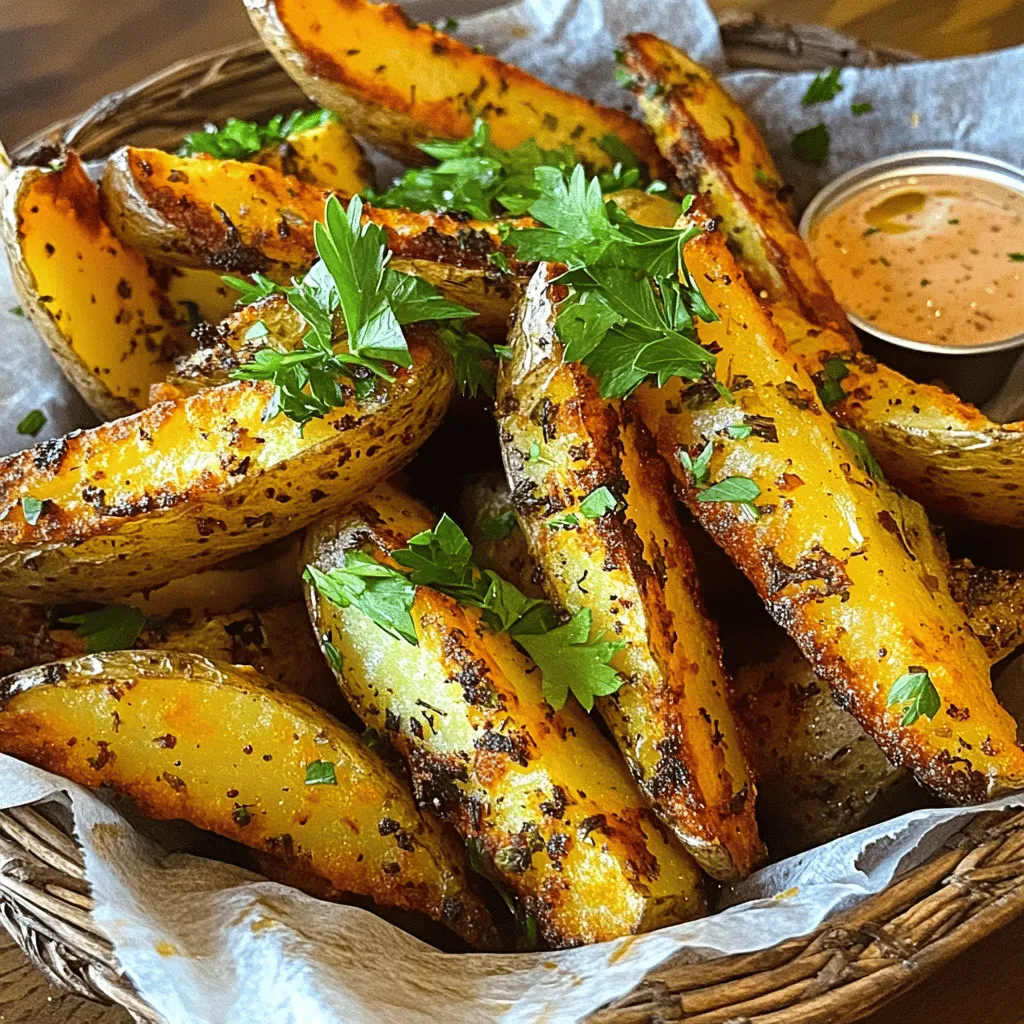 To make crispy potato wedges, you need the right ingredients. Here’s what you will need: - 4 medium-sized russet potatoes - 3 tablespoons olive oil - 1 teaspoon garlic powder - 1 teaspoon onion powder - 1 teaspoon smoked paprika - 1 teaspoon dried rosemary - 1 teaspoon dried thyme - Salt and freshly cracked black pepper to taste I love using russet potatoes. Their high starch content gives the wedges a perfect, fluffy inside. The olive oil helps crisp the outside, while the spices add amazing flavor. The key to great flavor lies in the seasonings. Besides the essential spices I listed, here are a few more ideas: - Paprika gives a smoky taste. - Garlic powder adds depth. - Dried rosemary and thyme bring a lovely herb note. Mixing these spices with olive oil creates a fragrant blend. This mixture coats the potato wedges and enhances their taste. Garnishing your potato wedges can elevate the dish. Here are some options: - Fresh parsley, finely chopped, adds color and freshness. - A sprinkle of grated Parmesan cheese gives a rich twist. For dipping sauces, try these: - Garlic aioli for a creamy kick. - Spicy ketchup for those who love heat. These garnishes and sauces make your crispy potato wedges visually appealing and fun to eat. Check out the Full Recipe for more details on how to prepare them! Start by washing the russet potatoes well. Use cold water to scrub off any dirt. Keep the skins on for added texture. Cut each potato in half lengthwise, then slice into wedges. Aim for six to eight wedges per potato. This size helps them crisp up nicely. In a large bowl, mix the olive oil with spices. Use three tablespoons of olive oil. Add one teaspoon each of garlic powder, onion powder, and smoked paprika. Include one teaspoon of dried rosemary and one teaspoon of dried thyme. Don’t forget salt and pepper to taste. Whisk until the oil and spices blend well. This mix makes the wedges flavorful. Preheat your oven to 425°F (220°C). Line a large baking sheet with parchment paper. Place the potato wedges in the bowl with the oil and toss them well. Coat each wedge fully for the best flavor. Spread them out on the baking sheet in a single layer. Bake for 30-35 minutes. Flip them halfway through. This step ensures they get golden and crispy on both sides. Let them cool for a few minutes after baking. Sprinkle with fresh parsley for a pop of green before serving. Enjoy your crispy potato wedges! You can find more details in the Full Recipe. To make your potato wedges super crispy, follow these steps. First, soak the cut wedges in cold water for at least 30 minutes. This removes excess starch, which helps them crisp up better. After soaking, dry the wedges well with a towel. Make sure they are not wet. A dry surface means less steam and more crunch. Use a good amount of oil, but don’t drown them. Just enough to coat each wedge nicely will do. Avoid cutting your potatoes too thick. If they are too thick, they won’t cook through and will remain soft inside. Also, don’t overcrowd the baking sheet. Give each wedge space to breathe. This allows hot air to circulate and crisp them up. Lastly, be careful with the salt. Too much can draw out moisture, which makes them soggy. These crispy wedges taste great with dips! Try garlic aioli or spicy ketchup for a fun twist. They also pair well with burgers or grilled chicken. If you want a fresh side, serve them with a salad. For a gourmet touch, sprinkle some grated cheese on top right before serving. You can find the full recipe for these delicious wedges [here](#). {{image_4}} You can change the flavor of your potato wedges with many spices. Try adding chili powder for heat. Or mix in cumin for a warm, earthy taste. You can also use curry powder for an exotic twist. Experiment with herbs like oregano or basil for a fresh vibe. The right spices can make your wedges unique and delicious. Want to mix it up? Use sweet potatoes instead of regular ones. Sweet potatoes add a nice sweetness and a lovely orange color. They are packed with vitamins and minerals too. Just follow the same steps as with russet potatoes. Sweet potato wedges cook faster, so check them a few minutes early. If you own an air fryer, it’s a game changer! This method makes the wedges super crispy without much oil. Start by seasoning your potato wedges as you normally would. Place them in the air fryer basket in a single layer. Cook at 400°F (200°C) for about 20 minutes. Shake the basket halfway through for even cooking. You will love how crispy they turn out! For the full recipe of crispy herb-infused potato wedges, see the section above. Store leftover potato wedges in an airtight container. Let them cool completely first. Place a paper towel at the bottom to absorb moisture. This helps keep them crispy. Seal the container and put it in the fridge. Use the wedges within 3-4 days for the best taste. To reheat your potato wedges, use an oven or an air fryer. Preheat the oven to 400°F (200°C). Spread the wedges on a baking sheet in a single layer. Bake for about 10-15 minutes until they crisp up again. If using an air fryer, set it to 375°F (190°C) and heat for about 5-7 minutes. Both methods help keep the wedges crispy. You can freeze potato wedges for later use. First, bake them as per the full recipe and let them cool completely. Place the cooled wedges in a single layer on a baking sheet. Freeze for about 1-2 hours until firm. After that, transfer them to a freezer bag. Remove as much air as possible before sealing. Use frozen wedges within 2-3 months for the best quality. To make your potato wedges extra crispy, start by soaking them in cold water for 30 minutes. This removes excess starch and helps with crispiness. After soaking, pat the wedges dry with a towel. Use a good amount of oil when baking them. The herb-infused oil from the recipe also adds flavor and helps them crisp up. Arrange the wedges in a single layer on the baking sheet, leaving space between each one. Flip them halfway through baking for even crispiness. Yes, you can prepare the wedges ahead of time! Cut and season them a few hours in advance. Store the seasoned wedges in the fridge until you are ready to bake. You can also soak them in cold water overnight. Just remember to dry them well before cooking for the best crispiness. Crispy potato wedges pair well with many dipping sauces. Some great options include: - Garlic aioli - Spicy ketchup - Creamy ranch dressing - Sour cream with chives - Barbecue sauce - Chipotle mayo Try different sauces to find your favorite combination! Enjoy these delicious wedges with the dips of your choice. For the full recipe, check out the Crispy Herb-Infused Potato Wedges section. In this blog post, we explored how to make crispy potato wedges. We discussed essential ingredients, seasonings, and the best cooking methods. You learned how to prep, bake, and maximize crispiness. Plus, we covered fun variations and smart storage tips. Now, you’re ready to enjoy tasty potato wedges any way you like. Whether you stick to the classic recipe or try sweet potatoes, delicious results await you. Enjoy your cooking!