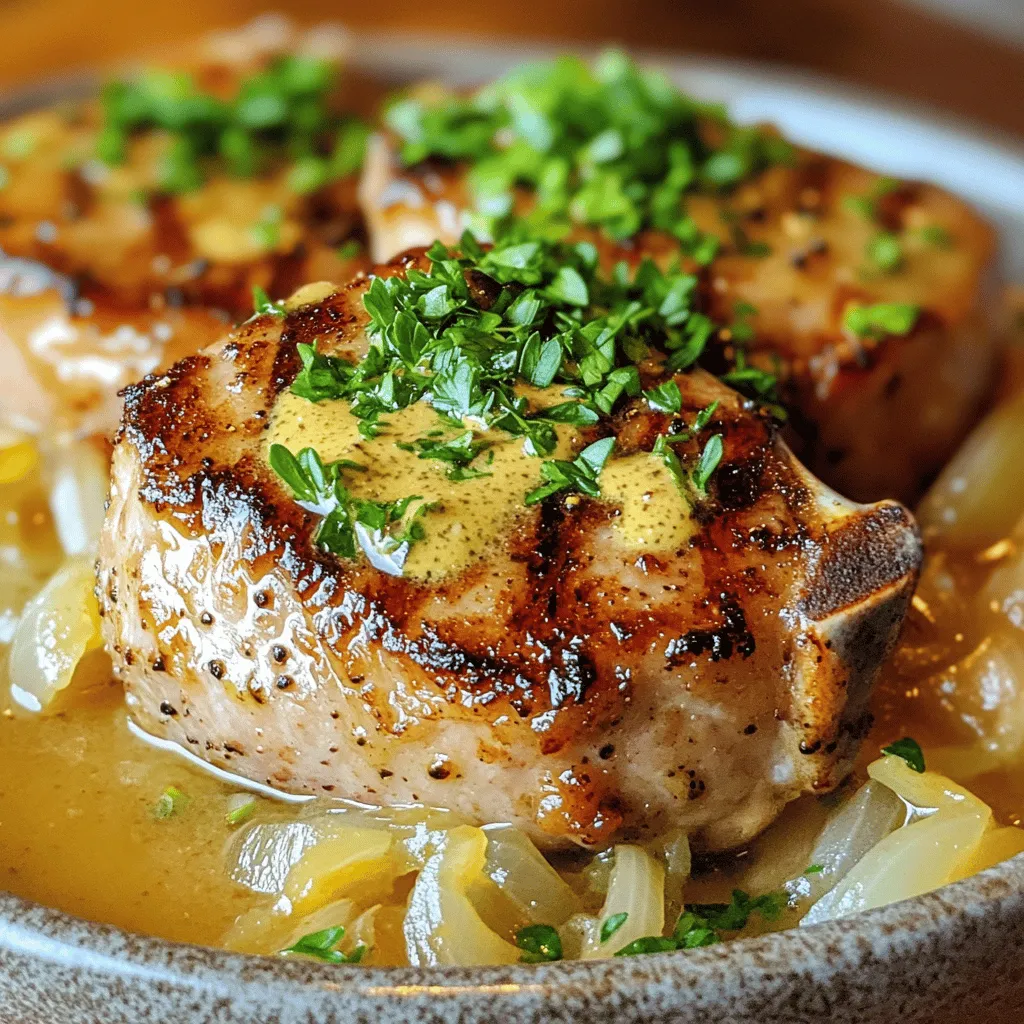 - 4 bone-in pork chops (approximately 1 inch thick) - 1 teaspoon salt - 1/2 teaspoon black pepper - 1 teaspoon garlic powder - 1 teaspoon smoked paprika - 2 tablespoons olive oil - 1 large onion, thinly sliced - 2 cloves garlic, minced - 1 cup low-sodium chicken broth - 1 tablespoon Dijon mustard - 1 tablespoon Worcestershire sauce - 1 teaspoon dried thyme - 1 cup heavy cream - Fresh parsley, finely chopped (for garnish) Pork chops are a great source of protein. They help build and repair muscles. The olive oil is rich in healthy fats. It can support heart health. Onions have antioxidants that may reduce inflammation. Garlic can help boost your immune system. Heavy cream adds richness and calcium for strong bones. Chicken broth offers hydration and flavor with fewer calories. You can swap bone-in pork chops for boneless ones. They will still taste great! For a lower-calorie option, use light cream instead of heavy cream. If you want less sodium, use homemade chicken broth. You can replace Dijon mustard with yellow mustard. If you don’t have smoked paprika, regular paprika works too. Fresh herbs can replace dried thyme if you have them. First, gather your ingredients. You need bone-in pork chops, salt, black pepper, garlic powder, and smoked paprika. Pat the pork chops dry with paper towels. This helps them sear better. Season both sides generously with salt, black pepper, garlic powder, and smoked paprika for great flavor. Let the chops sit for a few minutes to absorb the seasoning. Heat a large skillet over medium-high heat. Add two tablespoons of olive oil and let it shimmer. Carefully place the pork chops in the skillet. Sear them for about 4-5 minutes on each side. Look for a nice golden-brown crust. This step locks in the pork's juices and flavor. Once they are seared, remove the chops from the skillet and place them on a plate to rest. In the same skillet, add one large onion, thinly sliced. Sauté over medium heat for about 5 minutes. Wait until the onions turn translucent and tender. Add two cloves of minced garlic and stir for one more minute. Now, pour in one cup of low-sodium chicken broth. Add one tablespoon of Dijon mustard, one tablespoon of Worcestershire sauce, and one teaspoon of dried thyme. Stir well and let it simmer for 3-4 minutes. This helps meld the flavors together. Reduce the heat to medium-low and stir in one cup of heavy cream. Keep it on the heat for about 3-5 minutes, stirring occasionally. This will thicken the sauce and make it creamy. Finally, return the seared pork chops to the skillet. Spoon the sauce over them and cover the skillet. Let it simmer on low heat for 15-20 minutes. The pork should reach an internal temperature of 145°F. Your smothered pork chops are now ready for a delicious meal. For the full recipe, check the details above. To get the best flavor in smothered pork chops, start with seasoning. Use salt, black pepper, garlic powder, and smoked paprika. These spices add depth and warmth. Sear the chops well. This forms a nice crust. The crust locks in moisture and enhances taste. When cooking the onions, let them cook until soft and sweet. This sweetness adds to the sauce. Lastly, use low-sodium chicken broth. It keeps the dish from being too salty while adding rich flavor. For the perfect creamy sauce, use heavy cream. It gives a rich and smooth texture. Once you add it, lower the heat. Simmer gently until it thickens. Stir often to avoid sticking. If too thick, add a bit more broth to loosen it. You can also whisk in a little flour to thicken if needed. This will help maintain that creamy feel. One common mistake is not searing the pork chops enough. If you skip this step, you miss out on flavor. Don’t overcrowd the pan when searing. This can lower the temperature and prevent browning. Another mistake is overcooking the pork chops. Use a meat thermometer to check the temperature. It should reach 145°F. Lastly, don’t skip the resting time. Letting the meat rest helps keep it juicy. For more tips, refer to the Full Recipe. {{image_4}} Want to kick up the heat? Add some spice. Mix in cayenne pepper or crushed red pepper flakes. A teaspoon of each will do the trick. You can also swap smoked paprika for hot paprika. This gives your dish a nice kick. Serve these spicy chops with a side of creamy coleslaw to balance the heat. Mushrooms add an earthy flavor. Use about one cup of sliced mushrooms. Add them right after sautéing the onions. Let them cook until soft before adding the broth. This blend makes the sauce rich and savory. Try using cremini or shiitake mushrooms for a gourmet touch. You can cook smothered pork chops in two ways. The stovetop method is quicker. It takes about 40 minutes. If you prefer slow cooking, use a slow cooker. This method takes about 6-8 hours on low. The result is tender, juicy chops. For both methods, the sauce will still be creamy and delicious. To store your leftover smothered pork chops, let them cool down first. Then, place them in an airtight container. Make sure to include some of the sauce for moisture. You can keep them in the fridge for up to three days. This keeps the flavors fresh and tasty. When you want to enjoy the leftovers, reheat them gently. You can use the microwave or a skillet. If using the microwave, cover the container to prevent drying out. Heat in short bursts, about one minute, stirring in between. If using a skillet, add a splash of broth or water, cover, and warm on low heat. You can freeze smothered pork chops for longer storage. First, cool them completely. Then, wrap each chop tightly in plastic wrap. Place them in a freezer bag or container, making sure to remove as much air as possible. They can last for up to three months in the freezer. To reheat, thaw overnight in the fridge before warming. Feel free to check the [Full Recipe] for more tips on making these delicious chops! Smothered pork chops taste great with many sides. Here are some favorites: - Mashed potatoes - Steamed rice - Roasted vegetables - Green beans - Coleslaw These sides add flavor and texture. They help balance the rich sauce. Yes, you can use boneless pork chops. Just remember to adjust the cooking time. Boneless chops cook faster than bone-in chops. Aim for an internal temperature of 145°F. This way, your pork remains juicy and tender. To make smothered pork chops dairy-free, swap heavy cream for coconut cream or cashew cream. Both options provide a rich texture. Use a non-dairy butter for cooking. Your sauce will still taste creamy and delicious. Check the Full Recipe for more ideas on how to adjust the dish. This blog post covered how to make smothered pork chops. We discussed key ingredients, their health benefits, and substitutions. You learned step-by-step how to prepare and cook these chops, plus tips for the best flavor and texture. We explored tasty variations and detailed ways to store leftovers. Remember, you can swap ingredients and try different cooking methods. These choices can make the dish your own. Enjoy experimenting and savoring your delicious creation!