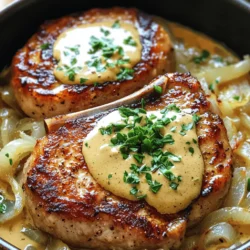 - 4 bone-in pork chops (approximately 1 inch thick) - 1 teaspoon salt - 1/2 teaspoon black pepper - 1 teaspoon garlic powder - 1 teaspoon smoked paprika - 2 tablespoons olive oil - 1 large onion, thinly sliced - 2 cloves garlic, minced - 1 cup low-sodium chicken broth - 1 tablespoon Dijon mustard - 1 tablespoon Worcestershire sauce - 1 teaspoon dried thyme - 1 cup heavy cream - Fresh parsley, finely chopped (for garnish) Pork chops are a great source of protein. They help build and repair muscles. The olive oil is rich in healthy fats. It can support heart health. Onions have antioxidants that may reduce inflammation. Garlic can help boost your immune system. Heavy cream adds richness and calcium for strong bones. Chicken broth offers hydration and flavor with fewer calories. You can swap bone-in pork chops for boneless ones. They will still taste great! For a lower-calorie option, use light cream instead of heavy cream. If you want less sodium, use homemade chicken broth. You can replace Dijon mustard with yellow mustard. If you don’t have smoked paprika, regular paprika works too. Fresh herbs can replace dried thyme if you have them. First, gather your ingredients. You need bone-in pork chops, salt, black pepper, garlic powder, and smoked paprika. Pat the pork chops dry with paper towels. This helps them sear better. Season both sides generously with salt, black pepper, garlic powder, and smoked paprika for great flavor. Let the chops sit for a few minutes to absorb the seasoning. Heat a large skillet over medium-high heat. Add two tablespoons of olive oil and let it shimmer. Carefully place the pork chops in the skillet. Sear them for about 4-5 minutes on each side. Look for a nice golden-brown crust. This step locks in the pork's juices and flavor. Once they are seared, remove the chops from the skillet and place them on a plate to rest. In the same skillet, add one large onion, thinly sliced. Sauté over medium heat for about 5 minutes. Wait until the onions turn translucent and tender. Add two cloves of minced garlic and stir for one more minute. Now, pour in one cup of low-sodium chicken broth. Add one tablespoon of Dijon mustard, one tablespoon of Worcestershire sauce, and one teaspoon of dried thyme. Stir well and let it simmer for 3-4 minutes. This helps meld the flavors together. Reduce the heat to medium-low and stir in one cup of heavy cream. Keep it on the heat for about 3-5 minutes, stirring occasionally. This will thicken the sauce and make it creamy. Finally, return the seared pork chops to the skillet. Spoon the sauce over them and cover the skillet. Let it simmer on low heat for 15-20 minutes. The pork should reach an internal temperature of 145°F. Your smothered pork chops are now ready for a delicious meal. For the full recipe, check the details above. To get the best flavor in smothered pork chops, start with seasoning. Use salt, black pepper, garlic powder, and smoked paprika. These spices add depth and warmth. Sear the chops well. This forms a nice crust. The crust locks in moisture and enhances taste. When cooking the onions, let them cook until soft and sweet. This sweetness adds to the sauce. Lastly, use low-sodium chicken broth. It keeps the dish from being too salty while adding rich flavor. For the perfect creamy sauce, use heavy cream. It gives a rich and smooth texture. Once you add it, lower the heat. Simmer gently until it thickens. Stir often to avoid sticking. If too thick, add a bit more broth to loosen it. You can also whisk in a little flour to thicken if needed. This will help maintain that creamy feel. One common mistake is not searing the pork chops enough. If you skip this step, you miss out on flavor. Don’t overcrowd the pan when searing. This can lower the temperature and prevent browning. Another mistake is overcooking the pork chops. Use a meat thermometer to check the temperature. It should reach 145°F. Lastly, don’t skip the resting time. Letting the meat rest helps keep it juicy. For more tips, refer to the Full Recipe. {{image_4}} Want to kick up the heat? Add some spice. Mix in cayenne pepper or crushed red pepper flakes. A teaspoon of each will do the trick. You can also swap smoked paprika for hot paprika. This gives your dish a nice kick. Serve these spicy chops with a side of creamy coleslaw to balance the heat. Mushrooms add an earthy flavor. Use about one cup of sliced mushrooms. Add them right after sautéing the onions. Let them cook until soft before adding the broth. This blend makes the sauce rich and savory. Try using cremini or shiitake mushrooms for a gourmet touch. You can cook smothered pork chops in two ways. The stovetop method is quicker. It takes about 40 minutes. If you prefer slow cooking, use a slow cooker. This method takes about 6-8 hours on low. The result is tender, juicy chops. For both methods, the sauce will still be creamy and delicious. To store your leftover smothered pork chops, let them cool down first. Then, place them in an airtight container. Make sure to include some of the sauce for moisture. You can keep them in the fridge for up to three days. This keeps the flavors fresh and tasty. When you want to enjoy the leftovers, reheat them gently. You can use the microwave or a skillet. If using the microwave, cover the container to prevent drying out. Heat in short bursts, about one minute, stirring in between. If using a skillet, add a splash of broth or water, cover, and warm on low heat. You can freeze smothered pork chops for longer storage. First, cool them completely. Then, wrap each chop tightly in plastic wrap. Place them in a freezer bag or container, making sure to remove as much air as possible. They can last for up to three months in the freezer. To reheat, thaw overnight in the fridge before warming. Feel free to check the [Full Recipe] for more tips on making these delicious chops! Smothered pork chops taste great with many sides. Here are some favorites: - Mashed potatoes - Steamed rice - Roasted vegetables - Green beans - Coleslaw These sides add flavor and texture. They help balance the rich sauce. Yes, you can use boneless pork chops. Just remember to adjust the cooking time. Boneless chops cook faster than bone-in chops. Aim for an internal temperature of 145°F. This way, your pork remains juicy and tender. To make smothered pork chops dairy-free, swap heavy cream for coconut cream or cashew cream. Both options provide a rich texture. Use a non-dairy butter for cooking. Your sauce will still taste creamy and delicious. Check the Full Recipe for more ideas on how to adjust the dish. This blog post covered how to make smothered pork chops. We discussed key ingredients, their health benefits, and substitutions. You learned step-by-step how to prepare and cook these chops, plus tips for the best flavor and texture. We explored tasty variations and detailed ways to store leftovers. Remember, you can swap ingredients and try different cooking methods. These choices can make the dish your own. Enjoy experimenting and savoring your delicious creation!