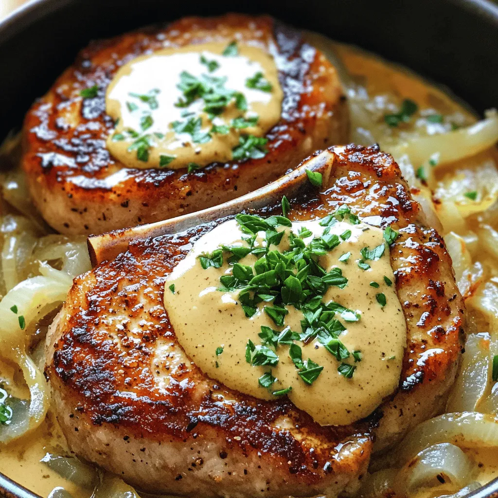 - 4 bone-in pork chops (approximately 1 inch thick) - 1 teaspoon salt - 1/2 teaspoon black pepper - 1 teaspoon garlic powder - 1 teaspoon smoked paprika - 2 tablespoons olive oil - 1 large onion, thinly sliced - 2 cloves garlic, minced - 1 cup low-sodium chicken broth - 1 tablespoon Dijon mustard - 1 tablespoon Worcestershire sauce - 1 teaspoon dried thyme - 1 cup heavy cream - Fresh parsley, finely chopped (for garnish) Pork chops are a great source of protein. They help build and repair muscles. The olive oil is rich in healthy fats. It can support heart health. Onions have antioxidants that may reduce inflammation. Garlic can help boost your immune system. Heavy cream adds richness and calcium for strong bones. Chicken broth offers hydration and flavor with fewer calories. You can swap bone-in pork chops for boneless ones. They will still taste great! For a lower-calorie option, use light cream instead of heavy cream. If you want less sodium, use homemade chicken broth. You can replace Dijon mustard with yellow mustard. If you don’t have smoked paprika, regular paprika works too. Fresh herbs can replace dried thyme if you have them. First, gather your ingredients. You need bone-in pork chops, salt, black pepper, garlic powder, and smoked paprika. Pat the pork chops dry with paper towels. This helps them sear better. Season both sides generously with salt, black pepper, garlic powder, and smoked paprika for great flavor. Let the chops sit for a few minutes to absorb the seasoning. Heat a large skillet over medium-high heat. Add two tablespoons of olive oil and let it shimmer. Carefully place the pork chops in the skillet. Sear them for about 4-5 minutes on each side. Look for a nice golden-brown crust. This step locks in the pork's juices and flavor. Once they are seared, remove the chops from the skillet and place them on a plate to rest. In the same skillet, add one large onion, thinly sliced. Sauté over medium heat for about 5 minutes. Wait until the onions turn translucent and tender. Add two cloves of minced garlic and stir for one more minute. Now, pour in one cup of low-sodium chicken broth. Add one tablespoon of Dijon mustard, one tablespoon of Worcestershire sauce, and one teaspoon of dried thyme. Stir well and let it simmer for 3-4 minutes. This helps meld the flavors together. Reduce the heat to medium-low and stir in one cup of heavy cream. Keep it on the heat for about 3-5 minutes, stirring occasionally. This will thicken the sauce and make it creamy. Finally, return the seared pork chops to the skillet. Spoon the sauce over them and cover the skillet. Let it simmer on low heat for 15-20 minutes. The pork should reach an internal temperature of 145°F. Your smothered pork chops are now ready for a delicious meal. For the full recipe, check the details above. To get the best flavor in smothered pork chops, start with seasoning. Use salt, black pepper, garlic powder, and smoked paprika. These spices add depth and warmth. Sear the chops well. This forms a nice crust. The crust locks in moisture and enhances taste. When cooking the onions, let them cook until soft and sweet. This sweetness adds to the sauce. Lastly, use low-sodium chicken broth. It keeps the dish from being too salty while adding rich flavor. For the perfect creamy sauce, use heavy cream. It gives a rich and smooth texture. Once you add it, lower the heat. Simmer gently until it thickens. Stir often to avoid sticking. If too thick, add a bit more broth to loosen it. You can also whisk in a little flour to thicken if needed. This will help maintain that creamy feel. One common mistake is not searing the pork chops enough. If you skip this step, you miss out on flavor. Don’t overcrowd the pan when searing. This can lower the temperature and prevent browning. Another mistake is overcooking the pork chops. Use a meat thermometer to check the temperature. It should reach 145°F. Lastly, don’t skip the resting time. Letting the meat rest helps keep it juicy. For more tips, refer to the Full Recipe. {{image_4}} Want to kick up the heat? Add some spice. Mix in cayenne pepper or crushed red pepper flakes. A teaspoon of each will do the trick. You can also swap smoked paprika for hot paprika. This gives your dish a nice kick. Serve these spicy chops with a side of creamy coleslaw to balance the heat. Mushrooms add an earthy flavor. Use about one cup of sliced mushrooms. Add them right after sautéing the onions. Let them cook until soft before adding the broth. This blend makes the sauce rich and savory. Try using cremini or shiitake mushrooms for a gourmet touch. You can cook smothered pork chops in two ways. The stovetop method is quicker. It takes about 40 minutes. If you prefer slow cooking, use a slow cooker. This method takes about 6-8 hours on low. The result is tender, juicy chops. For both methods, the sauce will still be creamy and delicious. To store your leftover smothered pork chops, let them cool down first. Then, place them in an airtight container. Make sure to include some of the sauce for moisture. You can keep them in the fridge for up to three days. This keeps the flavors fresh and tasty. When you want to enjoy the leftovers, reheat them gently. You can use the microwave or a skillet. If using the microwave, cover the container to prevent drying out. Heat in short bursts, about one minute, stirring in between. If using a skillet, add a splash of broth or water, cover, and warm on low heat. You can freeze smothered pork chops for longer storage. First, cool them completely. Then, wrap each chop tightly in plastic wrap. Place them in a freezer bag or container, making sure to remove as much air as possible. They can last for up to three months in the freezer. To reheat, thaw overnight in the fridge before warming. Feel free to check the [Full Recipe] for more tips on making these delicious chops! Smothered pork chops taste great with many sides. Here are some favorites: - Mashed potatoes - Steamed rice - Roasted vegetables - Green beans - Coleslaw These sides add flavor and texture. They help balance the rich sauce. Yes, you can use boneless pork chops. Just remember to adjust the cooking time. Boneless chops cook faster than bone-in chops. Aim for an internal temperature of 145°F. This way, your pork remains juicy and tender. To make smothered pork chops dairy-free, swap heavy cream for coconut cream or cashew cream. Both options provide a rich texture. Use a non-dairy butter for cooking. Your sauce will still taste creamy and delicious. Check the Full Recipe for more ideas on how to adjust the dish. This blog post covered how to make smothered pork chops. We discussed key ingredients, their health benefits, and substitutions. You learned step-by-step how to prepare and cook these chops, plus tips for the best flavor and texture. We explored tasty variations and detailed ways to store leftovers. Remember, you can swap ingredients and try different cooking methods. These choices can make the dish your own. Enjoy experimenting and savoring your delicious creation!