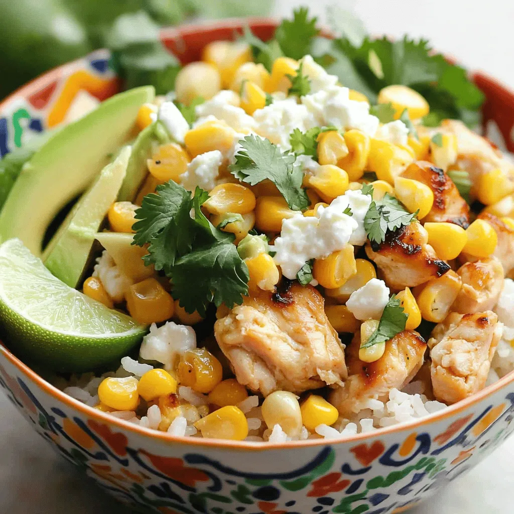 The Street Corn Chicken Rice Bowl is a fun dish. It mixes chicken, corn, and rice. You can make it in about thirty minutes. This recipe is easy and full of flavor. Here are the key ingredients for this tasty meal: - 1 cup cooked jasmine rice - 1 pound chicken breast, diced into bite-sized pieces - 1 can (15 oz) corn kernels, drained and rinsed - 1/2 cup crumbled feta cheese - 1/4 cup mayonnaise - 1 tablespoon fresh lime juice - 1 teaspoon chili powder - 1/2 teaspoon garlic powder - Salt and freshly ground black pepper, to taste - 1/4 cup fresh cilantro, chopped for garnish - 1 ripe avocado, sliced - Lime wedges, for serving Using good ingredients makes a big difference. Choose fresh chicken for the best taste. Look for corn that is sweet and tender. I suggest using creamy feta cheese. The lime juice should be fresh, not bottled. Fresh cilantro adds a bright flavor. When you use quality ingredients, your dish will shine. Start by heating a pan on medium heat. Add a little oil, just enough to coat the bottom. Once hot, toss in the diced chicken breast. Season it with a good pinch of salt, black pepper, chili powder, and garlic powder. Stir the chicken well to coat it evenly. Cook for about 7 to 10 minutes. You want the chicken to be golden-brown and fully cooked. Stir it occasionally to keep it from sticking. This step builds flavor and gives the chicken a nice texture. While the chicken cooks, grab a medium bowl. You will mix the corn, feta cheese, mayonnaise, and fresh lime juice here. First, drain and rinse the corn to remove extra salt. Add it to your bowl. Next, crumble in the feta cheese. This cheese adds a creamy touch. Then, add the mayonnaise and lime juice. Mix it all gently. Don’t forget a pinch of salt and black pepper. Taste and adjust if needed. This mixture brings the street corn flavor to life. Once the chicken is cooked, add the street corn mixture to the skillet. Stir it gently with the chicken. Cook for another 2 to 3 minutes. This step heats everything through. Now it's time to build the rice bowl. In serving bowls, place a scoop of cooked jasmine rice as the base. Then, spoon over the chicken and corn mixture. It should look colorful and inviting! For the final touch, garnish with chopped cilantro and avocado slices. Serve with lime wedges on the side. A squeeze of lime adds freshness and brightness to each bite. Enjoy your flavorful and simple meal! For the complete recipe, check out the Full Recipe. To cook chicken well, always start with diced chicken breast. Use a large skillet and heat a drizzle of oil over medium heat. This helps the chicken cook evenly. Season the chicken with salt, pepper, chili powder, and garlic powder. Cook for about 7-10 minutes. Stir it often for a golden-brown color. Use a meat thermometer to check if it reaches 165°F for safe eating. For the street corn, combine drained corn with crumbled feta cheese, mayonnaise, and fresh lime juice in a medium bowl. Mix gently and add a pinch of salt and black pepper. This mixture creates a creamy and tangy flavor. You want to taste the corn, cheese, and lime in every bite. Use fresh corn in summer for the best flavor. To make your rice bowl stand out, use colorful bowls. Start with a scoop of jasmine rice at the bottom. Next, add the chicken and street corn mixture on top. Slice ripe avocado and arrange it beautifully. Sprinkle chopped cilantro over everything for a fresh touch. Serve with lime wedges on the side. This adds brightness and flavor just before eating. Remember, the look of your meal can make it even tastier. Enjoy your Street Corn Chicken Rice Bowl! {{image_4}} If you want a meat-free option, swap the chicken for grilled tofu or tempeh. Both options soak up flavors well. Use the same spices to keep the taste bold. Another choice is chickpeas, which add protein and a nutty flavor. You can also try roasted mushrooms; they bring a great umami taste. To make this dish gluten-free, use gluten-free soy sauce or coconut aminos in the street corn mixture. Jasmine rice is naturally gluten-free, so it’s a great base. Ensure all other ingredients, like the feta cheese, are gluten-free. This way, everyone can enjoy this meal without worry. You can change the flavor of this bowl easily. For a spicy kick, add diced jalapeños or a splash of hot sauce. If you prefer sweet, try adding a touch of honey or maple syrup to the corn mixture. Another tasty option is to mix in lime zest for a brighter taste. Experiment and find your favorite! Don't forget to check out the Full Recipe for all the details! After cooking the Street Corn Chicken Rice Bowl, let it cool down first. Place it in an airtight container. This keeps the flavors fresh. Store it in the fridge for up to three days. Make sure to separate the rice from the chicken mixture. This helps prevent sogginess. You can freeze the leftovers if you want to enjoy them later. Portion the rice and chicken mixture into freezer-safe bags. Remove as much air as possible before sealing. You can freeze it for up to three months. Remember to label the bags with the date. To reheat, take out what you need from the fridge or freezer. If frozen, let it thaw overnight in the fridge. For best results, use a microwave or skillet. Heat it until warm, about 2-3 minutes in the microwave. Stir halfway through to make sure it heats evenly. If using a skillet, add a splash of water to keep it moist. Enjoy your flavorful meal again! You can use tofu or shrimp instead of chicken. Both options work well. Tofu absorbs flavors nicely. Shrimp cooks quickly and adds a nice touch. If you want a meat alternative, try grilled steak or pork. Each substitute gives a different taste but keeps the dish yummy. Yes, you can make this dish ahead of time. Cook the chicken and corn mix, then store them separately. Keep the rice in an airtight container. This way, the rice stays fluffy. When ready to eat, just reheat everything and assemble your bowls. It saves time on busy days. To serve more people, simply double or triple the ingredients. For example, use two pounds of chicken and two cups of rice. Adjust spices to taste, too. If you want extra servings, consider adding more corn or avocado. This way, everyone can enjoy a delicious meal together. For the complete recipe, check out the Full Recipe above! This blog post detailed a tasty recipe featuring chicken and street corn. You learned about each ingredient and its quality. The step-by-step guide made cooking easy and fun. Tips helped you master flavor and presentation. Variations showed ways to mix it up for different diets and tastes. Lastly, storage advice ensured you can keep leftovers fresh. Remember, cooking should be enjoyable. Don’t hesitate to try your own twists. Eating well makes life better!
