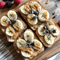 - 4 slices of whole grain bread - 1 cup natural creamy peanut butter - 1 ripe banana, sliced - 2 tablespoons honey or maple syrup - 2 tablespoons chia seeds - 1 teaspoon ground cinnamon - A pinch of sea salt - Optional toppings: dark chocolate shavings, shredded coconut, fresh berries Peanut butter toast makes a quick and tasty breakfast. To make it, gather these simple ingredients. Whole grain bread gives you fiber and nutrients. Natural creamy peanut butter adds healthy fats and protein. A ripe banana adds sweetness. Honey or maple syrup offers extra flavor. Chia seeds bring a crunch and nutrition. Ground cinnamon enhances the taste, while sea salt balances the sweetness. You can also get creative with optional toppings. Dark chocolate shavings add a sweet touch. Shredded coconut gives a tropical vibe. Fresh berries bring color and freshness. These choices let you personalize your toast. Check out the Full Recipe for more details and tips! - Preheat your toaster or oven. - Toast the bread slices for 3-5 minutes until golden brown. Toasting bread is simple but key to great peanut butter toast. If you want a crispy texture, aim for a nice golden-brown color. This adds a lovely crunch that balances the creamy peanut butter. - Slice the banana. - Measure out honey or maple syrup, chia seeds, and ground cinnamon. While the bread toasts, prep your toppings to save time. A ripe banana adds natural sweetness. Chia seeds give a nice crunch and pack in nutrients. Ground cinnamon adds warmth and flavor. - Spread peanut butter. - Arrange banana slices. - Drizzle with honey or maple syrup. - Sprinkle chia seeds and ground cinnamon. - Add optional toppings. - Finish with sea salt. Start by spreading a thick layer of peanut butter on each slice. This creamy base holds the toppings well. Next, place banana slices evenly on top. Drizzle honey or maple syrup over the bananas for extra sweetness. Then, sprinkle chia seeds and cinnamon to boost the flavor. You can get creative with optional toppings. Dark chocolate shavings add richness. Fresh berries give a burst of freshness. Finally, a pinch of sea salt ties everything together, enhancing the flavors. Check out the Full Recipe for all the details and more flavor ideas! When making peanut butter toast, pick the right bread. Whole grain bread is a great choice. It adds fiber and flavor. Gluten-free options are also available for those who need them. Sourdough and rye can add a fun twist. They give your toast a unique taste that pairs well with peanut butter. Not all peanut butter is the same. Natural peanut butter has simple ingredients, like peanuts and salt. This type is healthier and tastier. Processed peanut butter often has added sugar and oils. Crunchy peanut butter has bits of peanut, giving a nice texture. Creamy peanut butter spreads easily and is perfect for a smooth bite. Choose based on your taste! To make your toast exciting, think about spices and toppings. Ground cinnamon adds warmth and sweetness. You can also try nutmeg or cocoa powder for a twist. Add fresh fruit like strawberries or blueberries for a fruity touch. Drizzle honey or maple syrup for extra sweetness. You can even sprinkle dark chocolate shavings for a treat! Try new combinations to find what you love. For more ideas, check the Full Recipe. Enjoy your tasty creations! {{image_4}} You can easily make vegan peanut butter toast. Instead of honey, use agave syrup or coconut nectar. Both options add a sweet touch without any animal products. For nut butters, consider using almond or cashew butter. These alternatives still provide great flavor and texture. Peanut butter toast is not just sweet. You can create savory versions too. Try adding a thin layer of cream cheese or hummus. This adds a rich taste to your toast. You can also mix in fruits like sliced apples or pears for extra sweetness. Fresh herbs, like basil or mint, can brighten the dish and add depth. Each season brings new flavors. In the fall, sprinkle pumpkin spice over your peanut butter toast. This gives a warm, cozy feeling. In summer, add fresh berries like strawberries or blueberries. Their juiciness pairs well with peanut butter. You can find many ways to enjoy this simple dish throughout the year. For a complete guide, check the Full Recipe of Peanut Butter Paradise Toast. To keep your bread fresh, store it in a cool, dry place. A bread box works well, or you can use a resealable bag. Avoid storing it in the fridge. This can make the bread stale faster. Peanut butter should stay in a cool, dark spot too. Once opened, it lasts best in the pantry. If you prefer, you can refrigerate it. This helps it last longer, but it may become hard. If you make toast ahead of time, let it cool down first. Store it in an airtight container to keep it from getting soggy. If you want to eat it later, you can refrigerate it. Reheat it in a toaster or oven for a few minutes. This will help it regain its crispiness. Avoid using a microwave, as it may make your toast chewy. Peanut butter can last a long time. If it’s unopened, it can stay good for about 6 to 9 months. Once opened, it lasts about 3 months in the pantry. You can extend its life by refrigerating it. For ripe bananas, they usually last about 2 to 7 days at room temperature. To keep them fresh longer, store them in the fridge. The skin may turn brown, but the fruit inside stays good. To make peanut butter toast healthier, choose whole grain bread. Whole grains add fiber, which helps digestion. You can use natural peanut butter, as it has fewer added sugars and oils. Adding slices of fresh fruit boosts vitamins and minerals. Consider swapping honey for a smaller amount of maple syrup or skipping it altogether for less sugar. Yes! Almond and cashew butter work great. They have different flavors but still offer healthy fats. Almond butter has a nutty taste, while cashew butter is creamier and milder. Feel free to experiment with these for a twist on your toast. Many toppings can enhance peanut butter toast. Here are some ideas: - Fresh banana slices - Chia seeds - Dark chocolate shavings - Shredded coconut - Fresh berries - A sprinkle of cinnamon Each topping adds flavor and nutrition, making your toast even better. Peanut butter toast can be gluten-free if you use gluten-free bread. Many brands offer this option now. Always check the labels to ensure there is no gluten in the ingredients. You can prepare some parts in advance. Slice the banana and store it in the fridge. However, toast the bread just before eating for the best taste. Assembling the toast too early can make the bread soggy. Make it fresh to enjoy the crunch! For the full recipe, check out Peanut Butter Paradise Toast. This blog covers an easy peanut butter toast recipe packed with flavor and nutrition. We explored the key ingredients, step-by-step instructions, and helpful tips. You also learned about tasty variations and storage info. In closing, peanut butter toast is customizable and fun to make. Use this guide to create your favorite versions. Enjoy delicious meals while staying healthy. Keep experimenting for new flavors!