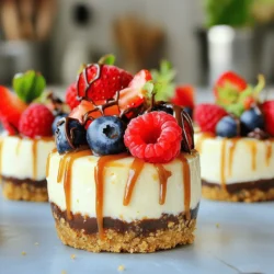 To make these no-bake cheesecake bites, you need: - 1 cup graham cracker crumbs - 4 tablespoons unsalted butter, melted - 2 tablespoons granulated sugar - 8 oz cream cheese, softened at room temperature - 1/2 cup powdered sugar - 1 teaspoon pure vanilla extract - 1 cup heavy whipping cream - Fresh berries (like strawberries, blueberries, or raspberries) for topping You can add your twist with these optional items: - Chocolate sauce for a rich flavor - Caramel sauce for a sweet touch - Nuts for extra crunch - Different fruits like mango or kiwi Choosing the best ingredients is key. Here’s how: - Cream Cheese: Look for blocks, not spreads. It should be smooth and creamy. - Heavy Cream: Pick a brand with high fat content for the best texture. - Berries: Choose firm, plump berries with bright colors. Avoid any that are mushy. - Graham Crackers: Check for freshness. They should not be stale or broken. Using fresh ingredients makes your cheesecake bites taste amazing. You can find the full recipe above to create these delicious treats! To start, gather your ingredients for the crust. You need: - 1 cup graham cracker crumbs - 4 tablespoons unsalted butter, melted - 2 tablespoons granulated sugar In a medium bowl, mix the graham cracker crumbs, melted butter, and sugar. Stir until it looks like wet sand. Press this mixture firmly into the bottom of your molds or mini muffin tray. Make sure it’s compact, like a solid layer. Refrigerate for 10-15 minutes so it can set while you make the filling. Now, let’s make the filling. You will need: - 8 oz cream cheese, softened - 1/2 cup powdered sugar - 1 teaspoon pure vanilla extract - 1 cup heavy whipping cream In a large bowl, beat the softened cream cheese until it’s smooth, about 2-3 minutes. Add the powdered sugar and vanilla, mixing until it’s all combined. In another bowl, whip the heavy cream until it forms stiff peaks, taking about 3-5 minutes. Gently fold the whipped cream into the cream cheese mixture. This step is key for a light, fluffy filling. Spoon the cheesecake filling over the crusts in your molds. Fill them about three-quarters full for the best results. Smooth the tops with a spatula. Place the molds in the freezer for 30 minutes to 1 hour, letting them firm up. After they are set, gently pop them out of the molds. If they stick, run a knife around the edges. Top each cheesecake bite with fresh berries or a drizzle of chocolate or caramel. These steps make your treats look and taste amazing. Serve right away or keep them in the fridge until you're ready to enjoy. For the complete recipe, check the Full Recipe above. When making no-bake cheesecake bites, avoid using cold cream cheese. Cold cream cheese will not mix well. Always let it soften at room temperature. Another mistake is overmixing the whipped cream. If you whip it too much, your cream will turn to butter. Finally, do not skip chilling the crust. A cold crust ensures a nice base for your bites. To whip cream perfectly, start with cold heavy cream. The colder it is, the better it whips. Use clean beaters and a large bowl. This helps the cream whip faster. Start at a low speed, then increase gradually. Stop whipping as soon as stiff peaks form. This should take about 3-5 minutes. Avoid over-whipping, as this can ruin the texture. For a light and fluffy filling, fold the whipped cream gently into the cream cheese mix. Use a spatula and make sweeping motions. This helps incorporate air without losing volume. Filling the molds three-quarters full gives the bites the right balance. After chilling, they should feel firm but still creamy. Enjoy the creamy texture and smooth taste of these delightful treats! {{image_4}} You can change the flavor of your cheesecake bites easily. Try adding chocolate or lemon for a twist. For chocolate, mix cocoa powder into the cream cheese. Use about 1/4 cup for a rich taste. For lemon, add lemon juice and zest to the filling. About 2 tablespoons of juice and the zest of one lemon work well. These flavors make each bite unique and fun. The toppings can change the whole look and taste. Fresh berries are great, but you can also try nuts or shredded coconut. If you want a sweeter touch, drizzle chocolate or caramel sauce on top. You can even use a mix of both! This adds flair and flavor to your cheesecake bites. Add the toppings right before serving for a fresh look. These no-bake cheesecake bites fit any event. For a party, place them on a fancy tray with extra berries around. At a picnic, pack them in a cooler for a sweet treat. For a cozy night in, serve them with tea or coffee. They are perfect for birthdays or holiday gatherings, too. Each bite makes the occasion special. Check the Full Recipe for more ideas on how to enjoy these bites! To keep your no-bake cheesecake bites fresh, store them in an airtight container. This helps maintain their creamy texture and flavor. Place a layer of parchment paper between layers to avoid sticking. Keep them in the fridge if you plan to eat them within a week. You can freeze these cheesecake bites for longer storage. First, let them set in the molds. Once firm, pop them out and place them in a single layer on a baking sheet. Freeze them for about two hours. After that, transfer them to a freezer-safe container. They can last up to three months. When ready to enjoy, thaw them in the fridge overnight. No-bake cheesecake bites can last in the fridge for about 5 to 7 days. Look for signs of spoilage like an off smell or a change in texture. If you see any mold, discard them immediately. Always trust your senses; fresh bites should smell sweet and creamy! Yes, you can make these cheesecake bites ahead of time. Prepare them up to 24 hours in advance. Just store them in the fridge. They stay fresh and tasty when covered tightly. This makes them a great option for parties or last-minute gatherings. If you want to swap cream cheese, use Greek yogurt. It has a similar texture and tangy taste. You can also try mascarpone cheese for a rich flavor. Both options work well in this recipe. These cheesecake bites last about 5 days in the fridge. Just keep them in an airtight container. Check for freshness before serving. If they look or smell off, it's best to toss them. Enjoy your Full Recipe for delightful treats! You learned how to make no-bake cheesecake bites in this article. We covered ingredients, steps, and tips for success. Remember, fresh ingredients make a big difference. Use your favorite flavors and toppings for a fun twist. Avoid common mistakes for the best texture. Store them right to enjoy later. Making these treats is easy and rewarding. Now, grab your ingredients and start creating delicious bites that everyone will love! Enjoy your cheesecake adventure!