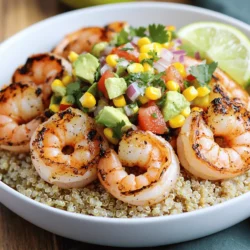 - Large shrimp: 1 lb, peeled and deveined - Cooking base: 2 cups cooked quinoa or brown rice - Avocado corn salsa components: corn kernels, avocado, tomato, red onion - Extra virgin olive oil: 2 tablespoons - Spices: smoked paprika, garlic powder, ground cumin - Seasoning: sea salt and black pepper - Fresh cilantro for garnish - Lime for zest and flavor When I make my Grilled Shrimp Bowl with Avocado Corn Salsa, I focus on fresh ingredients. Using large shrimp makes a big difference. They grill up juicy and plump. You want the shrimp peeled and deveined for easy eating. For the base, I often choose quinoa or brown rice. Both add a nutty flavor and nice texture. They also help fill you up. The avocado corn salsa adds brightness. You need corn kernels, ripe avocado, diced tomato, and finely chopped red onion. This mix gives a crunchy and creamy contrast. The marinade is key for flavor. I use two tablespoons of extra virgin olive oil. Then, I add smoked paprika, garlic powder, and ground cumin. These spices give the shrimp a smoky, savory kick. Season it with sea salt and freshly ground black pepper for balance. For garnishing, I love to sprinkle fresh cilantro on top. It adds color and freshness. Don’t forget lime juice! It brightens up the whole dish. This bowl is not just a meal; it's a feast for the eyes too. For the full recipe, check out the details I’ve laid out for you. To start, gather your shrimp and marinade. You will need 1 pound of large shrimp, peeled and deveined. In a bowl, mix the shrimp with 2 tablespoons of extra virgin olive oil, 1 teaspoon of smoked paprika, 1 teaspoon of garlic powder, 1 teaspoon of ground cumin, sea salt, and freshly ground black pepper. Toss the shrimp gently until they are fully coated. Cover the bowl and let it marinate for 15 minutes. This step adds flavor and makes the shrimp juicy. Next, get your grill ready. Set it to medium-high heat, about 375-400°F. Clean the grill grates and oil them lightly. This helps prevent the shrimp from sticking. A well-prepped grill ensures your shrimp cook evenly and get those nice grill marks. Once your grill is hot, it’s time to grill. If you’re using wooden skewers, soak them in water for 30 minutes. Then, thread the marinated shrimp onto the skewers. Grill the shrimp for 2-3 minutes on each side. Look for a pink color and a slight char. When done, remove the skewers and let them cool for a bit. This step locks in the flavor and keeps the shrimp tender. While the shrimp cools, let’s make the salsa. In a medium bowl, combine 1 cup of corn kernels, 1 diced avocado, 1 diced tomato, and 1/4 finely chopped red onion. Squeeze the juice of 1 lime over the mix. Season with salt and pepper. Gently combine everything with a spatula. Be careful not to mash the avocado. This salsa adds a fresh and vibrant touch to the bowl. Now, it’s time to put everything together. In serving bowls, add a layer of 2 cups of cooked quinoa or brown rice as the base. Place the grilled shrimp on top of the grain. Finally, spoon a generous amount of avocado corn salsa over the shrimp. This creates a beautiful and colorful dish. For the final touch, sprinkle freshly chopped cilantro on each bowl. Add lime wedges on the side for an extra burst of flavor. Your Grilled Shrimp Bowl with Avocado Corn Salsa is now ready to enjoy! This dish not only looks great but tastes even better. For the full recipe, check the details above. To grill shrimp well, start by preventing them from sticking to the grill. Here are some tips: - Clean the grill grates: A clean surface helps the shrimp slide right off. - Oil the grates: Use a paper towel dipped in oil and wipe the grates before grilling. For juicy shrimp, cook them for the right amount of time. Grill the shrimp for about 2-3 minutes on each side. They should turn pink and opaque. Overcooking makes shrimp tough, so watch them closely. Selecting the perfect avocado is key for your salsa. Look for avocados that feel slightly soft when you press them gently. They should not feel mushy. To handle and dice an avocado, first cut it in half and remove the pit. Use a spoon to scoop out the flesh. Then, slice it into cubes while it is still in the skin. This method helps you keep the pieces intact. For a stunning bowl, choose shallow and wide bowls. This shape lets the colors of the salsa pop. When serving, you can add lime wedges on the side. They not only look great, but they also add more flavor. Consider placing fresh cilantro on top for extra color and taste. For the full recipe, check the section above. {{image_4}} You can switch out shrimp for chicken or tofu. Chicken adds a nice twist. Tofu is a great choice for vegans. Both options taste great with the same marinade. For the base, try using farro or white rice instead of quinoa. Each grain brings a unique flavor and texture. Quinoa is nutty, while farro is chewy. Choose what you like best! Want to spice things up? Add some cayenne or chili powder to the marinade. This will give your shrimp a nice kick. You can also add fresh herbs like dill or basil for extra flavor. In the salsa, feel free to mix in bell peppers or cucumbers. These veggies add crunch and freshness. You can even toss in some black beans for added protein. To make this dish gluten-free, simply ensure your grains are gluten-free. Quinoa and brown rice are safe bets. They work well with the other ingredients. For vegetarian or vegan options, use tofu and skip the shrimp. You can also add more beans to boost protein. This makes a filling meal that everyone can enjoy. Check out the Full Recipe for all the details! To keep your leftover grilled shrimp bowl fresh, use airtight containers. Glass or plastic containers work well. Store them in your fridge right away. This helps keep the shrimp and salsa safe to eat. You should eat leftovers within three days for the best taste. When it’s time to eat, you can reheat the shrimp and grains easily. Use a microwave or a skillet. If using a microwave, heat in short bursts. Stir in between to heat evenly. In a skillet, warm them over medium heat. Add a splash of water to keep them moist. This helps avoid drying out the shrimp. You can freeze the shrimp and salsa if you have extra. Place the shrimp in a freezer-safe bag. Remove as much air as possible. Salsa can also freeze, but the texture may change. For best results, freeze the salsa without the avocado. When ready to eat, thaw in the fridge overnight. Reheat the shrimp and mix with fresh salsa for a tasty meal. For the full recipe, check out the Grilled Shrimp Bowl with Avocado Corn Salsa. You can store grilled shrimp in the fridge for one to two days. Make sure to place them in an airtight container. This keeps them fresh and safe to eat. Check for any off smells or changes in texture before enjoying them again. Yes, you can use frozen shrimp for this dish. First, thaw the shrimp in cold water. This takes about 15-20 minutes. Avoid using hot water as it can cook the shrimp. Once thawed, pat them dry with a paper towel before marinating. If you need a substitute for quinoa, try brown rice, farro, or couscous. Each grain has a different cooking time. For brown rice, cook it for about 40-45 minutes. Farro cooks in about 30 minutes, while couscous only takes about 10 minutes. Shrimp are cooked when they turn pink and opaque. They should curl into a “C” shape. Avoid overcooking, as shrimp can become tough. A good rule is to grill them for 2-3 minutes on each side. For more details, check the Full Recipe. This grilled shrimp bowl combines fresh shrimp, flavorful marinade, and a tasty avocado corn salsa. You learned to marinate, grill, and assemble layers for a delightful meal. Remember, you can customize and store this dish easily. With basic tips, you'll achieve juicy shrimp and vibrant flavors. Enjoy experimenting with variations to suit your taste. I hope this recipe inspires many delicious meals in your kitchen. Cook well, and savor every bite!