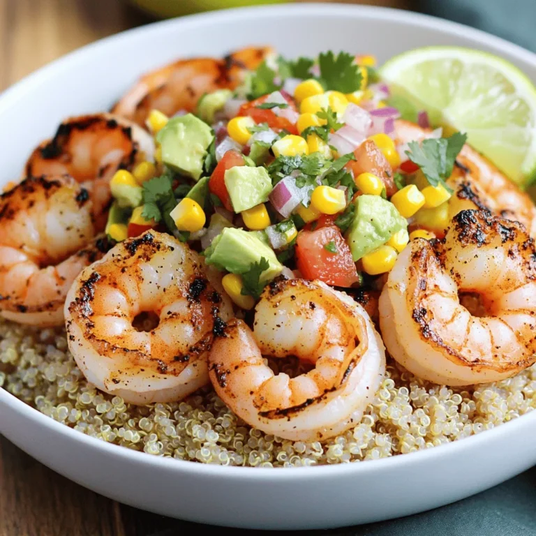 - Large shrimp: 1 lb, peeled and deveined - Cooking base: 2 cups cooked quinoa or brown rice - Avocado corn salsa components: corn kernels, avocado, tomato, red onion - Extra virgin olive oil: 2 tablespoons - Spices: smoked paprika, garlic powder, ground cumin - Seasoning: sea salt and black pepper - Fresh cilantro for garnish - Lime for zest and flavor When I make my Grilled Shrimp Bowl with Avocado Corn Salsa, I focus on fresh ingredients. Using large shrimp makes a big difference. They grill up juicy and plump. You want the shrimp peeled and deveined for easy eating. For the base, I often choose quinoa or brown rice. Both add a nutty flavor and nice texture. They also help fill you up. The avocado corn salsa adds brightness. You need corn kernels, ripe avocado, diced tomato, and finely chopped red onion. This mix gives a crunchy and creamy contrast. The marinade is key for flavor. I use two tablespoons of extra virgin olive oil. Then, I add smoked paprika, garlic powder, and ground cumin. These spices give the shrimp a smoky, savory kick. Season it with sea salt and freshly ground black pepper for balance. For garnishing, I love to sprinkle fresh cilantro on top. It adds color and freshness. Don’t forget lime juice! It brightens up the whole dish. This bowl is not just a meal; it's a feast for the eyes too. For the full recipe, check out the details I’ve laid out for you. To start, gather your shrimp and marinade. You will need 1 pound of large shrimp, peeled and deveined. In a bowl, mix the shrimp with 2 tablespoons of extra virgin olive oil, 1 teaspoon of smoked paprika, 1 teaspoon of garlic powder, 1 teaspoon of ground cumin, sea salt, and freshly ground black pepper. Toss the shrimp gently until they are fully coated. Cover the bowl and let it marinate for 15 minutes. This step adds flavor and makes the shrimp juicy. Next, get your grill ready. Set it to medium-high heat, about 375-400°F. Clean the grill grates and oil them lightly. This helps prevent the shrimp from sticking. A well-prepped grill ensures your shrimp cook evenly and get those nice grill marks. Once your grill is hot, it’s time to grill. If you’re using wooden skewers, soak them in water for 30 minutes. Then, thread the marinated shrimp onto the skewers. Grill the shrimp for 2-3 minutes on each side. Look for a pink color and a slight char. When done, remove the skewers and let them cool for a bit. This step locks in the flavor and keeps the shrimp tender. While the shrimp cools, let’s make the salsa. In a medium bowl, combine 1 cup of corn kernels, 1 diced avocado, 1 diced tomato, and 1/4 finely chopped red onion. Squeeze the juice of 1 lime over the mix. Season with salt and pepper. Gently combine everything with a spatula. Be careful not to mash the avocado. This salsa adds a fresh and vibrant touch to the bowl. Now, it’s time to put everything together. In serving bowls, add a layer of 2 cups of cooked quinoa or brown rice as the base. Place the grilled shrimp on top of the grain. Finally, spoon a generous amount of avocado corn salsa over the shrimp. This creates a beautiful and colorful dish. For the final touch, sprinkle freshly chopped cilantro on each bowl. Add lime wedges on the side for an extra burst of flavor. Your Grilled Shrimp Bowl with Avocado Corn Salsa is now ready to enjoy! This dish not only looks great but tastes even better. For the full recipe, check the details above. To grill shrimp well, start by preventing them from sticking to the grill. Here are some tips: - Clean the grill grates: A clean surface helps the shrimp slide right off. - Oil the grates: Use a paper towel dipped in oil and wipe the grates before grilling. For juicy shrimp, cook them for the right amount of time. Grill the shrimp for about 2-3 minutes on each side. They should turn pink and opaque. Overcooking makes shrimp tough, so watch them closely. Selecting the perfect avocado is key for your salsa. Look for avocados that feel slightly soft when you press them gently. They should not feel mushy. To handle and dice an avocado, first cut it in half and remove the pit. Use a spoon to scoop out the flesh. Then, slice it into cubes while it is still in the skin. This method helps you keep the pieces intact. For a stunning bowl, choose shallow and wide bowls. This shape lets the colors of the salsa pop. When serving, you can add lime wedges on the side. They not only look great, but they also add more flavor. Consider placing fresh cilantro on top for extra color and taste. For the full recipe, check the section above. {{image_4}} You can switch out shrimp for chicken or tofu. Chicken adds a nice twist. Tofu is a great choice for vegans. Both options taste great with the same marinade. For the base, try using farro or white rice instead of quinoa. Each grain brings a unique flavor and texture. Quinoa is nutty, while farro is chewy. Choose what you like best! Want to spice things up? Add some cayenne or chili powder to the marinade. This will give your shrimp a nice kick. You can also add fresh herbs like dill or basil for extra flavor. In the salsa, feel free to mix in bell peppers or cucumbers. These veggies add crunch and freshness. You can even toss in some black beans for added protein. To make this dish gluten-free, simply ensure your grains are gluten-free. Quinoa and brown rice are safe bets. They work well with the other ingredients. For vegetarian or vegan options, use tofu and skip the shrimp. You can also add more beans to boost protein. This makes a filling meal that everyone can enjoy. Check out the Full Recipe for all the details! To keep your leftover grilled shrimp bowl fresh, use airtight containers. Glass or plastic containers work well. Store them in your fridge right away. This helps keep the shrimp and salsa safe to eat. You should eat leftovers within three days for the best taste. When it’s time to eat, you can reheat the shrimp and grains easily. Use a microwave or a skillet. If using a microwave, heat in short bursts. Stir in between to heat evenly. In a skillet, warm them over medium heat. Add a splash of water to keep them moist. This helps avoid drying out the shrimp. You can freeze the shrimp and salsa if you have extra. Place the shrimp in a freezer-safe bag. Remove as much air as possible. Salsa can also freeze, but the texture may change. For best results, freeze the salsa without the avocado. When ready to eat, thaw in the fridge overnight. Reheat the shrimp and mix with fresh salsa for a tasty meal. For the full recipe, check out the Grilled Shrimp Bowl with Avocado Corn Salsa. You can store grilled shrimp in the fridge for one to two days. Make sure to place them in an airtight container. This keeps them fresh and safe to eat. Check for any off smells or changes in texture before enjoying them again. Yes, you can use frozen shrimp for this dish. First, thaw the shrimp in cold water. This takes about 15-20 minutes. Avoid using hot water as it can cook the shrimp. Once thawed, pat them dry with a paper towel before marinating. If you need a substitute for quinoa, try brown rice, farro, or couscous. Each grain has a different cooking time. For brown rice, cook it for about 40-45 minutes. Farro cooks in about 30 minutes, while couscous only takes about 10 minutes. Shrimp are cooked when they turn pink and opaque. They should curl into a “C” shape. Avoid overcooking, as shrimp can become tough. A good rule is to grill them for 2-3 minutes on each side. For more details, check the Full Recipe. This grilled shrimp bowl combines fresh shrimp, flavorful marinade, and a tasty avocado corn salsa. You learned to marinate, grill, and assemble layers for a delightful meal. Remember, you can customize and store this dish easily. With basic tips, you'll achieve juicy shrimp and vibrant flavors. Enjoy experimenting with variations to suit your taste. I hope this recipe inspires many delicious meals in your kitchen. Cook well, and savor every bite!