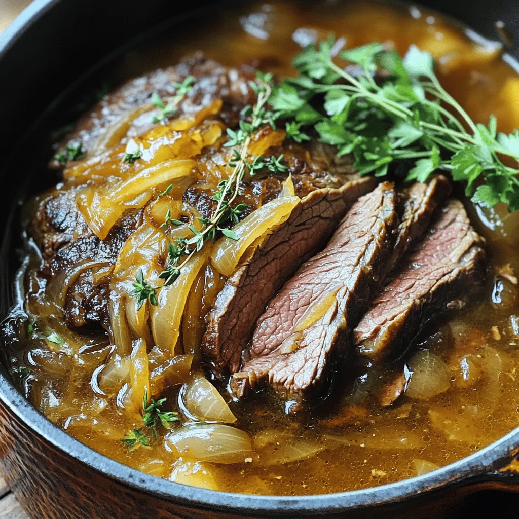 - 3-4 pounds beef chuck roast - 4 large onions, thinly sliced - 4 cloves garlic, minced - 2 cups beef broth - 1 tablespoon Worcestershire sauce - 2 tablespoons fresh thyme leaves (or 1 tablespoon dried thyme) - 2 tablespoons olive oil - 1 tablespoon butter - Salt and pepper, to taste - 3-4 sprigs fresh parsley, for garnish - 1 teaspoon sugar (to enhance onion caramelization) The heart of this dish is the beef chuck roast. It gives that rich, savory base. The four large onions add sweetness and depth. You will need garlic for a pop of flavor, and beef broth to keep things moist and tasty. For seasoning, Worcestershire sauce brings a nice tang. Thyme gives a hint of earthiness. Olive oil and butter are key for cooking the onions to a golden brown. Feel free to customize with salt and pepper. If you want, add fresh parsley for color. A touch of sugar helps caramelize the onions. You can find the full recipe with all the steps to make this amazing pot roast. To start, I melt the olive oil and butter in a large skillet over medium heat. This mix gives the onions a rich base. Next, I add thinly sliced onions and a pinch of salt to help them release moisture. I cook these onions gently, stirring often for about 15 to 20 minutes. As they soften, I can smell their sweet aroma. For extra sweetness, I may add a teaspoon of sugar. This helps the onions to caramelize, turning them a beautiful golden brown. While the onions cook, I heat a large pot or Dutch oven over medium-high heat. I pat the beef chuck roast dry using paper towels. Then, I season all sides generously with salt and pepper. Once the pot is hot, I place the roast in and sear it for about 4 to 5 minutes on each side. This creates a nice brown crust. Once browned, I remove the roast and set it aside for now. In the same pot, I add minced garlic and sauté it for about one minute. I stir to avoid burning. The garlic becomes fragrant and golden. After that, I return the seared roast to the pot. I pour in the beef broth and Worcestershire sauce. Next, I gently add the caramelized onions on top, sprinkling fresh thyme leaves evenly across the mixture. This ensures the onions surround the meat well. I can either simmer this on the stovetop or use the oven. For stovetop cooking, I bring the broth to a gentle simmer. Then, I cover the pot with a lid. I lower the heat and let it cook for 3 to 4 hours. If I choose the oven, I preheat it to 300°F (150°C) and place the pot inside for the same time. The roast is ready when it is tender and can be easily shredded with a fork. Once the cooking time is up, I take the pot off the heat and let the roast rest for 10 to 15 minutes. Resting allows the juices to move back into the meat, keeping it moist. Before serving, I taste the broth and adjust the seasoning with more salt and pepper if needed. Finally, I slice the pot roast into hearty pieces and serve it topped with the delicious onions and broth. To get the best caramelized onions, control your heat. Start by cooking them on medium heat. If the heat is too high, the onions will burn. Stir the onions often, too. This helps them cook evenly and get that sweet, golden color. If you want them extra sweet, add a tiny bit of sugar. It helps the onions caramelize better. Use high-quality beef broth for a richer taste. It makes a big difference in the final dish. You can also add herbs like thyme or bay leaves. These herbs boost the flavor and add depth. Fresh herbs work best, but dried is fine in a pinch. Experiment with different herbs to find your favorite mix. To check if your pot roast is done, use a fork. If it shreds easily, it’s ready. Cooking times can vary, so keep an eye on it. Once the roast is done, let it rest for 10-15 minutes. This helps keep the juices in, making the meat tender and juicy. A little patience goes a long way in improving texture. {{image_4}} You can use different cuts of meat for this pot roast. Brisket and round roast work well too. Each cut brings a unique taste and texture. They may need different cooking times. Brisket is leaner, so it cooks faster. Round roast is firmer and may take a bit longer. Adjust your cooking time based on the cut. A good rule is to check for tenderness after three hours. You can change the flavor of this pot roast easily. Adding mushrooms or bell peppers can add depth. These veggies soak up the beef broth well and add an earthy taste. You might also try different herbs. Rosemary or oregano can give the dish a fresh twist. Experimenting with flavors keeps cooking exciting! This pot roast pairs well with seasonal veggies. Think about carrots, peas, or green beans. They add color and nutrition to your plate. For side dishes, mashed potatoes are a classic choice. You can also serve it with crusty bread to soak up the broth. Each bite becomes a warm and hearty experience. To see the full recipe, check the details above. To keep your savory French onion pot roast fresh, follow these steps: - Cool the roast to room temperature. - Place it in an airtight container. - Store it in the refrigerator. The roast lasts about 3 to 4 days in the fridge. If you want to save some for later, freezing is a great option: - Cut the roast into portions. - Wrap each piece tightly in plastic wrap. - Place the wrapped portions in a freezer-safe bag. Make sure to remove as much air as possible. Thaw the roast overnight in the fridge for the best taste. To enjoy your pot roast without it drying out, try these methods: - Use the oven at 300°F (150°C) for even heating. - Cover the roast with foil to retain moisture. - You can also use a microwave, but heat it in short bursts. A slow cooker on low also works well. This keeps the meat tender and juicy. The best cut for pot roast is beef chuck roast. It has great fat and connective tissue. This helps it become tender when cooked slowly. You can also use brisket or round roast as alternatives. Both will work well, but might need different cooking times. I always recommend chuck roast for the best flavor and texture. Yes, you can cook this recipe in a slow cooker! First, sear the roast in a pan. This adds flavor. Then, place the roast in the slow cooker with the other ingredients. Cook on low for 8 hours or high for 4 hours. Adjust the time based on your slow cooker. The meat should be tender and easy to shred. To make this recipe low-carb, focus on your sides. Avoid potatoes and bread. Instead, serve with steamed vegetables like broccoli or zucchini. You can also use cauliflower mash as a great substitute for mashed potatoes. This keeps the meal filling and tasty without added carbs. Enjoy the rich flavors of the pot roast without the extra carbs! For the full recipe, check out the [Full Recipe]. You learned how to make a delicious pot roast using simple steps and ingredients. Starting with beef chuck, onions, and garlic, you create big flavors. You can choose your method, whether stovetop or oven, to achieve perfect tenderness. Remember to rest the meat before slicing for the best taste. Experiment with extras like mushrooms or different herbs to make it your own. Enjoy sharing this satisfying dish with family and friends. With these tips, your pot roast will impress everyone!