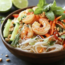 - Rice vermicelli noodles - Cooked shrimp - Fresh vegetables: bean sprouts, carrot, cucumber, red bell pepper - Fresh herbs: mint leaves, cilantro - Fish sauce - Fresh lime juice - Granulated sugar - Minced garlic - Sesame oil - Crushed peanuts - Lime wedges To make a quick Vietnamese noodle salad, gather these ingredients. Rice vermicelli noodles form the base. They are thin and cook quickly. Cooked shrimp adds protein and flavor. Use fresh vegetables like bean sprouts, carrot, cucumber, and red bell pepper. These add crunch and color. Fresh herbs like mint and cilantro bring brightness to the dish. The dressing is key to the salad's taste. Combine fish sauce, fresh lime juice, granulated sugar, minced garlic, and sesame oil. This mix gives a perfect balance of salty, sweet, and tangy. For extra texture, consider garnishing with crushed peanuts. Lime wedges add a refreshing kick. You can find the full recipe below, which includes all steps for making this delicious salad. - Bring a pot of water to a boil. - Add the rice vermicelli noodles. - Cook the noodles until they are al dente. - Drain the noodles and rinse them with cold water. Cooking the rice vermicelli is key to this dish. Make sure the water is boiling before adding the noodles. This step helps them cook evenly and stay firm. Rinsing with cold water stops the cooking and keeps the noodles from sticking. - Whisk fish sauce, lime juice, sugar, garlic, and sesame oil. - Ensure the sugar dissolves completely. The dressing brings flavor to the salad. You must whisk it well until the sugar fully dissolves. This creates a tasty balance of salty, sweet, and tangy notes. Fresh lime juice adds brightness, so don't skip it! - Toss noodles with dressing. - Add shrimp and vegetables to the noodles. Once the dressing is ready, pour it over the cooled noodles. Use tongs or chopsticks to gently toss them. Then, add the cooked shrimp and fresh vegetables. Toss again to mix everything evenly. You want each bite to be full of flavor. - Incorporate fresh herbs. - Serve in individual bowls with garnishes. After mixing, add fresh mint and cilantro. These herbs add a nice crunch and aroma. Spoon the salad into individual bowls. Top each bowl with crushed peanuts for extra texture. Don’t forget lime wedges! They let you add a fresh squeeze right before eating. This Quick Vietnamese Noodle Salad is vibrant and refreshing. You can find the Full Recipe above for all the details you need! - Ensure noodles are rinsed thoroughly. This step cools them down and removes extra starch. - Use freshly squeezed lime juice for the best flavor. It brightens the salad and adds zing. - Pair with additional lime wedges. Guests can add more lime for a punchy taste. - Serve chilled for a refreshing taste. This makes the salad even more enjoyable on warm days. - Overcooking the rice vermicelli noodles. They should be tender but firm. - Skipping the rinsing step. This can lead to sticky noodles that don’t mix well. {{image_4}} If you want a vegetarian dish, swap the shrimp for tofu or chickpeas. Both options add protein and texture. Tofu absorbs flavors well, making it a great choice. Just press the tofu to remove extra water, then cube it. You can sauté it for a few minutes to give it a nice golden color. Chickpeas add a nutty taste and are easy to use straight from the can. This way, you keep the salad light and fresh while making it filling. For a gluten-free version, use gluten-free noodles and sauces. Many brands offer rice noodles or other options made from quinoa or brown rice. These noodles cook quickly and have a great texture. Check the labels on sauces, too. Some fish sauces are gluten-free, but always read the ingredients. With these swaps, you can still enjoy the vibrant flavors in this salad. To make your salad crunchier, add chopped nuts or more fresh vegetables. Peanuts are a classic garnish, but you could try cashews or almonds for a twist. You can also add sliced radishes or snap peas for extra crunch. These additions not only enhance the texture but also boost the flavor. Feel free to mix in any seasonal veggies you have on hand. This keeps the recipe flexible and fun! For the full recipe, check out the details above. To keep your Quick Vietnamese Noodle Salad fresh, store it in an airtight container in the fridge. This will help maintain the crispness of the veggies and the flavor of the dressing. Make sure the container seals tightly to keep out air and moisture. Enjoy your salad within two days for the best taste and texture. After that, the ingredients may lose their freshness. The herbs can wilt, and the noodles may become soggy. Always check for signs of spoilage before eating. This salad is best served cold. However, if you want to warm it up, you can gently reheat it in a pan. Just heat it on low to avoid overcooking the noodles and vegetables. If you prefer, you can also enjoy it straight from the fridge! Yes, you can prepare it a few hours in advance. This makes it easy for meal prep. Store it in the fridge to keep it fresh. Just remember to add the herbs just before serving to keep them crisp. You can use soy sauce or tamari for a similar flavor. Both options add a nice salty depth. If you want a fishy taste, you may look for vegan fish sauce, too. Yes, this salad can be gluten-free. Choose gluten-free rice vermicelli noodles and check all sauces. This is key for those with gluten allergies or sensitivities. You can try different dressings or add spice with chili flakes. Adding crushed peanuts gives a great crunch. If you like it sweeter, add more sugar to the dressing. Feel free to play with flavors until you find your perfect mix. This blog post covered how to make a quick and tasty Vietnamese noodle salad. We explored key ingredients like rice vermicelli, shrimp, fresh veggies, and herbs. You learned how to prepare the dressing and combine everything for a delicious meal. Remember, using fresh lime juice and thorough rinsing are key for flavor and texture. You can adapt this salad to suit your taste, whether vegetarian or gluten-free. Enjoy making this dish, and share it with friends for a refreshing treat!