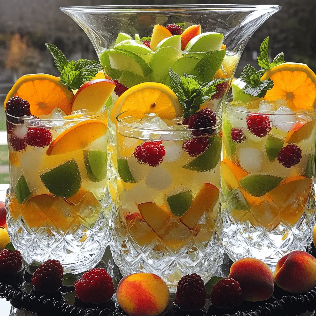 To create a delicious white sangria, gather these essential ingredients: - 2 cups white grape juice - 1 cup sparkling water - 1 cup peach nectar - 1 green apple, thinly sliced - 1 orange, thinly sliced - 1 lemon, thinly sliced - 1 cup mixed berries (strawberries, blueberries, and raspberries) - Fresh mint leaves for garnish - Ice cubes These ingredients bring the right balance of sweet and tart. The white grape juice provides a sweet base. The peach nectar adds depth. Fresh fruits give it a bright, fruity taste. The sparkling water adds a refreshing fizz, making it perfect for summer. You can enhance your white sangria with these optional ingredients: - Additional fruits (pineapple, strawberries) - Alcoholic additions (white wine, brandy) - Sweeteners (honey, agave syrup) Adding more fruit can give a fun twist to the drink. Pineapple adds a tropical vibe, while strawberries boost the sweetness. If you want to add a kick, consider white wine or a splash of brandy. For those who like it sweeter, try honey or agave syrup. For the full recipe, check out the Refreshing White Sangria Mocktail . - <strong>Mixing the base juices</strong> Start by pouring 2 cups of white grape juice and 1 cup of peach nectar into a large pitcher. Stir the juices well with a long spoon. This helps blend their sweet flavors. – <strong>Adding and infusing the fruits</strong> Next, thinly slice 1 green apple, 1 orange, and 1 lemon. Add these slices into the pitcher. The citrus will add a bright, fresh taste. Then, introduce 1 cup of mixed berries. Gently press on the berries with a wooden spoon. This step releases their juices, which enhances the sangria’s flavor. – <strong>Incorporating sparkling water for fizz</strong> Just before serving, pour in 1 cup of sparkling water. Use a gentle folding motion with your spoon. This keeps the bubbles alive while mixing the flavors. – <strong>How to properly serve chilled</strong> Fill each glass with ice cubes to the top. This keeps the sangria cold. Then, ladle the mixture over the ice. Make sure each glass gets a good amount of fruit. – <strong>Presentation tips for a beautiful display</strong> For a lovely touch, garnish each glass with a fresh mint leaf. It adds color and a nice aroma. You can also place a slice of lemon on the rim for extra flair. – <strong>Glassware recommendations</strong> Use clear glasses to show off the colorful fruits. A classic wine glass works well for sangria. You can also use mason jars for a fun, rustic look. For the full recipe, refer to the details provided earlier. To make a great white sangria, start with the right wine. Select light and fruity wines. Options like Sauvignon Blanc or Pinot Grigio work well. They add a nice base without being too heavy. Next, adjust the sweetness and acidity. You can balance flavors by adding lemon juice or honey. Taste as you mix to find the right blend. Let the fruits infuse for optimal flavor. A few hours in the fridge works best. This allows the flavors to meld. The longer it sits, the better it tastes. Garnishing can elevate your drink. Use fresh herbs like mint or basil for a pop of color. They also add a refreshing aroma. Consider using flavored ice cubes. Freeze pieces of fruit in water to make them. This adds style and keeps your drink cold. Plus, it adds a fun visual touch. For the full recipe, check the [Full Recipe]. {{image_4}} You can change the fruits in white sangria for your taste. A tropical twist is great. Just add pineapple and mango. These fruits add a sweet and fresh flavor. You can use fresh or canned pineapple. For mango, choose ripe ones for the best taste. A berry explosion is another fun option. You can mix strawberries, blueberries, and raspberries. Each type of berry brings a unique flavor. You can even use blackberries or cranberries. Try different berry combos to see what you like best. You can make two versions of white sangria: alcoholic and non-alcoholic. For the alcoholic version, add white wine. A fruity wine works well. You can also add a splash of brandy for a stronger kick. If you want to make a mocktail, you can follow the Full Recipe. This drink is refreshing and fun without alcohol. Use white grape juice and sparkling water for a bubbly feel. You won’t miss the alcohol with all the fresh fruits. Enjoy both versions at your next gathering! To keep your white sangria fresh, store it in a pitcher with a lid. This helps avoid spills and keeps the flavors intact. If you have leftover fruit, put it in a separate container. The fruit can make the sangria taste too strong if left too long. The shelf life of the sangria depends on the ingredients. Here’s a quick guide: – <strong>White grape juice</strong>: 3 to 5 days in the fridge. – <strong>Peach nectar</strong>: 5 to 7 days if opened. – <strong>Mixed fruits</strong>: Best within 1 to 2 days. – <strong>Sparkling water</strong>: Use within 1 day for fizz. You can make parts of your white sangria ahead. This saves time for parties. Start by mixing the white grape juice and peach nectar. You can cut the fruits a few hours before serving. Store them in the fridge. Avoid adding sparkling water until you’re ready to serve. This keeps the fizz. Combine all the ingredients just before pouring over ice. This way, your sangria stays fresh and bubbly. The best wines for white sangria are light and fruity. Look for dry white wines like Sauvignon Blanc or Pinot Grigio. These wines work well with fresh fruits. They add a crisp taste without being too sweet. You can also use a sparkling white wine for added fizz. Just remember, the wine should not overpower the flavors of the fruits. You can store white sangria in the fridge for up to three days. After that, the fruit may get mushy, and the flavors might change. Always keep it in a sealed container to maintain freshness. If you see any change in color or smell, it’s best to toss it. Yes, you can make white sangria in advance! Prepare the base with juice and wine. Add the sliced fruits a few hours before serving. This way, the flavors blend nicely. Just remember to add sparkling water right before you serve it to keep it fizzy. Many fun variations exist for sangria! You can try adding tropical fruits like pineapple or mango. Some people enjoy making a berry sangria with strawberries and blueberries. You can also mix in herbs like basil or mint for a fresh twist. Each variation gives a new flavor experience. Using sparkling water is not a must, but it adds a nice fizz. It makes the drink feel special and refreshing. If you prefer a still drink, you can skip it. Just stick to the juice and wine for a smoother taste. However, I recommend trying the sparkling water for a fun twist! White sangria is a delightful drink, perfect for any occasion. We covered essential ingredients, like white grape juice and fresh fruits, and optional additions for extra flavor. You learned simple steps to mix and serve it beautifully. Remember, choosing the right wine and letting it infuse enhances taste. Whether you go for classic styles or add your own twist, white sangria can be a crowd favorite. Enjoy experimenting and sharing your creations!” /></p>
</p>
<h2>Variations</h2>
</p>
<h3>Fruit Variations for Personalized Flavor</h3>
</p>
<p>You can change the fruits in white sangria for your taste. A tropical twist is great. Just add pineapple and mango. These fruits add a sweet and fresh flavor. You can use fresh or canned pineapple. For mango, choose ripe ones for the best taste.</p>
</p>
<p>A berry explosion is another fun option. You can mix strawberries, blueberries, and raspberries. Each type of berry brings a unique flavor. You can even use blackberries or cranberries. Try different berry combos to see what you like best.</p>
</p>
<h3>Alcoholic vs. Non-Alcoholic Options</h3>
</p>
<p>You can make two versions of white sangria: alcoholic and non-alcoholic. For the alcoholic version, add white wine. A fruity wine works well. You can also add a splash of brandy for a stronger kick.</p>
</p>
<p>If you want to make a mocktail, you can follow the Full Recipe. This drink is refreshing and fun without alcohol. Use white grape juice and sparkling water for a bubbly feel. You won’t miss the alcohol with all the fresh fruits. Enjoy both versions at your next gathering!</p>
</p>
<h2>Storage Info</h2>
</p>
<h3>Storing Leftovers</h3>
<p>To keep your white sangria fresh, store it in a pitcher with a lid. This helps avoid spills and keeps the flavors intact. If you have leftover fruit, put it in a separate container. The fruit can make the sangria taste too strong if left too long.</p>
</p>
<p>The shelf life of the sangria depends on the ingredients. Here’s a quick guide:</p>
<p>– <strong>White grape juice</strong>: 3 to 5 days in the fridge.</p>
<p>– <strong>Peach nectar</strong>: 5 to 7 days if opened.</p>
<p>– <strong>Mixed fruits</strong>: Best within 1 to 2 days.</p>
<p>– <strong>Sparkling water</strong>: Use within 1 day for fizz.</p>
</p>
<h3>Preparing Ahead of Time</h3>
<p>You can make parts of your white sangria ahead. This saves time for parties. Start by mixing the white grape juice and peach nectar. You can cut the fruits a few hours before serving. Store them in the fridge.</p>
</p>
<p>Avoid adding sparkling water until you’re ready to serve. This keeps the fizz. Combine all the ingredients just before pouring over ice. This way, your sangria stays fresh and bubbly.</p>
</p>
<h2>FAQs</h2>
</p>
<h3>What wines are best for white sangria?</h3>
<p>The best wines for white sangria are light and fruity. Look for dry white wines like Sauvignon Blanc or Pinot Grigio. These wines work well with fresh fruits. They add a crisp taste without being too sweet. You can also use a sparkling white wine for added fizz. Just remember, the wine should not overpower the flavors of the fruits.</p>
</p>
<h3>How long can I store white sangria?</h3>
<p>You can store white sangria in the fridge for up to three days. After that, the fruit may get mushy, and the flavors might change. Always keep it in a sealed container to maintain freshness. If you see any change in color or smell, it’s best to toss it.</p>
</p>
<h3>Can I make white sangria in advance?</h3>
<p>Yes, you can make white sangria in advance! Prepare the base with juice and wine. Add the sliced fruits a few hours before serving. This way, the flavors blend nicely. Just remember to add sparkling water right before you serve it to keep it fizzy.</p>
</p>
<h3>What are some popular variations of sangria?</h3>
<p>Many fun variations exist for sangria! You can try adding tropical fruits like pineapple or mango. Some people enjoy making a berry sangria with strawberries and blueberries. You can also mix in herbs like basil or mint for a fresh twist. Each variation gives a new flavor experience.</p>
</p>
<h3>Do I need to use sparkling water in white sangria?</h3>
<p>Using sparkling water is not a must, but it adds a nice fizz. It makes the drink feel special and refreshing. If you prefer a still drink, you can skip it. Just stick to the juice and wine for a smoother taste. However, I recommend trying the sparkling water for a fun twist!</p>
</p>
<p>White sangria is a delightful drink, perfect for any occasion. We covered essential ingredients, like white grape juice and fresh fruits, and optional additions for extra flavor. You learned simple steps to mix and serve it beautifully.</p>
</p>
<p>Remember, choosing the right wine and letting it infuse enhances taste. Whether you go for classic styles or add your own twist, white sangria can be a crowd favorite. Enjoy experimenting and sharing your creations!</p>
<div id=
