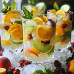 To create a delicious white sangria, gather these essential ingredients: - 2 cups white grape juice - 1 cup sparkling water - 1 cup peach nectar - 1 green apple, thinly sliced - 1 orange, thinly sliced - 1 lemon, thinly sliced - 1 cup mixed berries (strawberries, blueberries, and raspberries) - Fresh mint leaves for garnish - Ice cubes These ingredients bring the right balance of sweet and tart. The white grape juice provides a sweet base. The peach nectar adds depth. Fresh fruits give it a bright, fruity taste. The sparkling water adds a refreshing fizz, making it perfect for summer. You can enhance your white sangria with these optional ingredients: - Additional fruits (pineapple, strawberries) - Alcoholic additions (white wine, brandy) - Sweeteners (honey, agave syrup) Adding more fruit can give a fun twist to the drink. Pineapple adds a tropical vibe, while strawberries boost the sweetness. If you want to add a kick, consider white wine or a splash of brandy. For those who like it sweeter, try honey or agave syrup. For the full recipe, check out the Refreshing White Sangria Mocktail . - Mixing the base juices Start by pouring 2 cups of white grape juice and 1 cup of peach nectar into a large pitcher. Stir the juices well with a long spoon. This helps blend their sweet flavors. - Adding and infusing the fruits Next, thinly slice 1 green apple, 1 orange, and 1 lemon. Add these slices into the pitcher. The citrus will add a bright, fresh taste. Then, introduce 1 cup of mixed berries. Gently press on the berries with a wooden spoon. This step releases their juices, which enhances the sangria's flavor. - Incorporating sparkling water for fizz Just before serving, pour in 1 cup of sparkling water. Use a gentle folding motion with your spoon. This keeps the bubbles alive while mixing the flavors. - How to properly serve chilled Fill each glass with ice cubes to the top. This keeps the sangria cold. Then, ladle the mixture over the ice. Make sure each glass gets a good amount of fruit. - Presentation tips for a beautiful display For a lovely touch, garnish each glass with a fresh mint leaf. It adds color and a nice aroma. You can also place a slice of lemon on the rim for extra flair. - Glassware recommendations Use clear glasses to show off the colorful fruits. A classic wine glass works well for sangria. You can also use mason jars for a fun, rustic look. For the full recipe, refer to the details provided earlier. To make a great white sangria, start with the right wine. Select light and fruity wines. Options like Sauvignon Blanc or Pinot Grigio work well. They add a nice base without being too heavy. Next, adjust the sweetness and acidity. You can balance flavors by adding lemon juice or honey. Taste as you mix to find the right blend. Let the fruits infuse for optimal flavor. A few hours in the fridge works best. This allows the flavors to meld. The longer it sits, the better it tastes. Garnishing can elevate your drink. Use fresh herbs like mint or basil for a pop of color. They also add a refreshing aroma. Consider using flavored ice cubes. Freeze pieces of fruit in water to make them. This adds style and keeps your drink cold. Plus, it adds a fun visual touch. For the full recipe, check the [Full Recipe]. {{image_4}} You can change the fruits in white sangria for your taste. A tropical twist is great. Just add pineapple and mango. These fruits add a sweet and fresh flavor. You can use fresh or canned pineapple. For mango, choose ripe ones for the best taste. A berry explosion is another fun option. You can mix strawberries, blueberries, and raspberries. Each type of berry brings a unique flavor. You can even use blackberries or cranberries. Try different berry combos to see what you like best. You can make two versions of white sangria: alcoholic and non-alcoholic. For the alcoholic version, add white wine. A fruity wine works well. You can also add a splash of brandy for a stronger kick. If you want to make a mocktail, you can follow the Full Recipe. This drink is refreshing and fun without alcohol. Use white grape juice and sparkling water for a bubbly feel. You won’t miss the alcohol with all the fresh fruits. Enjoy both versions at your next gathering! To keep your white sangria fresh, store it in a pitcher with a lid. This helps avoid spills and keeps the flavors intact. If you have leftover fruit, put it in a separate container. The fruit can make the sangria taste too strong if left too long. The shelf life of the sangria depends on the ingredients. Here’s a quick guide: - White grape juice: 3 to 5 days in the fridge. - Peach nectar: 5 to 7 days if opened. - Mixed fruits: Best within 1 to 2 days. - Sparkling water: Use within 1 day for fizz. You can make parts of your white sangria ahead. This saves time for parties. Start by mixing the white grape juice and peach nectar. You can cut the fruits a few hours before serving. Store them in the fridge. Avoid adding sparkling water until you’re ready to serve. This keeps the fizz. Combine all the ingredients just before pouring over ice. This way, your sangria stays fresh and bubbly. The best wines for white sangria are light and fruity. Look for dry white wines like Sauvignon Blanc or Pinot Grigio. These wines work well with fresh fruits. They add a crisp taste without being too sweet. You can also use a sparkling white wine for added fizz. Just remember, the wine should not overpower the flavors of the fruits. You can store white sangria in the fridge for up to three days. After that, the fruit may get mushy, and the flavors might change. Always keep it in a sealed container to maintain freshness. If you see any change in color or smell, it's best to toss it. Yes, you can make white sangria in advance! Prepare the base with juice and wine. Add the sliced fruits a few hours before serving. This way, the flavors blend nicely. Just remember to add sparkling water right before you serve it to keep it fizzy. Many fun variations exist for sangria! You can try adding tropical fruits like pineapple or mango. Some people enjoy making a berry sangria with strawberries and blueberries. You can also mix in herbs like basil or mint for a fresh twist. Each variation gives a new flavor experience. Using sparkling water is not a must, but it adds a nice fizz. It makes the drink feel special and refreshing. If you prefer a still drink, you can skip it. Just stick to the juice and wine for a smoother taste. However, I recommend trying the sparkling water for a fun twist! White sangria is a delightful drink, perfect for any occasion. We covered essential ingredients, like white grape juice and fresh fruits, and optional additions for extra flavor. You learned simple steps to mix and serve it beautifully. Remember, choosing the right wine and letting it infuse enhances taste. Whether you go for classic styles or add your own twist, white sangria can be a crowd favorite. Enjoy experimenting and sharing your creations!