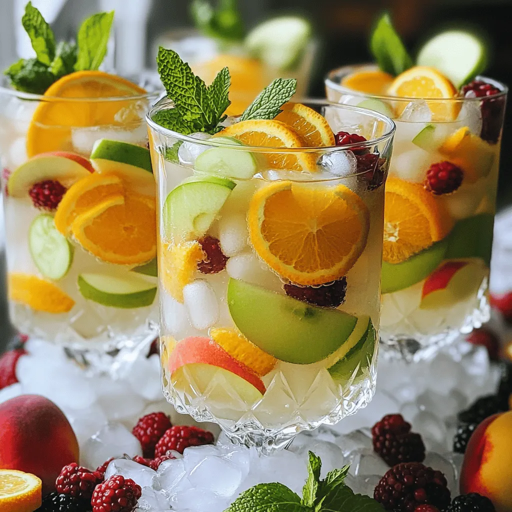 To create a delicious white sangria, gather these essential ingredients: - 2 cups white grape juice - 1 cup sparkling water - 1 cup peach nectar - 1 green apple, thinly sliced - 1 orange, thinly sliced - 1 lemon, thinly sliced - 1 cup mixed berries (strawberries, blueberries, and raspberries) - Fresh mint leaves for garnish - Ice cubes These ingredients bring the right balance of sweet and tart. The white grape juice provides a sweet base. The peach nectar adds depth. Fresh fruits give it a bright, fruity taste. The sparkling water adds a refreshing fizz, making it perfect for summer. You can enhance your white sangria with these optional ingredients: - Additional fruits (pineapple, strawberries) - Alcoholic additions (white wine, brandy) - Sweeteners (honey, agave syrup) Adding more fruit can give a fun twist to the drink. Pineapple adds a tropical vibe, while strawberries boost the sweetness. If you want to add a kick, consider white wine or a splash of brandy. For those who like it sweeter, try honey or agave syrup. For the full recipe, check out the Refreshing White Sangria Mocktail . - Mixing the base juices Start by pouring 2 cups of white grape juice and 1 cup of peach nectar into a large pitcher. Stir the juices well with a long spoon. This helps blend their sweet flavors. - Adding and infusing the fruits Next, thinly slice 1 green apple, 1 orange, and 1 lemon. Add these slices into the pitcher. The citrus will add a bright, fresh taste. Then, introduce 1 cup of mixed berries. Gently press on the berries with a wooden spoon. This step releases their juices, which enhances the sangria's flavor. - Incorporating sparkling water for fizz Just before serving, pour in 1 cup of sparkling water. Use a gentle folding motion with your spoon. This keeps the bubbles alive while mixing the flavors. - How to properly serve chilled Fill each glass with ice cubes to the top. This keeps the sangria cold. Then, ladle the mixture over the ice. Make sure each glass gets a good amount of fruit. - Presentation tips for a beautiful display For a lovely touch, garnish each glass with a fresh mint leaf. It adds color and a nice aroma. You can also place a slice of lemon on the rim for extra flair. - Glassware recommendations Use clear glasses to show off the colorful fruits. A classic wine glass works well for sangria. You can also use mason jars for a fun, rustic look. For the full recipe, refer to the details provided earlier. To make a great white sangria, start with the right wine. Select light and fruity wines. Options like Sauvignon Blanc or Pinot Grigio work well. They add a nice base without being too heavy. Next, adjust the sweetness and acidity. You can balance flavors by adding lemon juice or honey. Taste as you mix to find the right blend. Let the fruits infuse for optimal flavor. A few hours in the fridge works best. This allows the flavors to meld. The longer it sits, the better it tastes. Garnishing can elevate your drink. Use fresh herbs like mint or basil for a pop of color. They also add a refreshing aroma. Consider using flavored ice cubes. Freeze pieces of fruit in water to make them. This adds style and keeps your drink cold. Plus, it adds a fun visual touch. For the full recipe, check the [Full Recipe]. {{image_4}} You can change the fruits in white sangria for your taste. A tropical twist is great. Just add pineapple and mango. These fruits add a sweet and fresh flavor. You can use fresh or canned pineapple. For mango, choose ripe ones for the best taste. A berry explosion is another fun option. You can mix strawberries, blueberries, and raspberries. Each type of berry brings a unique flavor. You can even use blackberries or cranberries. Try different berry combos to see what you like best. You can make two versions of white sangria: alcoholic and non-alcoholic. For the alcoholic version, add white wine. A fruity wine works well. You can also add a splash of brandy for a stronger kick. If you want to make a mocktail, you can follow the Full Recipe. This drink is refreshing and fun without alcohol. Use white grape juice and sparkling water for a bubbly feel. You won’t miss the alcohol with all the fresh fruits. Enjoy both versions at your next gathering! To keep your white sangria fresh, store it in a pitcher with a lid. This helps avoid spills and keeps the flavors intact. If you have leftover fruit, put it in a separate container. The fruit can make the sangria taste too strong if left too long. The shelf life of the sangria depends on the ingredients. Here’s a quick guide: - White grape juice: 3 to 5 days in the fridge. - Peach nectar: 5 to 7 days if opened. - Mixed fruits: Best within 1 to 2 days. - Sparkling water: Use within 1 day for fizz. You can make parts of your white sangria ahead. This saves time for parties. Start by mixing the white grape juice and peach nectar. You can cut the fruits a few hours before serving. Store them in the fridge. Avoid adding sparkling water until you’re ready to serve. This keeps the fizz. Combine all the ingredients just before pouring over ice. This way, your sangria stays fresh and bubbly. The best wines for white sangria are light and fruity. Look for dry white wines like Sauvignon Blanc or Pinot Grigio. These wines work well with fresh fruits. They add a crisp taste without being too sweet. You can also use a sparkling white wine for added fizz. Just remember, the wine should not overpower the flavors of the fruits. You can store white sangria in the fridge for up to three days. After that, the fruit may get mushy, and the flavors might change. Always keep it in a sealed container to maintain freshness. If you see any change in color or smell, it's best to toss it. Yes, you can make white sangria in advance! Prepare the base with juice and wine. Add the sliced fruits a few hours before serving. This way, the flavors blend nicely. Just remember to add sparkling water right before you serve it to keep it fizzy. Many fun variations exist for sangria! You can try adding tropical fruits like pineapple or mango. Some people enjoy making a berry sangria with strawberries and blueberries. You can also mix in herbs like basil or mint for a fresh twist. Each variation gives a new flavor experience. Using sparkling water is not a must, but it adds a nice fizz. It makes the drink feel special and refreshing. If you prefer a still drink, you can skip it. Just stick to the juice and wine for a smoother taste. However, I recommend trying the sparkling water for a fun twist! White sangria is a delightful drink, perfect for any occasion. We covered essential ingredients, like white grape juice and fresh fruits, and optional additions for extra flavor. You learned simple steps to mix and serve it beautifully. Remember, choosing the right wine and letting it infuse enhances taste. Whether you go for classic styles or add your own twist, white sangria can be a crowd favorite. Enjoy experimenting and sharing your creations!