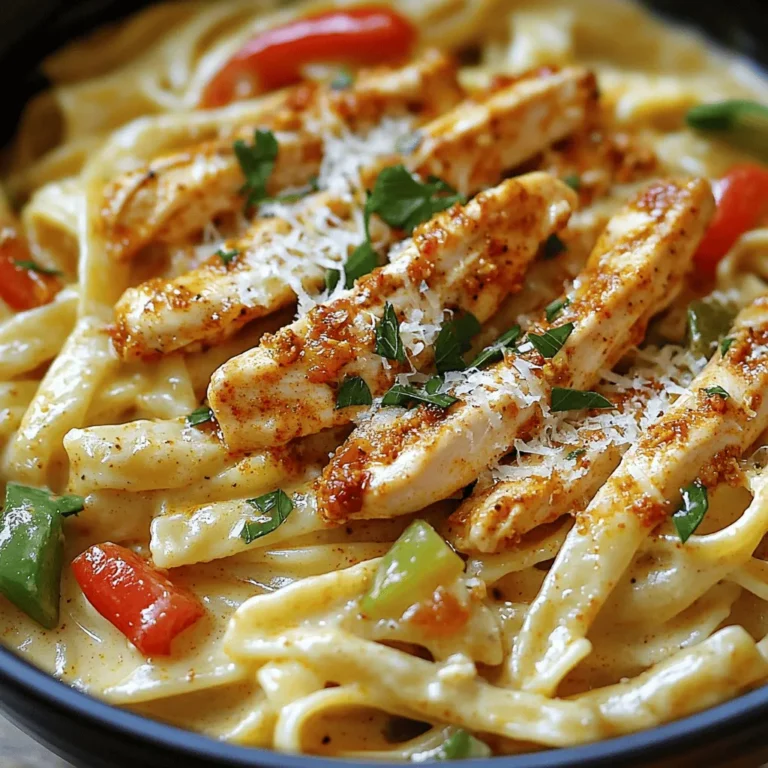 To make Cajun chicken pasta, you'll need these key items: - 2 boneless, skinless chicken breasts - 2 tablespoons Cajun seasoning - 1 tablespoon olive oil - 8 ounces fettuccine pasta - 1 red bell pepper, sliced into strips - 1 green bell pepper, sliced into strips - 1 small onion, thinly sliced - 3 cloves garlic, minced - 1 cup heavy cream - 1 cup chicken broth - ½ cup grated Parmesan cheese - 2 tablespoons chopped fresh parsley (for garnish) - Salt and freshly ground black pepper to taste These ingredients come together to create a rich and creamy dish with a kick. You can enhance your Cajun chicken pasta with these extras: - Fresh herbs like thyme or basil - A squeeze of lemon juice for brightness - Red pepper flakes for extra heat - Sliced mushrooms for added texture - Spinach for a pop of color and nutrition Feel free to mix and match based on your taste. If you lack some ingredients, here are some easy swaps: - Use shrimp or sausage instead of chicken. - Swap fettuccine for any pasta type you like. - Replace heavy cream with half-and-half or coconut milk for a lighter sauce. - Use vegetable broth if you want a vegetarian option. These substitutes keep the dish tasty while allowing for personal preferences. Check out the full recipe for more details on how to prepare this delicious meal! First, gather all your ingredients. This makes cooking easier. Prepare the chicken by seasoning it well. Use two tablespoons of Cajun seasoning. Make sure to coat both sides of the chicken. Let it sit for a few minutes. This helps the flavors soak in. Next, slice the bell peppers and onion. Use a sharp knife for clean cuts. Mince the garlic cloves finely. This adds extra flavor to your dish. Heat one tablespoon of olive oil in a large skillet over medium heat. Wait until the oil shimmers. Then, add the seasoned chicken breasts. Cook for 5-7 minutes on each side. The chicken should be golden brown and cooked through. Check if juices run clear. Remove the chicken and let it rest on a cutting board. In the same skillet, add the sliced bell peppers, onion, and minced garlic. Sauté them for about 4-5 minutes. Stir often until they become soft and fragrant. This step adds a lovely aroma to your kitchen. While the veggies cook, boil a pot of salted water. Once boiling, add 8 ounces of fettuccine pasta. Cook until it is al dente, following the package instructions. Drain the pasta in a colander and set it aside. Now, return to the skillet with the sautéed veggies. Pour in one cup of chicken broth and stir. Let it simmer gently for a few minutes. Slowly add one cup of heavy cream. Stir until the sauce thickens slightly. Slice the rested chicken into strips. Add it back to the skillet along with the cooked fettuccine. Toss everything together gently. Make sure the pasta is coated with the creamy sauce. Finally, stir in half a cup of grated Parmesan cheese. Mix until it melts into the sauce. Taste and adjust with salt and black pepper if needed. Cook for an extra 2-3 minutes until everything is heated through. Garnish with chopped fresh parsley before serving. For a full recipe, check the details above. Enjoy your delicious Cajun chicken pasta! To make sure your chicken is juicy and tender, season it well. Use two tablespoons of Cajun seasoning on both sides. Let it sit for a few minutes to absorb the spices. Heat the olive oil until it shimmers before adding the chicken. Cook it for 5-7 minutes on each side. Check that the juices run clear to know it’s done. Rest it for a few minutes before slicing. This helps keep the juices locked in. For a rich and creamy sauce, use heavy cream and chicken broth. When you add the cream, stir slowly to combine. Let it simmer gently until it thickens. If it's too thick, add a splash of chicken broth. Adjust the seasoning with salt and black pepper to taste. This brings out the Cajun flavors and makes every bite delightful. Serve your Cajun chicken pasta in deep, warm bowls. This keeps the dish hot longer. Sprinkle extra Parmesan cheese on top for added flavor. Garnish with fresh parsley for a pop of color. For an extra kick, add a few slices of fresh chili on top. This not only looks great but also gives a nice hint of heat. Don't forget to enjoy it with a side of crusty bread! Check out the Full Recipe to make it at home. {{image_4}} If you want more heat, try adding extra Cajun seasoning. You can also mix in some crushed red pepper flakes. For a smoky kick, include smoked paprika. These options will elevate the flavor and heat of your dish. You can easily make this dish vegetarian. Replace the chicken with sautéed mushrooms or zucchini. For protein, try chickpeas or lentils. Use vegetable broth instead of chicken broth. This keeps the dish hearty and flavorful without meat. To make Cajun chicken pasta gluten-free, swap the fettuccine for gluten-free pasta. Many brands offer great taste and texture. Ensure your Cajun seasoning is gluten-free. This way, everyone can enjoy this comforting meal without worry. For the full recipe, check out the details above! To keep your Cajun chicken pasta fresh, place it in an airtight container. Make sure it cools down first. This helps avoid soggy pasta. Store it in the fridge for up to three days. If you want to keep it longer, consider freezing it. When you’re ready to enjoy leftovers, reheat them gently. Use a skillet over low heat. Add a splash of chicken broth or cream to keep it moist. Stir often to prevent sticking. You can also use the microwave. Heat in short bursts, stirring in between. This helps keep the flavors and texture. To freeze the pasta, use a freezer-safe container. Make sure to leave some space for expansion. It's best to freeze it without the cream sauce if possible. You can add the sauce after reheating. Cajun chicken pasta can last for up to three months in the freezer. When you're ready to eat, thaw it in the fridge overnight before reheating. Cajun chicken pasta is a creamy dish with spiced chicken and veggies. It combines fettuccine noodles with Cajun-flavored chicken, bell peppers, and a rich sauce. This dish brings the bold flavors of Louisiana to your table. To make your Cajun chicken pasta spicier, you can add more Cajun seasoning. You can also toss in some crushed red pepper flakes or fresh sliced jalapeños. These additions will kick up the heat and enhance the dish's flavor. You can find Cajun chicken pasta at many Cajun or Creole restaurants. Italian restaurants may also offer their own version. Always check the menu for similar pasta dishes featuring Cajun spices and chicken. Yes, you can use different pasta types. Penne or rotini work well if you prefer them over fettuccine. Just make sure to cook them according to the package instructions for the best texture. The chicken is fully cooked when it reaches an internal temperature of 165°F. You can also check if the juices run clear when you cut into it. If the meat is still pink, continue cooking until done. This blog post covered all you need to make Cajun chicken pasta. We explored the main and optional ingredients for great flavor. I shared step-by-step cooking tips for perfect results. You learned about exciting variations to suit any diet. Plus, I included storage and reheating tips for your leftovers. Cajun chicken pasta is fun to make and share. You can change it up to fit your taste. Now, grab your pots and enjoy some cooking!