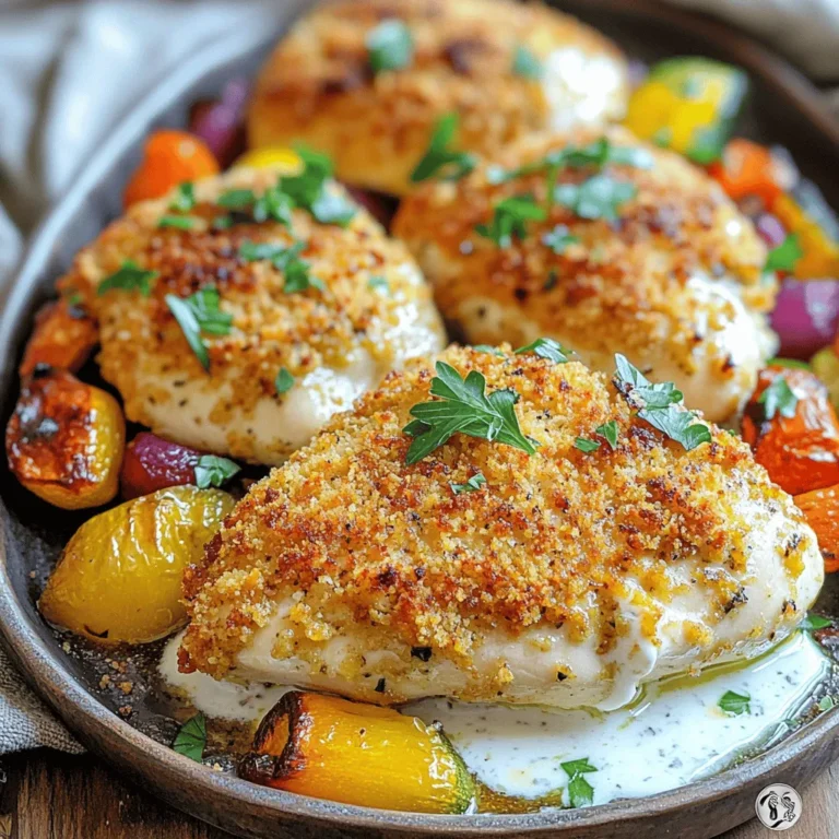 - 4 boneless, skinless chicken breasts - 1/4 cup plain Greek yogurt - 1/4 cup mayonnaise - 2 tablespoons Dijon mustard - 1 teaspoon garlic powder - 1 teaspoon onion powder - 1/2 teaspoon smoked paprika - Salt and pepper to taste - 1/4 cup grated Parmesan cheese - 1/4 cup breadcrumbs (panko or regular) - Fresh parsley, chopped (for garnish) The quality of your ingredients is key for great taste. Use fresh, organic chicken when you can. Fresh chicken breasts will be more tender and juicy. The Greek yogurt and mayonnaise make the chicken creamy. These ingredients add moisture and flavor. Use high-quality Dijon mustard for a nice tang. Fresh herbs can also enhance your dish. You can add extra flavors to your chicken. Try adding a squeeze of lemon juice for brightness. A pinch of cayenne pepper can bring heat. You can also use fresh herbs like thyme or rosemary. These can change the flavor profile and keep things exciting. Consider adding some sautéed mushrooms or spinach for extra texture and taste. First, preheat your oven to 375°F (190°C). This step is key for cooking chicken perfectly. While the oven warms up, let’s make the creamy marinade. In a medium bowl, mix together: - 1/4 cup plain Greek yogurt - 1/4 cup mayonnaise - 2 tablespoons Dijon mustard - 1 teaspoon garlic powder - 1 teaspoon onion powder - 1/2 teaspoon smoked paprika - Salt and pepper to taste Whisk these ingredients until smooth. This creamy mix will add rich flavor to your chicken. Now, take each chicken breast and coat it with the creamy marinade. Use your hands or a spatula to cover every side well. This ensures that the chicken absorbs all the flavors. Let the chicken sit in the marinade for at least 30 minutes. This marination time is crucial. It allows the flavors to seep into the chicken, making it tender and juicy. Next, arrange the coated chicken breasts in a greased baking dish. Space them out to allow even cooking. Cover the dish loosely with aluminum foil. This helps keep the chicken moist during the first part of the baking. Bake in your preheated oven for 25 minutes. After 25 minutes, carefully take off the foil. Bake for another 10-15 minutes. You want the chicken tops to turn golden brown and crispy. Always use a meat thermometer to check that the chicken reaches 165°F (74°C). This ensures it is safe to eat. Once the chicken is done, let it rest for 5 minutes before serving. This resting period helps the juices settle and keeps the chicken juicy. For the full recipe, check the details above. Enjoy your melt-in-your-mouth chicken! To get that melt-in-your-mouth chicken, focus on a few key methods. First, use a marinade made from Greek yogurt and mayonnaise. This mix keeps the chicken moist and tender. Second, bake it at 375°F (190°C) for the right amount of time. This temperature cooks the chicken evenly without drying it out. After baking, let it rest for five minutes. Resting lets the juices settle, which keeps the chicken juicy and flavorful. You can easily adjust the spices to fit your taste. For a bit more heat, add a pinch of cayenne pepper. If you love fresh herbs, toss in some chopped rosemary or thyme. These herbs add a nice pop of flavor. You can also swap the Dijon mustard for whole grain mustard. This small change gives your chicken a unique taste. Feel free to get creative with your spices and herbs. The more you experiment, the more you'll find your perfect blend! {{image_4}} You can cook Melt In Your Mouth Chicken Breasts in many ways. Grilling adds a smoky taste, while pan-searing gives a nice crust. You can also use a slow cooker for juicy chicken with little effort. Adjust the cooking time based on your method: - Grilling: Cook on medium heat for 6-8 minutes on each side. - Pan-searing: Cook in a skillet for 5-7 minutes on each side. - Slow cooking: Set on low for 4-6 hours or high for 2-3 hours. Feel free to adapt this recipe for different appliances. An air fryer can also work. Cook at 375°F (190°C) for about 15-20 minutes. Marinades change the flavor of your chicken. You can try different ones for variety. For a citrus twist, use lemon juice and zest. For a spicy kick, add hot sauce or chili powder. Here are some ideas: - Citrus Marinade: Mix lemon juice, lime juice, and a bit of honey. - Spicy Marinade: Combine hot sauce, garlic, and a dash of cumin. You can also add toppings to reflect various cuisines. Try these options: - Italian: Top with fresh basil and mozzarella cheese. - Mexican: Add avocado slices and pico de gallo. - Asian: Use sesame seeds and green onions for a fresh finish. Each variation keeps your chicken interesting and delicious. Explore these flavors to make your dish unique. Don't forget to check out the Full Recipe for more ideas! To keep leftover chicken fresh, store it in an airtight container. Place it in your fridge. It should last up to four days. If you want to keep it longer, freeze it. Wrap the chicken tightly in plastic wrap, then place it in a freezer bag. This helps prevent freezer burn. When reheating, use a microwave or oven. If using a microwave, cover the chicken with a damp paper towel. This keeps it moist. For the oven, heat at 350°F (175°C) until warm. This helps maintain its tender texture. Cooked chicken stays fresh in the fridge for about three to four days. In the freezer, it lasts about four months. After that, the quality may drop. Watch for signs of spoilage. Check for a change in color or smell. If the chicken feels slimy or has an off odor, toss it. Trust your senses; they often tell you if food is bad. To keep chicken breasts juicy, use a few key techniques. First, marinate the chicken in a creamy mixture, like the one in the full recipe. This adds moisture and flavor. Second, avoid overcooking. Bake it at 375°F (190°C) and use a meat thermometer. Aim for an internal temperature of 165°F (74°C). Lastly, let the chicken rest for a few minutes after baking. This helps the juices stay inside when you cut into it. Yes, you can use skin-on chicken for this recipe. The skin adds extra flavor and keeps the meat moist. However, you may need to adjust the cooking time. Skin-on chicken takes longer to cook than skinless. Make sure to check the internal temperature to ensure it is fully cooked. The skin will crisp up nicely if you follow the baking instructions. To know when your chicken is done, use a meat thermometer. Insert it into the thickest part of the breast. It should read 165°F (74°C). If you don’t have a thermometer, look for clear juices when you cut into the chicken. If the juices run clear and the meat is no longer pink, it is done. Always trust the thermometer for the best results. Melt-in-your-mouth chicken breasts start with good ingredients and careful cooking. You learned about key components like the marinade, cooking methods, and how long to bake. Also, tips for flavor and texture made this recipe special. Remember to explore variations and store leftovers properly. Perfect chicken is within your reach. The flavors and textures will impress you and anyone you serve. Enjoy making this dish, and feel free to get creative with it!