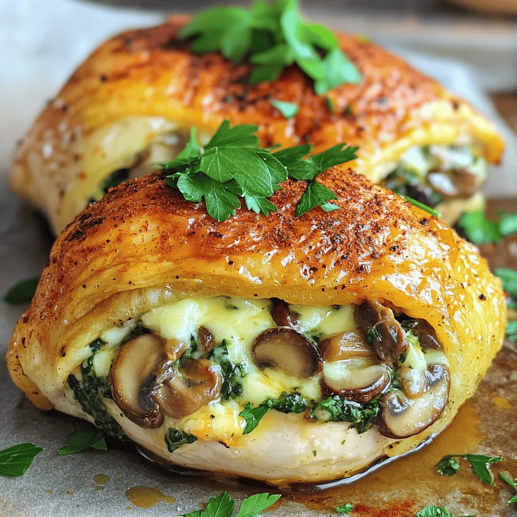 - 2 boneless, skinless chicken breasts - 1 cup mushrooms, finely diced (cremini or button) - 1/2 cup fresh spinach, chopped - 1/4 cup low-fat cream cheese, softened - 1/4 cup shredded mozzarella cheese - 2 cloves garlic, minced - 1 tablespoon olive oil - 1 teaspoon dried thyme - 1 teaspoon paprika - Sea salt and freshly cracked black pepper, to taste - Fresh parsley, chopped, for garnish Mushrooms add a rich flavor and are low in calories. They help boost your immune system. Spinach is full of vitamins A and C. It also provides iron and calcium, making it a great addition. Low-fat cream cheese gives a creamy texture without too many calories. It makes the filling rich but still healthy. Mozzarella cheese adds flavor and helps bind the filling together. Thyme and garlic bring depth to the dish. Thyme has antioxidants, while garlic supports heart health. You can add some red pepper flakes for heat. A squeeze of lemon juice brightens the dish and adds freshness. If you love herbs, try adding fresh basil or oregano. For a nutty taste, you can mix in some chopped walnuts or pine nuts. These options can enhance the flavor and make your dish unique. Check the Full Recipe for more ideas! Start by cleaning the chicken breasts. Rinse them under cold water and pat them dry with paper towels. You want them to be nice and clean. Next, use a sharp knife to slice a pocket into the side of each breast. Be careful not to cut all the way through. This pocket will hold the mushroom filling. In a medium skillet, heat the olive oil over medium heat. Add minced garlic and stir for about one minute. It should smell great! Now, add the finely chopped mushrooms. Cook them for about 5-7 minutes. Stir occasionally until they turn golden brown. Then, toss in the chopped spinach and cook for 2 more minutes. Remove the skillet from heat and let it cool a bit. In a bowl, mix the cooled mushroom-spinach with cream cheese, mozzarella, thyme, salt, and pepper. Stir until everything combines well. This filling is full of flavor! Now it’s time to stuff the chicken. Take the mushroom filling and pack it into each chicken breast pocket. Make sure to stuff them well! If needed, use toothpicks to keep the filling inside. Season the chicken with paprika, salt, and pepper for extra flavor. Place the stuffed chicken in a greased baking dish. Bake in a preheated oven at 375°F for 25-30 minutes. The chicken should reach an internal temperature of 165°F to ensure it’s cooked. After baking, let the chicken rest for about 5 minutes. This helps retain the juices. Remove the toothpicks, garnish with parsley, and enjoy your delicious meal! For the complete recipe, check out the Full Recipe. To keep chicken juicy, focus on cooking temperature. Always bake chicken at 375°F (190°C). This helps lock in moisture. You should also let the chicken rest after cooking. This rest time allows juices to settle. Cutting too soon makes the chicken dry. One mistake is overcooking the chicken. Use a meat thermometer to check the temperature. For juicy chicken, aim for 165°F (75°C). Another error is not seasoning enough. Season both inside and outside the chicken. This adds flavor throughout the dish. A good knife is key for cutting pockets in chicken. Use a cutting board to keep your space tidy. A skillet helps sauté the mushrooms and spinach quickly. Finally, a meat thermometer ensures your chicken is perfectly cooked. For the full recipe, check out the instructions above. {{image_4}} You can easily make this dish vegetarian. Replace the chicken with large portobello mushrooms. The meaty texture works well. Stuff them with the same mushroom-spinach filling. Bake until tender for a hearty meal. This option is tasty and packed with nutrients. For a lighter version, use chicken thighs instead of breasts. Thighs have more flavor and stay moist. You can also swap low-fat cream cheese for Greek yogurt. This option cuts calories while adding protein. If you need dairy-free, choose cashew cream. It adds creaminess without the dairy. Boost the taste with herbs like basil or oregano. Fresh herbs give a vibrant flavor. You can also add a pinch of red pepper flakes for heat. This adds a nice kick to the dish. Experiment with different spices to find your favorite mix. For example, smoked paprika adds depth. Discover more variations and tips in the [Full Recipe]. To keep your healthy mushroom stuffed chicken breast fresh, let it cool first. Once cooled, place the chicken in an airtight container. It can stay in the fridge for about 3 to 4 days. If you want to keep it longer, freezing is a great option. When you’re ready to eat your leftovers, preheat your oven to 350°F (175°C). Place the chicken in an oven-safe dish. Cover it with foil to prevent it from drying out. Heat for about 20 minutes, or until it’s warm all the way through. You can also use a microwave, but be careful. Microwaving can make the chicken rubbery. Heat it in short bursts, checking often. To freeze your mushroom stuffed chicken, wrap each piece tightly in plastic wrap. Place them in a freezer-safe bag or container. Make sure to remove as much air as possible. They can last in the freezer for up to 3 months. When you’re ready to use them, thaw in the fridge overnight before reheating. This keeps the chicken juicy and tasty. For more details, check out the Full Recipe. You can pair this dish with several sides. I recommend steamed broccoli or roasted carrots. Both add color and nutrients. Brown rice or quinoa are great for a filling option. A light salad with lemon dressing also works well. Yes, you can prep the chicken and stuffing in advance. Stuff the chicken breasts and store them in the fridge for up to 24 hours. This makes dinner quick and easy when you're busy. Just remember to bake them when you're ready. Cook the chicken for 25-30 minutes at 375°F (190°C). Use a meat thermometer to check if it reaches 165°F (75°C). This ensures it's safe and juicy. Cooking times may vary based on your oven. Absolutely! Healthy mushroom stuffed chicken breast is great for meal prep. You can make several batches and store them. Just keep them in airtight containers. They will last in the fridge for about three days. You can grill or sauté the stuffed chicken breast. Grilling adds a nice smoky flavor. Sautéing on the stovetop cooks it quickly. Just ensure the chicken cooks evenly. Adjust cooking times as needed for each method. In this blog post, we explored how to make a delicious mushroom stuffed chicken breast. We covered key ingredients, their benefits, and optional flavors to enhance the dish. The step-by-step guide made prep easy, and tips kept your chicken juicy. Remember, cooking should be fun and creative. Don't hesitate to try new flavors or make swaps for healthier options. With these insights, you can create a meal that impresses and satisfies everyone. Enjoy your cooking adventure!