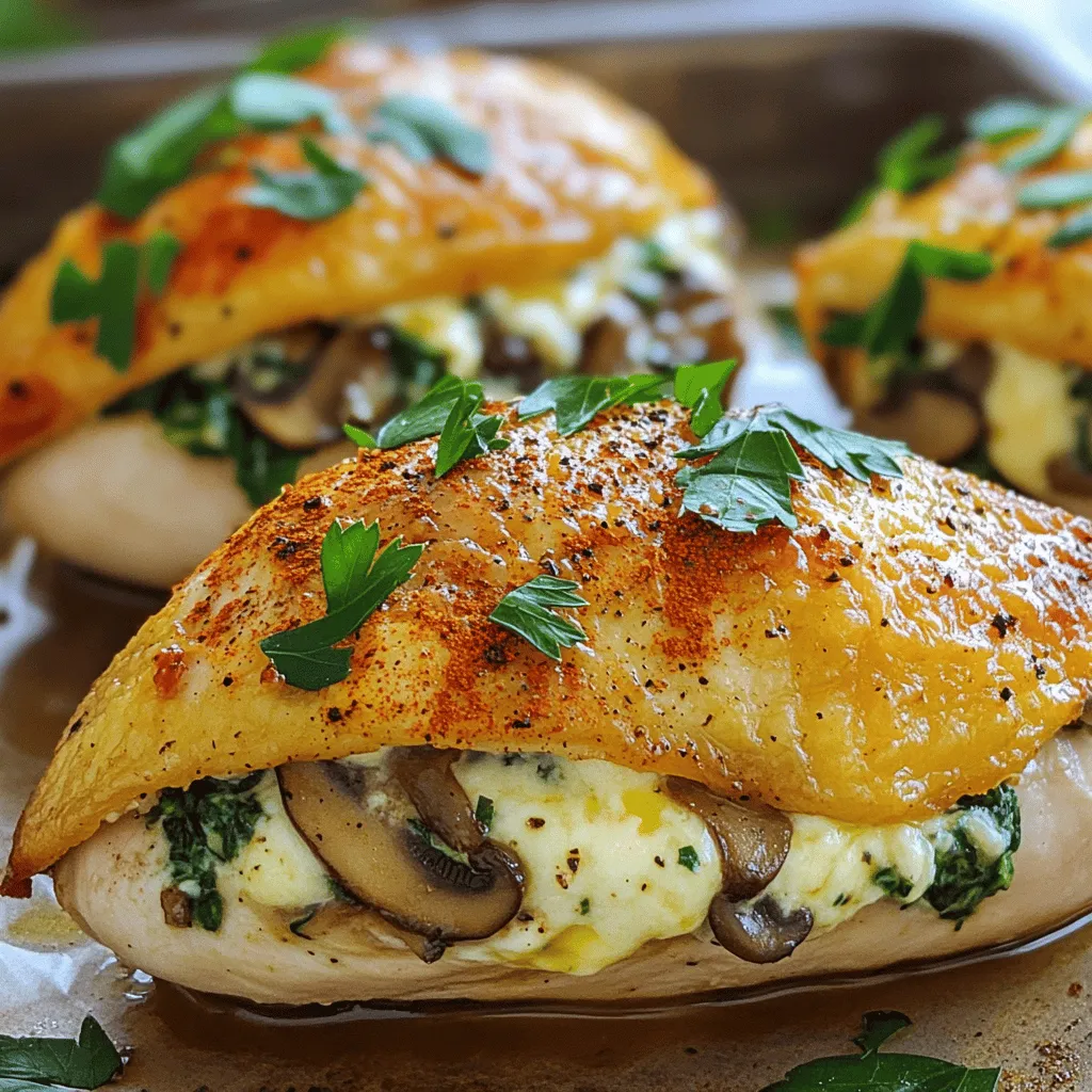- 2 boneless, skinless chicken breasts - 1 cup mushrooms, finely diced (cremini or button) - 1/2 cup fresh spinach, chopped - 1/4 cup low-fat cream cheese, softened - 1/4 cup shredded mozzarella cheese - 2 cloves garlic, minced - 1 tablespoon olive oil - 1 teaspoon dried thyme - 1 teaspoon paprika - Sea salt and freshly cracked black pepper, to taste - Fresh parsley, chopped, for garnish Mushrooms add a rich flavor and are low in calories. They help boost your immune system. Spinach is full of vitamins A and C. It also provides iron and calcium, making it a great addition. Low-fat cream cheese gives a creamy texture without too many calories. It makes the filling rich but still healthy. Mozzarella cheese adds flavor and helps bind the filling together. Thyme and garlic bring depth to the dish. Thyme has antioxidants, while garlic supports heart health. You can add some red pepper flakes for heat. A squeeze of lemon juice brightens the dish and adds freshness. If you love herbs, try adding fresh basil or oregano. For a nutty taste, you can mix in some chopped walnuts or pine nuts. These options can enhance the flavor and make your dish unique. Check the Full Recipe for more ideas! Start by cleaning the chicken breasts. Rinse them under cold water and pat them dry with paper towels. You want them to be nice and clean. Next, use a sharp knife to slice a pocket into the side of each breast. Be careful not to cut all the way through. This pocket will hold the mushroom filling. In a medium skillet, heat the olive oil over medium heat. Add minced garlic and stir for about one minute. It should smell great! Now, add the finely chopped mushrooms. Cook them for about 5-7 minutes. Stir occasionally until they turn golden brown. Then, toss in the chopped spinach and cook for 2 more minutes. Remove the skillet from heat and let it cool a bit. In a bowl, mix the cooled mushroom-spinach with cream cheese, mozzarella, thyme, salt, and pepper. Stir until everything combines well. This filling is full of flavor! Now it’s time to stuff the chicken. Take the mushroom filling and pack it into each chicken breast pocket. Make sure to stuff them well! If needed, use toothpicks to keep the filling inside. Season the chicken with paprika, salt, and pepper for extra flavor. Place the stuffed chicken in a greased baking dish. Bake in a preheated oven at 375°F for 25-30 minutes. The chicken should reach an internal temperature of 165°F to ensure it’s cooked. After baking, let the chicken rest for about 5 minutes. This helps retain the juices. Remove the toothpicks, garnish with parsley, and enjoy your delicious meal! For the complete recipe, check out the Full Recipe. To keep chicken juicy, focus on cooking temperature. Always bake chicken at 375°F (190°C). This helps lock in moisture. You should also let the chicken rest after cooking. This rest time allows juices to settle. Cutting too soon makes the chicken dry. One mistake is overcooking the chicken. Use a meat thermometer to check the temperature. For juicy chicken, aim for 165°F (75°C). Another error is not seasoning enough. Season both inside and outside the chicken. This adds flavor throughout the dish. A good knife is key for cutting pockets in chicken. Use a cutting board to keep your space tidy. A skillet helps sauté the mushrooms and spinach quickly. Finally, a meat thermometer ensures your chicken is perfectly cooked. For the full recipe, check out the instructions above. {{image_4}} You can easily make this dish vegetarian. Replace the chicken with large portobello mushrooms. The meaty texture works well. Stuff them with the same mushroom-spinach filling. Bake until tender for a hearty meal. This option is tasty and packed with nutrients. For a lighter version, use chicken thighs instead of breasts. Thighs have more flavor and stay moist. You can also swap low-fat cream cheese for Greek yogurt. This option cuts calories while adding protein. If you need dairy-free, choose cashew cream. It adds creaminess without the dairy. Boost the taste with herbs like basil or oregano. Fresh herbs give a vibrant flavor. You can also add a pinch of red pepper flakes for heat. This adds a nice kick to the dish. Experiment with different spices to find your favorite mix. For example, smoked paprika adds depth. Discover more variations and tips in the [Full Recipe]. To keep your healthy mushroom stuffed chicken breast fresh, let it cool first. Once cooled, place the chicken in an airtight container. It can stay in the fridge for about 3 to 4 days. If you want to keep it longer, freezing is a great option. When you’re ready to eat your leftovers, preheat your oven to 350°F (175°C). Place the chicken in an oven-safe dish. Cover it with foil to prevent it from drying out. Heat for about 20 minutes, or until it’s warm all the way through. You can also use a microwave, but be careful. Microwaving can make the chicken rubbery. Heat it in short bursts, checking often. To freeze your mushroom stuffed chicken, wrap each piece tightly in plastic wrap. Place them in a freezer-safe bag or container. Make sure to remove as much air as possible. They can last in the freezer for up to 3 months. When you’re ready to use them, thaw in the fridge overnight before reheating. This keeps the chicken juicy and tasty. For more details, check out the Full Recipe. You can pair this dish with several sides. I recommend steamed broccoli or roasted carrots. Both add color and nutrients. Brown rice or quinoa are great for a filling option. A light salad with lemon dressing also works well. Yes, you can prep the chicken and stuffing in advance. Stuff the chicken breasts and store them in the fridge for up to 24 hours. This makes dinner quick and easy when you're busy. Just remember to bake them when you're ready. Cook the chicken for 25-30 minutes at 375°F (190°C). Use a meat thermometer to check if it reaches 165°F (75°C). This ensures it's safe and juicy. Cooking times may vary based on your oven. Absolutely! Healthy mushroom stuffed chicken breast is great for meal prep. You can make several batches and store them. Just keep them in airtight containers. They will last in the fridge for about three days. You can grill or sauté the stuffed chicken breast. Grilling adds a nice smoky flavor. Sautéing on the stovetop cooks it quickly. Just ensure the chicken cooks evenly. Adjust cooking times as needed for each method. In this blog post, we explored how to make a delicious mushroom stuffed chicken breast. We covered key ingredients, their benefits, and optional flavors to enhance the dish. The step-by-step guide made prep easy, and tips kept your chicken juicy. Remember, cooking should be fun and creative. Don't hesitate to try new flavors or make swaps for healthier options. With these insights, you can create a meal that impresses and satisfies everyone. Enjoy your cooking adventure!