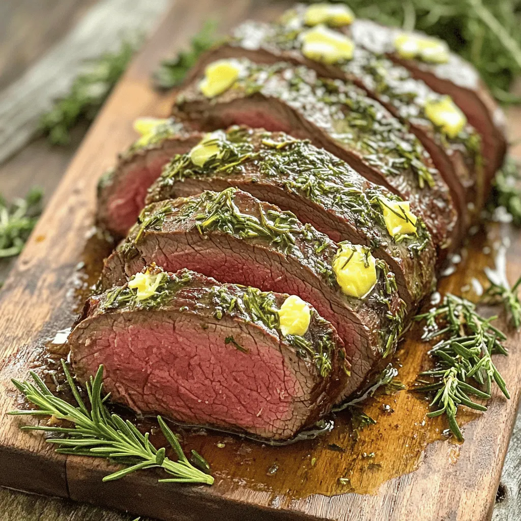 - 2 pounds beef tenderloin roast - 4 tablespoons unsalted butter, softened - 2 tablespoons fresh rosemary, finely chopped - 2 tablespoons fresh thyme, finely chopped - 4 cloves garlic, minced - 1 tablespoon Dijon mustard - Salt and black pepper, to taste - 2 tablespoons olive oil - 1 teaspoon onion powder This beef tenderloin roast shines with simple ingredients. The beef is the star, tender and juicy. Unsalted butter adds richness, while rosemary and thyme bring fresh flavors. Garlic gives it a savory kick. Dijon mustard adds a touch of tang. - Fresh herbs for garnish (rosemary, thyme, parsley) You can add fresh herbs as a beautiful garnish. This adds color and a touch of freshness. A sprig of rosemary or parsley on top makes the dish pop. Fresh herbs make a big difference. They add flavor and aroma that dried herbs can't match. Use a sharp knife to finely chop them. This releases their oils, enhancing the taste. For seasoning, salt and black pepper are essential. They bring out the natural flavors of the beef. A sprinkle of onion powder adds depth without overpowering. With these ingredients, your herb butter beef tenderloin roast will be a hit. For the full recipe, be sure to check the details. First, preheat your oven to 425°F (220°C). This high heat helps the roast develop a nice crust. A good crust seals in juices, making your beef tender and flavorful. In a medium bowl, mix the softened butter with chopped rosemary, thyme, minced garlic, and Dijon mustard. Add a pinch of salt and black pepper. Stir until it forms a smooth paste. This herb butter adds rich flavor to the roast. Pat the beef tenderloin dry with paper towels. This step helps it sear better. Rub olive oil over the roast, then sprinkle salt, black pepper, and onion powder evenly on all sides. Heat a large oven-safe skillet over medium-high heat. Add the beef and sear it for 3-4 minutes on each side. This browning gives it a deep flavor and color. After searing, spread the herb butter over the roast, covering every inch. Carefully put the skillet in the oven. Roast for 25-35 minutes until the meat thermometer reads 125°F for medium-rare or 135°F for medium. Once cooked, let the beef rest for at least 10 minutes. Resting lets the juices settle, making it juicy and tender. After resting, slice the tenderloin into thick medallions and serve. For a touch of elegance, drizzle any pan juices over the slices. Consider garnishing with fresh herbs for a lovely presentation. To get that golden crust, heat your pan well. Use medium-high heat and add the beef when the pan is hot. Sear each side for about 3-4 minutes. Don’t rush this step! A good sear locks in flavor and moisture. It also gives your roast a nice color. Use a meat thermometer for best results. For medium-rare, look for 125°F. For medium, aim for 135°F. Insert the thermometer into the thickest part of the roast. This ensures accuracy. You can also check by pressing the meat. It should feel firm but with some give. Letting your roast rest is key. After cooking, take the beef out and let it sit for 10 minutes. This helps the juices spread evenly throughout the meat. If you slice too early, the juices run out. Resting yields a juicier and more tender roast. For the full recipe and more tips, check out the [Full Recipe]. {{image_4}} If you want to switch up the herb butter, you can use different herbs. Basil, parsley, or chives work well. You can also add spices like paprika or cayenne for some heat. For a unique twist, try adding a splash of lemon juice or zest. This adds brightness to the rich beef. You can cook the beef tenderloin in several ways. Grilling gives it a smoky flavor. Simply preheat your grill to medium-high heat. Sear the meat on all sides, then cook it over indirect heat until done. Sous vide is another option. This method keeps the meat tender and juicy. Season the beef, seal it in a bag, and cook it in a water bath at a low temperature for a few hours. Finish it off with a quick sear on a hot pan for a nice crust. Pair your beef tenderloin with tasty sides. Roasted vegetables or creamy garlic mashed potatoes are great choices. A fresh salad with vinaigrette adds brightness. For sauces, consider a red wine reduction or a rich mushroom sauce. These complement the beef's flavors well. You can also serve it with a dollop of herb butter on top for extra richness. For the complete cooking process, check out the Full Recipe. To store leftover herb butter beef tenderloin, first, let it cool down. Wrap the meat tightly in plastic wrap or foil. Place it in an airtight container. This will keep it fresh for up to three days in the fridge. If you have extra herb butter, store it in a small container too. When you're ready to enjoy your leftovers, slice the beef into smaller pieces. This helps it heat evenly. You can reheat the beef in the oven or on the stovetop. For the oven, set it to 300°F (150°C). Place the beef on a baking sheet and cover it with foil. Heat for about 10 to 15 minutes. For the stovetop, use a skillet over low heat. Add a splash of beef broth or water to keep it moist. Heat for about 5 to 7 minutes, turning to warm all sides. If you want to save the beef for later, freezing is a great option. First, slice the beef into portions. Wrap each piece in plastic wrap and then in foil. This double wrap prevents freezer burn. Place the wrapped beef in a freezer-safe bag or container. It will last in the freezer for up to three months. When ready to eat, thaw it overnight in the fridge and reheat as described above. You can enjoy a delicious meal without much hassle! The best way to cook beef tenderloin is to sear it first. Start by heating a skillet on medium-high heat. Sear the beef on all sides until it has a rich brown crust. Then, finish cooking it in the oven at a high temperature. This method locks in flavor and keeps the meat juicy. I recommend using a meat thermometer to check for doneness. Aim for 125°F for medium-rare or 135°F for medium. You can tell if your beef tenderloin is done by using a meat thermometer. Insert it into the thickest part of the meat. For medium-rare, look for 125°F. For medium, it should read 135°F. If you don’t have a thermometer, you can also check the color. A medium-rare tenderloin will have a warm, pink center. Remember, resting the meat after cooking is essential. This allows the juices to move back into the meat. Yes, you can make herb butter in advance! Mix the softened butter with herbs and spices, then shape it into a log. Wrap it tightly in plastic wrap and refrigerate. This will keep it fresh for up to a week. You can also freeze it for longer storage. Just slice off pieces as needed for your dishes. This makes cooking easier and adds great flavor. You can serve many sides with beef tenderloin. Here are a few ideas: - Roasted seasonal vegetables - Creamy garlic mashed potatoes - Garlic bread or dinner rolls - A fresh green salad - Rich, savory sauces like red wine or mushroom sauce These sides complement the flavor of the beef and make your meal complete. For more details, check out the full recipe. This article covered how to make a great beef tenderloin with herb butter. We explored essential ingredients, simple steps to prepare, and tips for the best results. You learned about cooking methods, variations, and how to store leftovers. By following these guidelines, you can impress your guests with a delicious meal. Remember to use fresh herbs and check beef doneness for the best taste. Cooking doesn't have to be hard; enjoy it and have fun in the kitchen.