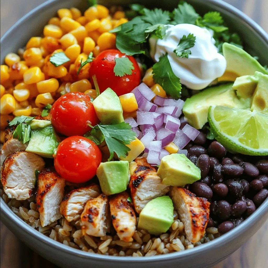 - 2 cups cooked brown rice - 1 lb boneless, skinless chicken breast, diced - 1 can black beans, drained and rinsed - 1 cup corn kernels (fresh or frozen) - 1 ripe avocado, diced - 1 tablespoon olive oil - 1 teaspoon chili powder - 1 teaspoon ground cumin - 1 teaspoon garlic powder - 1/2 teaspoon smoked paprika - Salt and pepper - 1 cup cherry tomatoes, halved - 1/2 cup red onion, finely diced - 1/2 cup fresh cilantro, chopped - Juice of 2 fresh limes - Optional: Salsa and sour cream or Greek yogurt The chicken burrito bowl is a great meal. It is simple and packed with flavor. You need a few main ingredients. Start with cooked brown rice. This gives the bowl a nice base. Then, add diced chicken breast. Chicken is a great source of protein. It makes the meal filling. Next, we add black beans. Beans are healthy and add fiber. Corn kernels bring sweetness. They also add color to the bowl. Don’t forget the avocado! It adds creaminess and healthy fats. Now, let's spice things up. Use olive oil to help the spices stick. Chili powder brings heat and flavor. Ground cumin adds warmth. Garlic powder gives it a savory taste. Smoked paprika adds a nice smoky flavor. Finish with salt and pepper to taste. For fresh toppings, I love cherry tomatoes. They add a juicy bite. Red onion gives a nice crunch. Fresh cilantro brightens the dish. Squeeze lime juice over the bowl for a zesty kick. You can add salsa for extra flavor. A dollop of sour cream or Greek yogurt makes it creamy. This recipe is a crowd-pleaser. You can find the full recipe here. Enjoy your cooking! 1. Marinate the chicken: In a medium bowl, combine the diced chicken with olive oil, chili powder, cumin, garlic powder, smoked paprika, salt, and pepper. Make sure to coat the chicken well. Cover the bowl and let it sit for 15 minutes. This step helps the spices soak in and boosts the flavor. 2. Cook the chicken: Heat a large skillet over medium-high heat. When hot, add the marinated chicken. Cook it for 7-10 minutes, stirring often, until the chicken is no longer pink. This ensures it is fully cooked and safe to eat. 1. Create a base: Take large serving bowls. Add a generous layer of cooked brown rice at the bottom. This rice acts as the hearty base for your burrito bowl. 2. Layer the ingredients: On top of the rice, carefully add the cooked chicken. Next, add black beans, corn, halved cherry tomatoes, diced avocado, and red onion. Each layer brings different flavors and textures, making every bite exciting. 1. Drizzle lime juice: Squeeze the juice of fresh limes over the entire bowl. This brightens the flavors and adds a zesty touch. 2. Add salsa: Top with salsa according to your taste for extra spice and flavor. 3. Optional toppings: For creaminess, you can add sour cream or Greek yogurt. This adds richness and balances the dish nicely. For the full recipe, refer to the detailed instructions provided earlier. Enjoy crafting your flavorful Chicken Burrito Bowl! - Always check that chicken is cooked through. The center should have no pink. - Marinate the chicken for at least 15 minutes. This boosts its flavor. Marinating is key! It allows the spices to seep into the chicken. I love using olive oil and spices like chili powder and cumin. These make the chicken taste amazing. - You can toss all the ingredients together for a mixed bowl. - If you prefer, serve the bowl layered for a nice look. Garnish your burrito bowl with lime wedges and extra cilantro. This adds color and flavor. A squeeze of lime juice brightens the whole dish. - Each serving has around 450 calories, depending on toppings. - Brown rice and beans are both healthy choices. They provide fiber and protein. Using brown rice instead of white rice adds nutrients. Black beans are a great source of protein and fiber. This makes the dish filling and good for you. {{image_4}} You can easily swap chicken for beef or tofu. Both options add unique flavors. Beef gives a hearty taste, while tofu offers a light, plant-based choice. For quick prep, use shredded rotisserie chicken. It saves time and still tastes great. If you want a change from brown rice, try quinoa or cauliflower rice. Quinoa is packed with protein and has a nutty flavor. Cauliflower rice is low in carbs and adds a nice crunch. You can even use lettuce wraps for a fresh and light bowl. Consider different grains like farro or bulgur for extra texture and taste. Each grain has its own charm. Don't be afraid to mix in new vegetables. Bell peppers, zucchini, or spinach can boost flavor and nutrition. Seasonal veggies work well, too. Try adding squash in summer or root veggies in fall. Each choice can change the taste and look of your burrito bowl. After enjoying your chicken burrito bowl, you may have leftovers. To store them in the refrigerator, use an airtight container. This keeps your meal fresh for up to three days. Layer the ingredients separately if you can. This helps keep the rice firm and the veggies crisp. If you mix them, the rice might become mushy. You can freeze chicken burrito bowls for long-term storage. First, let the bowl cool. Then, divide the bowl into portions. Place each portion in a freezer-safe bag or container. Remove as much air as possible to prevent freezer burn. When you're ready to eat, thaw the bowl overnight in the fridge. Reheat in the microwave or on the stove. This way, you keep the flavors and texture intact. In the fridge, cooked chicken stays good for about three to four days. Cooked rice lasts about five to seven days. Black beans and corn can last up to a week. Fresh veggies, like tomatoes and avocado, are best eaten within a few days. Always check for spoilage before eating leftovers. To add heat, you can use jalapeño peppers or serrano peppers. Chop them finely and mix them with the other ingredients. You can also use hot sauce or add a pinch of cayenne pepper. If you like it really spicy, try adding sliced pickled jalapeños on top. This way, you control how spicy your bowl gets. Yes! To make it vegetarian, simply replace the chicken with plant-based proteins. You can use grilled tofu, tempeh, or even chickpeas. These options are tasty and healthy. For added flavor, marinate them like you would the chicken. This gives you a great texture and flavor. Chicken Burrito Bowls pair nicely with tasty sides. You can serve them with tortilla chips for crunch. A fresh salad is also a great choice. You might want to add a corn salad or a simple green salad. These sides balance out the hearty bowl. You can personalize your Burrito Bowl in many ways. Start with your favorite base like brown rice or quinoa. Then, mix in your preferred proteins and veggies. Try different toppings like cheese, guacamole, or sour cream. You can even switch up the spices for unique flavors. Make it your own! The best rice for Burrito Bowls is brown rice. It is healthy and has a nutty flavor. You could also try white rice for a softer texture. Other great options include quinoa or cauliflower rice for a low-carb choice. Cook your rice according to the package instructions for best results. This article covers all you need for a tasty chicken burrito bowl. We explored main ingredients, spices, and fresh toppings to build flavor. I shared easy step-by-step instructions and tips for great results. You can customize your dish with different proteins and veggies, too. In short, enjoy this meal any way you like. Get creative and make it your own! A healthy, delicious burrito bowl is just a recipe away.