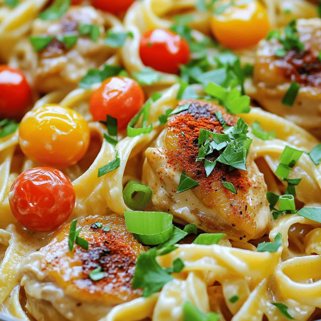 - 12 oz linguine - 1 lb boneless, skinless chicken thighs, cut into bite-sized pieces - 1/2 cup unsalted butter (divided) - 4 cloves garlic, minced - 1 tablespoon smoked paprika - 1 teaspoon cayenne pepper - 1 teaspoon onion powder - 1/2 teaspoon salt - 1/2 teaspoon black pepper - 1/2 cup chicken broth - 1 cup heavy cream - 1 cup cherry tomatoes, halved - 3 green onions, thinly sliced (for garnish) - Fresh parsley, chopped (for garnish) - Linguine: This pasta type has a flat shape. It holds sauce well and works great with creamy dishes. - Chicken Thighs: I prefer thighs for their juicy texture. They stay tender and flavorful when cooked. - Unsalted Butter: This butter adds richness. Using unsalted helps control the dish's saltiness. - Garlic: Fresh garlic gives a strong flavor. It adds depth to the sauce and pairs well with butter. - Smoked Paprika: This spice brings a warm, smoky taste. It adds a nice color and a hint of heat. - Cayenne Pepper: A small amount boosts the heat. Adjust it based on your spice preference. - Chicken Broth: This liquid adds flavor and moisture. It keeps the dish savory and rich. - Heavy Cream: This cream thickens the sauce. It creates a smooth and luscious texture. - Pasta: I recommend Barilla or De Cecco for quality linguine. - Chicken: Look for organic or free-range chicken for better flavor. - Butter: Kerrygold or Plugra are great options for rich, creamy butter. - Spices: McCormick offers good-quality smoked paprika and cayenne pepper. - Broth: Swanson or Pacific Foods have excellent chicken broth options. For a full recipe, check out [Full Recipe]. Start by boiling water in a large pot. Make it salty, like the sea. Add 12 oz of linguine. Cook according to the package until it's al dente, about 8-10 minutes. Once done, drain the pasta. Remember to save 1/2 cup of that starchy water. It helps later! In a big skillet, melt 1/4 cup of butter over medium-high heat. When it foams, add 1 lb of chopped chicken thighs. Sprinkle in 1 tablespoon of smoked paprika, 1 teaspoon of cayenne pepper, 1 teaspoon of onion powder, 1/2 teaspoon of salt, and 1/2 teaspoon of black pepper. Cook for about 6-8 minutes. Ensure the chicken is golden and reaches 165°F. Set the chicken aside on a plate. In the same skillet, lower the heat to medium. Add the other 1/4 cup of butter until it melts. Toss in 4 cloves of minced garlic. Cook for 1-2 minutes until it smells good. Now, pour in 1/2 cup of chicken broth. Let it simmer, scraping any bits off the pan. Gradually mix in 1 cup of heavy cream. Stir until the sauce thickens, around 3-4 minutes. If it’s too thick, add a bit of the saved pasta water. Now, add the halved cherry tomatoes and cooked chicken back. Stir gently until warmed through. Finally, fold in the cooked linguine. Toss everything until the pasta gets coated in that rich sauce. Spoon the linguine onto plates or into a serving dish. Top with sliced green onions and chopped parsley for color. Serve it with crusty bread and a drizzle of olive oil for extra flavor. Enjoy your Cowboy Butter Chicken Linguine! For detailed steps, check the Full Recipe. To get the sauce just right, watch the heat. After you add the cream, lower the heat. Stir often. This helps the sauce thicken. If it gets too thick, use that reserved pasta water. Add a splash at a time until it’s smooth. Cook the chicken in a hot skillet. This helps it brown nicely. Don’t overcrowd the pan. If you add too much chicken, it will steam instead of sear. Always check the chicken’s internal temperature. It should reach 165°F for safe eating. To make your dish look great, use a big bowl or plate. Add the linguine first, then top with chicken and sauce. Use cherry tomatoes for color. Finish with green onions and parsley. A sprinkle of extra herbs makes it pop. Serve with crusty bread for a complete meal. For the full recipe, check out the Cowboy Butter Chicken Linguine guide. {{image_4}} If you want a vegetarian twist, you can easily swap the chicken. Use firm tofu or tempeh instead. Both options soak up flavors well. Just cut them into bite-sized pieces. Sauté them in the same spices as the chicken. You can also add mushrooms for extra texture and flavor. To boost the taste, consider adding more spices. For instance, a pinch of cumin adds warmth. You might also try chili powder for a smoky kick. Fresh herbs like thyme or basil can bring freshness. Play around with these spices to find your perfect mix. If you need a gluten-free option, use gluten-free pasta. Many brands offer great alternatives that work well. Just cook them according to package instructions. The sauce will still be rich and creamy, ensuring a comforting dish. Enjoy the same Cowboy Butter Chicken flavor without worry! For the full recipe, check out the Cowboy Butter Chicken Linguine recipe. To keep your Cowboy Butter Chicken Linguine fresh, store it in an airtight container. Make sure it cools down to room temperature first. Place it in the fridge within two hours of cooking. This helps keep the flavors intact. It will last for about three to four days. When you’re ready to enjoy your leftovers, heat them gently. Use a skillet over low heat for the best results. Add a splash of chicken broth or water to help with moisture. Stir often to avoid burning. You can also use the microwave, but cover it to keep the moisture in. Heat in short intervals, stirring in between. If you want to save some for later, freezing is a great option. First, let the dish cool completely. Then, place it in a freezer-safe container. Make sure to leave some space at the top as it will expand. It can stay in the freezer for up to three months. To enjoy, thaw it overnight in the fridge before reheating. For the complete recipe, check out the [Full Recipe]. You can use tofu, shrimp, or mushrooms as a substitute. Tofu works well for a vegetarian option. Shrimp adds a nice seafood twist. Mushrooms give a rich, earthy flavor. Cowboy Butter Chicken Linguine lasts about 3-4 days in the fridge. Make sure to store it in an airtight container. This keeps the flavors fresh and safe to eat. Yes, you can prepare the chicken and sauce ahead of time. Cook the pasta fresh right before serving. This keeps the dish flavorful and the pasta from getting mushy. Great side dishes include a crisp green salad or garlic bread. Roasted vegetables also complement this dish nicely. These sides add texture and balance to the meal. To spice up the sauce, add more cayenne pepper or a dash of hot sauce. You can also mix in some chopped fresh jalapeños. Just be careful and taste as you go! For the full recipe, check [Full Recipe]. This blog post covered everything you need for Cowboy Butter Chicken Linguine. We explored key ingredients and essential brands to use. The step-by-step instructions made cooking easy. Tips and tricks helped avoid mistakes, and I shared fun serving ideas. Variations give options for different diets. Finally, I included storage tips to keep your dish fresh. As you try this recipe, remember to enjoy the process. Happy cooking!