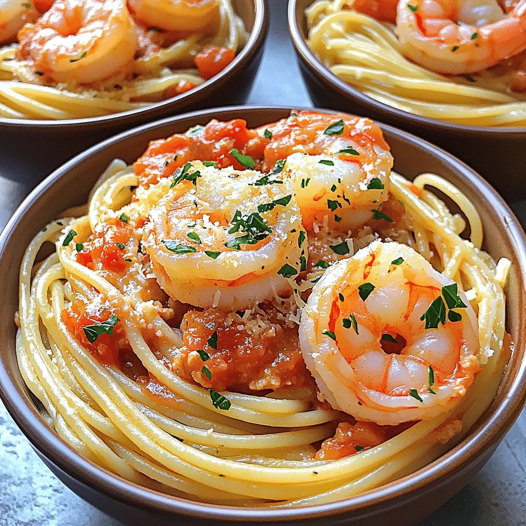 - 8 ounces spaghetti - 1 pound large shrimp, peeled and deveined - 2 tablespoons olive oil - 3 cloves garlic, minced - 1 can (14 ounces) crushed tomatoes - 1 cup heavy cream - 1 teaspoon dried basil - 1 teaspoon sugar - 1/4 cup freshly grated Parmesan cheese - Fresh parsley, finely chopped for garnish - Salt - Freshly cracked black pepper Using fresh and quality ingredients makes a big difference. I always choose large shrimp. They add a nice bite to the dish. You can use any pasta you like, but spaghetti works best here. The creamy sauce pairs perfectly with the spaghetti. When making the sauce, use good olive oil. It adds depth to the flavors. Fresh garlic is a must. It gives the sauce a lovely aroma. Crushed tomatoes create the base of your sauce. They bring a nice sweetness that balances well with the cream. Heavy cream is what makes this dish rich and creamy. I recommend using full-fat cream for the best results. Dried basil adds a touch of herb flavor without being overpowering. A little sugar helps mellow out the acidity of the tomatoes. Don’t forget the Parmesan! It melts beautifully into the sauce. Fresh parsley not only adds color but also a lovely fresh taste. For seasoning, salt and freshly cracked black pepper enhance all the flavors. Adjust to your taste as you go. For the full recipe, you can refer to the complete list above. - Bring a large pot of salted water to a rolling boil. - Add 8 ounces of spaghetti and cook until al dente, usually about 8-10 minutes. - Reserve about 1/2 cup of the pasta water for later. - Drain the spaghetti and set it aside. - Heat 2 tablespoons of olive oil in a large skillet over medium heat. - Add 3 cloves of minced garlic and sauté until fragrant, about 30 seconds. - Increase heat to medium-high. - Add 1 pound of peeled and deveined shrimp in a single layer. - Cook for 2-3 minutes on one side, then flip. - Cook for another 2-3 minutes until the shrimp is pink and opaque. - Remove shrimp from the skillet and cover to keep warm. - In the same skillet, combine 1 can (14 ounces) of crushed tomatoes, 1 cup of heavy cream, 1 teaspoon of dried basil, and 1 teaspoon of sugar. - Stir well to mix everything. - Let the sauce simmer on medium heat for about 5 minutes. - Stir occasionally until it thickens and the flavors meld. - Return the cooked shrimp to the skillet with the sauce. - Add the drained spaghetti and toss to coat evenly. - If the sauce is too thick, add the reserved pasta water gradually. - Season with salt and freshly cracked black pepper to taste. - Sprinkle 1/4 cup of freshly grated Parmesan cheese over the pasta. - Stir until the cheese melts into the sauce. Timing is key when cooking shrimp. You want them tender, not rubbery. Cook shrimp for about 2-3 minutes on each side. They should turn pink and opaque. If you cook them too long, they lose their nice texture. To avoid overcooking, remove them from heat just as they turn pink. Using reserved pasta water is a great trick. This starchy water helps your sauce cling to the pasta. If your sauce is too thick, gradually add the pasta water until smooth. You can also adjust creaminess by adding more cream if desired. This lets you customize the dish to your taste. Presentation matters, even at home. Garnish your dish with fresh parsley for color and flavor. Serve the pasta in deep bowls. This allows the creamy sauce to shine and gives a nice look. You can also sprinkle extra Parmesan on top for added flair. {{image_4}} You can switch spaghetti for zucchini noodles. This makes the dish lighter and gluten-free. It’s a great way to sneak in more veggies. For cream, you can use coconut milk or cashew cream. Both options add a nice flavor and keep the sauce creamy. Want a kick? Add red pepper flakes. They bring heat and depth to the dish. You can also add vegetables like spinach or bell peppers. They not only add color but also nutrients. Stir them in during the sauce simmer for best results. If you're gluten-free, use gluten-free pasta. Many brands offer great alternatives that work well. For a vegan version, skip the shrimp and cream. Use plant-based shrimp or mushrooms for texture. Almond milk or a vegan cream can replace heavy cream. These options make this dish friendly for everyone. For the Full Recipe, check the earlier sections for detailed steps. To keep your spaghetti with shrimp in creamy tomato sauce fresh, store it in an airtight container. Place it in the refrigerator within two hours of cooking. It stays good for up to three days. Always check for any signs of spoilage, like an off smell or color changes. If you notice anything odd, toss it out for safety. When reheating, use the stovetop for the best texture. Place the pasta in a pan over low heat. Add a splash of water or cream to help it warm evenly. Stir gently until heated through. Alternatively, you can use the microwave. Heat in short bursts of 30 seconds, stirring in between. This method is quick but may dry out the pasta. If you want to freeze your dish, do it right away. Use a freezer-safe container and leave some space for expansion. The spaghetti can last in the freezer for about two months. When you’re ready to eat, thaw it overnight in the fridge. For a quick option, use the microwave on the defrost setting. After thawing, reheat on the stovetop for the best results. For the full recipe, check out the instructions above. Shrimp is fully cooked when it turns a bright pink color. Its skin should look shiny and firm. The shrimp's flesh will also become opaque and slightly curled. Timing matters. Cook shrimp for about 4 to 6 minutes. Overcooking makes shrimp tough and rubbery. Keep an eye on them while cooking. Yes, you can make spaghetti with shrimp in creamy tomato sauce ahead of time. To do this, cook the pasta and shrimp, then let them cool. Store the sauce separately. Use airtight containers for the best storage. When you're ready to eat, just reheat everything. This dish keeps well in the fridge for up to three days. For side dishes, consider garlic bread or a fresh salad. These pair well with the rich flavors of the sauce. You could also serve roasted vegetables for a healthy touch. For wine, a crisp white wine like Pinot Grigio works great. It balances the creaminess of the sauce nicely. This blog post covered how to make a tasty spaghetti and shrimp dish. You learned about key ingredients and how to create a rich, creamy sauce. I shared important tips for cooking shrimp perfectly and making your dish look great. Don’t forget about variations like zucchini noodles or adding veggies. Whether you’re storing leftovers or preparing ahead of time, these steps will help. Enjoy making your meal and impressing others with your cooking skills!