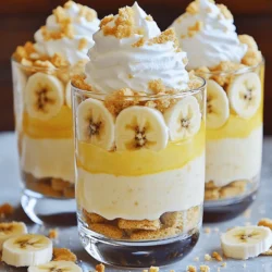 - 4 ripe bananas, sliced - 1 cup granulated sugar - 1/4 cup cornstarch - 1/4 teaspoon salt - 2 3/4 cups whole milk - 4 large egg yolks - 2 tablespoons unsalted butter - 2 teaspoons pure vanilla extract - 1 box (about 12 oz) vanilla wafers - Whipped cream, for topping - Optional: crushed vanilla wafers, for garnish Each ingredient plays a key role in making banana pudding perfect. The ripe bananas add natural sweetness and flavor. The granulated sugar enhances this flavor and helps the pudding thicken. Cornstarch acts as a thickener, giving the pudding its creamy texture. Salt balances all the sweetness and brings out the flavors. Whole milk provides a rich base for the pudding. Egg yolks help to enrich the pudding, making it smooth and custard-like. The unsalted butter adds richness and a lovely mouthfeel. Pure vanilla extract enhances the overall taste with warm notes. Vanilla wafers add texture and crunch, while whipped cream gives a light, airy finish. When choosing bananas, look for ones that are ripe but not overripe. The skin should be yellow with few brown spots. Avoid green bananas, as they will not be sweet. If you need bananas to ripen faster, place them in a paper bag. This traps ethylene gas, speeding up the ripening process. For the best flavor, aim to use bananas that feel slightly soft when gently pressed. To make the best banana pudding, start with a medium saucepan. Mix the sugar, cornstarch, and salt together. Heat it on medium heat while whisking. This step helps blend the dry ingredients. Gradually pour in the milk while whisking non-stop. This keeps the mixture smooth and lump-free. In a separate bowl, whisk the egg yolks until they look thick and light. This takes just a minute. Now, take a few spoonfuls of the hot milk mix and add it to the egg yolks. Whisk constantly as you do this. This process is called tempering, and it warms the yolks. It stops them from cooking too quickly. Once the yolks are warmed, pour them back into the saucepan. Keep cooking over medium heat, stirring all the time. In about 5 to 7 minutes, the pudding will thicken and start bubbling. When that happens, remove the pan from the heat. Stir in the butter and vanilla until they melt and mix in. Tempering is a very important step in making banana pudding. It helps to avoid scrambled eggs in your mix. By slowly warming the yolks with hot milk, you keep them smooth. If you add them too fast, they will cook too quickly. Remember, gentle is key here. Now it’s time to layer the pudding. Grab a 2-quart serving dish or small cups. Start with a layer of vanilla wafers. Next, add a layer of sliced bananas. Finally, pour a layer of creamy pudding over it. Repeat these layers until you use all the ingredients. Make sure the last layer is pudding. Cover your dish tightly with plastic wrap. Make sure it touches the pudding’s surface. This prevents a skin from forming. Chill in the fridge for at least 4 hours. For the best taste, let it sit overnight. When it’s time to serve, top with whipped cream and a sprinkle of crushed wafers for a crunchy touch. To make the creamiest banana pudding, focus on the milk and egg yolks. Use whole milk for richness. The egg yolks add a lovely creaminess too. When cooking, stir constantly. This helps the pudding thicken evenly without lumps. If you want extra smoothness, strain the pudding through a fine mesh sieve before layering. This step removes any tiny bits that may have formed. Many people make mistakes that affect texture and flavor. One common error is cooking the pudding too fast. Keep the heat at medium. If it cooks too quickly, it can become grainy. Another mistake is not layering properly. Make sure to alternate layers of bananas, pudding, and wafers. Skipping layers can lead to uneven flavor. Lastly, do not skip the chilling time. Allowing the pudding to set is key for taste. Banana pudding tastes best when served cold. Chill your pudding for at least four hours. If you can, let it chill overnight. This allows the flavors to blend beautifully. When serving, add whipped cream just before you eat. This keeps it fresh and fluffy. Use individual cups to make serving easier and more fun. You can even layer the cups for a pretty look. For a little crunch, sprinkle crushed wafers on top. For the complete recipe, check out the Full Recipe section. {{image_4}} You can make banana pudding even more fun by adding flavors. Try mixing in chocolate or peanut butter for a twist. You can use chocolate wafers instead of vanilla wafers, which adds a rich taste. Another idea is to add a layer of caramel sauce between the bananas. This gives a sweet touch that pairs well with the pudding. You can also try adding berries like strawberries or blueberries for a fruity surprise. If you want a lighter option, you can make some easy swaps. Use low-fat milk instead of whole milk. This still keeps the pudding creamy but cuts down on fat. You can also use a sugar substitute like stevia or monk fruit sweetener for less sugar. If you prefer a dairy-free option, try almond or coconut milk. These alternatives can make the pudding just as tasty while keeping it light. Making gluten-free banana pudding is simple. Just choose gluten-free vanilla wafers for the layers. Many brands offer these now, so you can still enjoy that classic taste. For a dairy-free version, use plant-based milk and a dairy-free whipped topping. You can also substitute the butter with a dairy-free margarine or coconut oil. This way, everyone can enjoy this delightful treat, no matter their dietary needs. For the complete experience, check out the Full Recipe. To keep your banana pudding fresh, store it in the fridge. Make sure to cover it tightly with plastic wrap. This will stop air from getting in. Place the wrap directly on the pudding’s surface. This prevents a skin from forming. You can also use a sealed container. Just make sure it seals well. Banana pudding can last 3 to 4 days in the fridge. After that, the bananas may turn brown. The pudding may also lose its creamy texture. It’s best to eat it fresh for the best taste. If you want to enjoy it later, consider making it without bananas. Then, add the bananas just before serving. If you want to refresh your leftovers, try this simple trick. Take the pudding out of the fridge and let it sit at room temperature for about 15 minutes. This helps restore some creaminess. If you find it too thick, gently stir in a little milk. This will help make it smooth again. Always top with fresh whipped cream right before serving. This keeps it light and fluffy. For more details, check the Full Recipe. The best banana pudding has layers of flavor and creaminess. You want a rich, smooth pudding that melts in your mouth. Using ripe bananas adds natural sweetness and a strong banana flavor. The texture should be creamy, not runny. A good balance of vanilla and a touch of salt enhances the taste. The vanilla wafers should be soft, but still hold their shape. Overall, it’s about harmony in the layers. Each bite should be a delightful mix of sweetness and creaminess. Yes, you can use different bananas! While ripe Cavendish bananas are common, you can also try plantains. If you choose plantains, you should cook them first. They will add a different flavor and texture. You can also mix in other banana varieties for fun. Just make sure the bananas are ripe. Ripe bananas will give the pudding that sweet, rich flavor we love. You can make banana pudding ahead of time easily. Just prepare the pudding and layer it as usual. Then, cover it tightly with plastic wrap. Make sure the wrap touches the surface to prevent a skin from forming. Refrigerate it for at least four hours, but overnight is best. This gives the flavors time to mix. When ready to serve, just add the whipped cream on top. It’s a great dessert to prepare for gatherings or special meals. In this post, we explored how to make the best banana pudding. We covered the key ingredients and their roles, as well as techniques like tempering egg yolks. I shared tips for creamy texture, common mistakes to avoid, and variations for different tastes. Always store pudding correctly to keep it fresh. Banana pudding is easy to make, and with these tips, you’ll create a dessert that everyone loves. Enjoy crafting your perfect banana pudding!