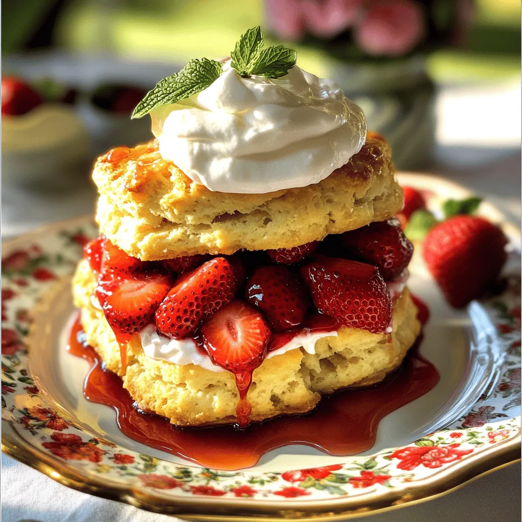 - 2 cups all-purpose flour - 1 tablespoon baking powder - 1/4 teaspoon baking soda - 1/2 teaspoon salt - 1/3 cup granulated sugar - 1/2 cup unsalted butter, cold and cubed - 3/4 cup heavy cream, plus extra for brushing - 1 teaspoon vanilla extract - 1 pound fresh strawberries, hulled and sliced - 2 tablespoons powdered sugar (for strawberries) - Whipped cream (for serving) Gathering fresh, quality ingredients is key to a great strawberry shortcake. I love using ripe strawberries. They should be bright red and firm. This gives the dish a sweet and juicy flavor. The biscuit base needs cold butter. It helps create a flaky texture. Use unsalted butter for better control over the sweetness. Heavy cream adds richness to the biscuits and whipped cream. For the dry ingredients, all-purpose flour is best. The baking powder and baking soda help the biscuits rise. Granulated sugar adds sweetness, while a pinch of salt balances the flavors. When you mix these ingredients, remember to avoid lumps. You can find everything you need at your local grocery store. This recipe is simple and fun to make. It’s perfect for a sunny day or a special gathering. Check out the [Full Recipe] for complete instructions! To start, we need to macerate the strawberries. This means we will draw out their juices. Take one pound of fresh strawberries and hull them. Then slice them into small pieces. Next, sprinkle two tablespoons of powdered sugar over the strawberries in a medium bowl. Gently toss them to coat. Let them sit for 15 to 20 minutes. This waiting time helps create a sweet syrup. Now, let’s make the biscuit dough. First, combine the dry ingredients in a large bowl. You will need two cups of all-purpose flour, one tablespoon of baking powder, one-fourth teaspoon of baking soda, one-half teaspoon of salt, and one-third cup of granulated sugar. Whisk these items together until they blend well. Next, we cut in the butter. Use half a cup of cold, cubed unsalted butter. Add it to the dry mix. Using your fingers or a pastry cutter, work the butter into the flour. Keep mixing until the mixture looks crumbly. You want some small chunks of butter to stay. This helps the biscuits be flaky. Before we bake, preheat your oven to 425°F (220°C). Line a baking sheet with parchment paper to prevent sticking. Now, let’s shape the biscuits. Turn the dough onto a floured surface. Pat it into a rectangle that is about one inch thick. Using a round biscuit cutter, cut out biscuits. You can re-roll any dough scraps to make more biscuits. Before baking, brush the tops with heavy cream. This will help them turn golden. Bake the biscuits for 12 to 15 minutes. They should be lightly golden when done. Once baked, take them out and let them cool for a few minutes. It’s time to assemble our strawberry shortcake! Carefully slice each biscuit in half. On the bottom half, spoon a generous amount of the macerated strawberries, along with some syrup. Then, add a dollop of whipped cream. Place the biscuit top half over the cream. This creates a lovely layered effect. For serving, present the shortcakes on a pretty platter. You can drizzle some strawberry juice over the top. Add some fresh mint leaves for a nice touch. For more details on this recipe, check out the full recipe. Enjoy your sweet treat! To make your shortcake shine, choose ripe strawberries. Look for berries that are bright red, firm, and fragrant. Avoid dull or soft strawberries; they may be overripe. Fresh strawberries are best from late spring to early summer. During this time, you can find them at local farms or farmers' markets. This seasonal availability means you get the sweetest berries. The key to great biscuits is using cold ingredients. Cold butter helps create a flaky texture. Do not let your butter sit out; keep it in the fridge until you need it. When mixing, avoid overmixing the dough. Mix just until the dry and wet ingredients combine. This keeps the biscuits light and fluffy. Serve your strawberry shortcake on a nice platter for a beautiful look. Stack the layers high for a stunning effect. Drizzle some strawberry juice on top for added color. For a final touch, add fresh mint leaves. They not only look great but also add a hint of flavor. Enjoy your dreamy and delicious treat! {{image_4}} You can change up the fruit in your shortcake. Try using peaches or blueberries. Both fruits add a fresh twist to this classic dessert. You can also mix different fruits together. A blend of strawberries, blueberries, and peaches creates a colorful and tasty treat. This mix brings a fun flavor explosion and looks beautiful on the plate. If you want a different topping, try dairy-free whipped cream. There are many great brands available. You can also make your own using coconut cream. For an extra sweet touch, add syrups or sauces. Drizzle chocolate or caramel sauce on top for a rich flavor. You can even use flavored syrups like vanilla or almond for a unique taste. For a gluten-free version, swap out the all-purpose flour. Use almond flour or gluten-free all-purpose flour instead. You might need to adjust the liquid in your dough. Start with a little less, then add more if needed. This change keeps the shortcake soft and delicious. With these tweaks, everyone can enjoy a slice of this dreamy dessert. You might want to store your leftover shortcakes for later. If you have assembled the shortcakes, place them in an airtight container. This helps keep them fresh. Try to eat them within two days for the best taste. The biscuits can become soggy if left too long, so enjoy them quickly. If you have leftover components, store them separately. Keep the biscuits in a sealed bag or container at room temperature. Store the strawberries in the fridge. Make sure they are in a bowl covered with plastic wrap. The cream should also go in the fridge in a separate container. This way, you can assemble fresh shortcakes later. Can you freeze biscuits? Yes, you can freeze biscuits! To do this, bake them first and let them cool completely. Then, wrap each biscuit in plastic wrap. Place them in a freezer bag. They will stay good for about three months. When ready to eat, thaw them in the fridge and reheat them in the oven. Freezing strawberries and cream tips are simple! You can freeze strawberries after washing and slicing them. Place them on a baking sheet in a single layer, then freeze until firm. After that, transfer them to a freezer bag. The cream doesn’t freeze as well. Instead, whip it fresh when you are ready to serve. This keeps your dessert tasty and fluffy. For the full recipe, check the section above! To make strawberry shortcake from scratch, follow these steps: 1. Prepare the strawberries: Slice fresh strawberries and mix them with powdered sugar. Let them sit for 15-20 minutes to create a syrup. 2. Make the biscuit dough: Combine flour, baking powder, baking soda, salt, and sugar. Cut in cold butter until crumbly. Mix in cream and vanilla. 3. Shape and bake: Pat the dough into a rectangle and cut out biscuits. Bake at 425°F for 12-15 minutes. 4. Assemble: Slice biscuits in half. Layer strawberries and whipped cream between the halves. For full details, check the Full Recipe. Yes, you can use frozen strawberries for your shortcake. However, frozen strawberries may change the texture and flavor. They often become softer and release more liquid. This can make the dessert a bit soggy if not handled carefully. To use frozen berries, let them thaw and drain excess liquid before mixing with sugar. Shortcake and cake differ mainly in texture and ingredients. Shortcake is a biscuit-like dessert. It is flaky and crumbly. Cake is fluffy and soft, made with more sugar and eggs. Shortcake often highlights fresh fruit and whipped cream, while cake can have many layers and flavors. Homemade strawberry shortcake is best enjoyed fresh. However, if stored properly, it can last for about 1-2 days. Keep it in the fridge to maintain freshness. To prevent sogginess, store biscuits and toppings separately. This way, you can enjoy a fresh taste with each serving. Making strawberry shortcake is simple and fun. We covered the key ingredients, from fresh strawberries to butter and cream. I shared step-by-step instructions to help you make the biscuits and assemble the dessert. You also learned tips for choosing strawberries and achieving the best texture. Whether you stick to the classic recipe or try new fruits, the joy of strawberry shortcake is always a treat. Use these tips to impress friends or enjoy a sweet moment at home. Now, go ahead and make your own delicious strawberry shortcake!