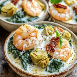 - 1 lb large shrimp, peeled and deveined - 2 cups fresh spinach, roughly chopped - 1 cup canned artichoke hearts, drained and quartered - 1 medium onion, diced - 3 cloves garlic, minced - 1 cup heavy cream - 1/2 cup sun-dried tomatoes, chopped - 1 cup shredded mozzarella cheese - 1/4 cup grated Parmesan cheese - 2 tablespoons olive oil - 1 teaspoon Italian seasoning - Salt and freshly cracked pepper to taste - Fresh basil leaves, for garnish When I make Tuscan shrimp with spinach and artichokes, I gather these fresh ingredients first. The shrimp give the dish a sweet flavor, while spinach adds a vibrant green touch. Artichokes add a nice texture. The onion and garlic provide a strong base for the sauce. The heavy cream makes the sauce rich and smooth. Sun-dried tomatoes bring in a sweet and tangy taste. I always use mozzarella and Parmesan cheese to finish the sauce. They melt beautifully, creating a creamy texture. For seasoning, I love Italian seasoning. It adds warmth and depth. A bit of salt and pepper brings everything together nicely. Finally, I garnish with fresh basil leaves for a pop of color. You can check the full recipe for more details. - Step 1: Sauté the onion Start by heating olive oil in a large skillet over medium heat. Add the diced onion and cook for about 3-4 minutes. You want the onion to be soft and clear. This adds a nice base flavor to our dish. - Step 2: Add garlic and Italian seasoning Next, add minced garlic and Italian seasoning to the skillet. Stir for 1-2 minutes. The garlic will fill your kitchen with a lovely aroma. This step brings out the great flavors we want. - Step 3: Cook the shrimp Now it’s time to add the shrimp. Season them with salt and freshly cracked pepper. Cook for about 3-4 minutes. The shrimp should turn pink and opaque, showing they are done. - Step 4: Stir in sun-dried tomatoes, spinach, and artichokes Add chopped sun-dried tomatoes, fresh spinach, and quartered artichokes to the skillet. Stir well and cook for about 2 minutes. You want the spinach to wilt and the colors to blend beautifully. - Step 5: Pour in heavy cream and simmer Lower the heat and pour in the heavy cream. Stir everything together and let it simmer for 2-3 minutes. This will help the sauce thicken, making it rich and creamy. - Step 6: Add cheeses and melt Gradually add shredded mozzarella and grated Parmesan cheese. Stir continuously until the cheeses melt completely. You’ll get a nice, creamy sauce that coats everything perfectly. - Step 7: Garnish with basil and serve Finally, remove the skillet from the heat. Garnish your dish with fresh basil leaves. This adds a pop of color and fresh flavor. Serve it hot and enjoy! For the full recipe, check the details above! - Importance of shrimp quality: Always choose fresh, high-quality shrimp. Look for shrimp that is firm, moist, and has a clean ocean smell. Avoid any shrimp that has a strong fishy scent. Fresh shrimp ensures better flavor and texture in your dish. - Monitoring cream sauce consistency: Keep an eye on your sauce. It should be thick but pourable. If it gets too thick, add a splash of broth or water. This keeps the dish creamy and helps balance the flavors. - Suggestions for spice adjustments: If you like heat, consider adding red pepper flakes. Start with a pinch and taste as you go. This adds warmth without overpowering the dish. - Ideas for using fresh herbs: Fresh herbs elevate flavors. Try adding parsley or thyme for a fresh touch. Basil is great too, and it complements the shrimp well. - Pairing with sides: This dish pairs well with rice or crusty bread. These sides soak up the creamy sauce. You can also serve it with a light salad for a fresh contrast. - Ideal presentation serving: Serve the shrimp in shallow bowls. Drizzle the sauce over the top. Add extra basil leaves and a sprinkle of Parmesan for a beautiful finish. This makes the dish look as good as it tastes! {{image_4}} You can swap shrimp for other proteins. Chicken works well and is easy to cook. Scallops are another tasty option. They add a nice sweetness to the dish. You can also add more veggies. Try bell peppers, zucchini, or mushrooms for extra flavor and color. If you need a gluten-free dish, this recipe is already perfect. Just check your sun-dried tomatoes for gluten. For a dairy-free version, use coconut cream instead of heavy cream. Nutritional yeast can replace cheese for a cheesy flavor without dairy. Want to change up the flavors? Try different cheeses like feta or goat cheese. They add a tangy taste that’s delightful. You can also squeeze in some lemon juice or add lemon zest. This will brighten the dish and enhance the flavors. To store leftover Tuscan shrimp with spinach artichokes, use an airtight container. Place the shrimp, spinach, and artichokes inside. This helps keep the flavors fresh. Store it in the fridge for up to three days. When reheating, use a skillet or microwave. If using a skillet, warm it over low heat. Stir often to avoid burning. If using a microwave, heat in short bursts. This keeps the shrimp tender and the sauce creamy. To freeze this dish, let it cool completely first. Place the shrimp and sauce in a freezer-safe container. Ensure it is tightly sealed to prevent freezer burn. You can freeze it for up to three months. When ready to eat, thaw in the fridge overnight. Reheat gently on the stove or microwave to enjoy. Make sure to stir well to combine the sauce and seafood. How long does it take to cook shrimp? Cook shrimp for about 3-4 minutes. They turn pink and opaque when done. Timing can change based on size. Always check to avoid overcooking. Can I use frozen shrimp for this recipe? Yes, you can use frozen shrimp. Just thaw them first. Place shrimp in cold water for 15-20 minutes. Dry them before cooking to avoid excess water in the dish. What can I substitute for heavy cream? You can use half-and-half or coconut cream. For a lighter option, consider using milk mixed with a bit of flour. This will help thicken the sauce. Can this dish be made ahead of time? Yes, you can prepare this dish ahead. Cook it and store it in the fridge. Reheat on the stove over low heat, stirring gently. How healthy is this dish? This dish offers protein from shrimp and vitamins from spinach and artichokes. It’s rich in flavor and nutrients. Serve it with a salad for a balanced meal. What are the calorie counts per serving? Each serving contains about 450 calories. It can vary based on the cheese and cream used. Check your ingredients for the most accurate count. This dish combines shrimp, spinach, and artichokes for a tasty, creamy meal. You learned how to prep, cook, and serve it perfectly. Remember, using fresh shrimp and monitoring the sauce keeps it delicious. You can easily switch ingredients to match your tastes or dietary needs. With proper storage, leftovers keep well, so enjoy them later. I hope you're excited to try this recipe and share it with friends!