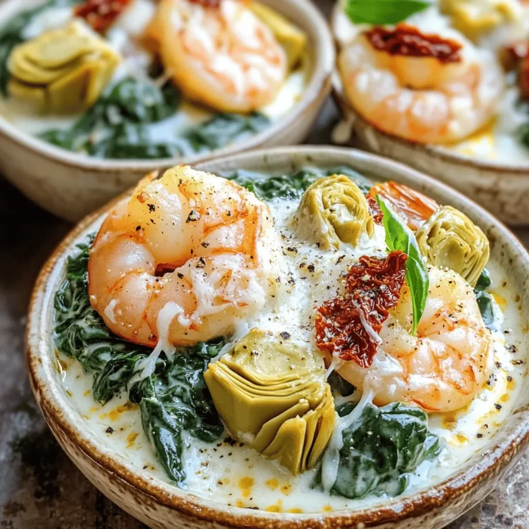 - 1 lb large shrimp, peeled and deveined - 2 cups fresh spinach, roughly chopped - 1 cup canned artichoke hearts, drained and quartered - 1 medium onion, diced - 3 cloves garlic, minced - 1 cup heavy cream - 1/2 cup sun-dried tomatoes, chopped - 1 cup shredded mozzarella cheese - 1/4 cup grated Parmesan cheese - 2 tablespoons olive oil - 1 teaspoon Italian seasoning - Salt and freshly cracked pepper to taste - Fresh basil leaves, for garnish When I make Tuscan shrimp with spinach and artichokes, I gather these fresh ingredients first. The shrimp give the dish a sweet flavor, while spinach adds a vibrant green touch. Artichokes add a nice texture. The onion and garlic provide a strong base for the sauce. The heavy cream makes the sauce rich and smooth. Sun-dried tomatoes bring in a sweet and tangy taste. I always use mozzarella and Parmesan cheese to finish the sauce. They melt beautifully, creating a creamy texture. For seasoning, I love Italian seasoning. It adds warmth and depth. A bit of salt and pepper brings everything together nicely. Finally, I garnish with fresh basil leaves for a pop of color. You can check the full recipe for more details. - Step 1: Sauté the onion Start by heating olive oil in a large skillet over medium heat. Add the diced onion and cook for about 3-4 minutes. You want the onion to be soft and clear. This adds a nice base flavor to our dish. - Step 2: Add garlic and Italian seasoning Next, add minced garlic and Italian seasoning to the skillet. Stir for 1-2 minutes. The garlic will fill your kitchen with a lovely aroma. This step brings out the great flavors we want. - Step 3: Cook the shrimp Now it’s time to add the shrimp. Season them with salt and freshly cracked pepper. Cook for about 3-4 minutes. The shrimp should turn pink and opaque, showing they are done. - Step 4: Stir in sun-dried tomatoes, spinach, and artichokes Add chopped sun-dried tomatoes, fresh spinach, and quartered artichokes to the skillet. Stir well and cook for about 2 minutes. You want the spinach to wilt and the colors to blend beautifully. - Step 5: Pour in heavy cream and simmer Lower the heat and pour in the heavy cream. Stir everything together and let it simmer for 2-3 minutes. This will help the sauce thicken, making it rich and creamy. - Step 6: Add cheeses and melt Gradually add shredded mozzarella and grated Parmesan cheese. Stir continuously until the cheeses melt completely. You’ll get a nice, creamy sauce that coats everything perfectly. - Step 7: Garnish with basil and serve Finally, remove the skillet from the heat. Garnish your dish with fresh basil leaves. This adds a pop of color and fresh flavor. Serve it hot and enjoy! For the full recipe, check the details above! - Importance of shrimp quality: Always choose fresh, high-quality shrimp. Look for shrimp that is firm, moist, and has a clean ocean smell. Avoid any shrimp that has a strong fishy scent. Fresh shrimp ensures better flavor and texture in your dish. - Monitoring cream sauce consistency: Keep an eye on your sauce. It should be thick but pourable. If it gets too thick, add a splash of broth or water. This keeps the dish creamy and helps balance the flavors. - Suggestions for spice adjustments: If you like heat, consider adding red pepper flakes. Start with a pinch and taste as you go. This adds warmth without overpowering the dish. - Ideas for using fresh herbs: Fresh herbs elevate flavors. Try adding parsley or thyme for a fresh touch. Basil is great too, and it complements the shrimp well. - Pairing with sides: This dish pairs well with rice or crusty bread. These sides soak up the creamy sauce. You can also serve it with a light salad for a fresh contrast. - Ideal presentation serving: Serve the shrimp in shallow bowls. Drizzle the sauce over the top. Add extra basil leaves and a sprinkle of Parmesan for a beautiful finish. This makes the dish look as good as it tastes! {{image_4}} You can swap shrimp for other proteins. Chicken works well and is easy to cook. Scallops are another tasty option. They add a nice sweetness to the dish. You can also add more veggies. Try bell peppers, zucchini, or mushrooms for extra flavor and color. If you need a gluten-free dish, this recipe is already perfect. Just check your sun-dried tomatoes for gluten. For a dairy-free version, use coconut cream instead of heavy cream. Nutritional yeast can replace cheese for a cheesy flavor without dairy. Want to change up the flavors? Try different cheeses like feta or goat cheese. They add a tangy taste that’s delightful. You can also squeeze in some lemon juice or add lemon zest. This will brighten the dish and enhance the flavors. To store leftover Tuscan shrimp with spinach artichokes, use an airtight container. Place the shrimp, spinach, and artichokes inside. This helps keep the flavors fresh. Store it in the fridge for up to three days. When reheating, use a skillet or microwave. If using a skillet, warm it over low heat. Stir often to avoid burning. If using a microwave, heat in short bursts. This keeps the shrimp tender and the sauce creamy. To freeze this dish, let it cool completely first. Place the shrimp and sauce in a freezer-safe container. Ensure it is tightly sealed to prevent freezer burn. You can freeze it for up to three months. When ready to eat, thaw in the fridge overnight. Reheat gently on the stove or microwave to enjoy. Make sure to stir well to combine the sauce and seafood. How long does it take to cook shrimp? Cook shrimp for about 3-4 minutes. They turn pink and opaque when done. Timing can change based on size. Always check to avoid overcooking. Can I use frozen shrimp for this recipe? Yes, you can use frozen shrimp. Just thaw them first. Place shrimp in cold water for 15-20 minutes. Dry them before cooking to avoid excess water in the dish. What can I substitute for heavy cream? You can use half-and-half or coconut cream. For a lighter option, consider using milk mixed with a bit of flour. This will help thicken the sauce. Can this dish be made ahead of time? Yes, you can prepare this dish ahead. Cook it and store it in the fridge. Reheat on the stove over low heat, stirring gently. How healthy is this dish? This dish offers protein from shrimp and vitamins from spinach and artichokes. It’s rich in flavor and nutrients. Serve it with a salad for a balanced meal. What are the calorie counts per serving? Each serving contains about 450 calories. It can vary based on the cheese and cream used. Check your ingredients for the most accurate count. This dish combines shrimp, spinach, and artichokes for a tasty, creamy meal. You learned how to prep, cook, and serve it perfectly. Remember, using fresh shrimp and monitoring the sauce keeps it delicious. You can easily switch ingredients to match your tastes or dietary needs. With proper storage, leftovers keep well, so enjoy them later. I hope you're excited to try this recipe and share it with friends!