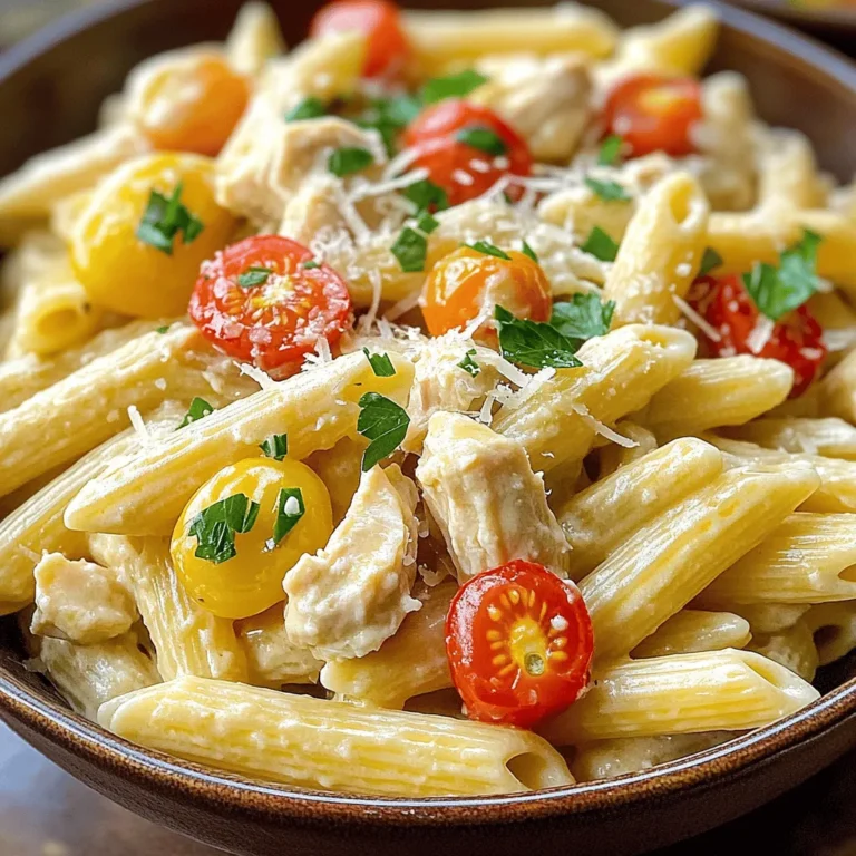 - 2 cups penne pasta - 1 lb chicken breast, diced - 2 tablespoons olive oil - 1 teaspoon garlic powder - 1 teaspoon onion powder - Salt and pepper - 1 cup heavy cream - 1/2 cup ranch dressing - 1/2 cup grated Parmesan cheese - 1 cup cherry tomatoes, halved - 1/4 cup fresh parsley, chopped The main ingredients in this dish are simple yet flavorful. The penne pasta acts as the perfect base for the creamy sauce. The chicken breast adds protein and richness. Olive oil gives the chicken a nice sear, while garlic and onion powder enhance the taste. Heavy cream adds a luscious texture. The ranch dressing gives a tangy kick that pairs well with the pasta. Parmesan cheese adds depth and creaminess. Cherry tomatoes bring a burst of freshness. Finally, parsley adds color and a hint of herbal flavor. - Different pasta types (fettuccine, rotini, etc.) - Additional vegetables (spinach, bell peppers, etc.) - Alternative sauces (Alfredo, pesto) You can change up the pasta type if penne isn’t your favorite. Fettuccine or rotini work well too. Want to add more colors? Toss in some spinach or bell peppers. If you're feeling adventurous, try using Alfredo or pesto instead of ranch. This dish is flexible, so have fun with it! For the full recipe, check [Full Recipe]. First, cook the penne pasta. Follow the package instructions for the best results. Once it’s soft, drain the pasta. Be sure to save 1/2 cup of the cooking water for later. This water helps adjust the sauce. Next, heat 2 tablespoons of olive oil in a large skillet over medium heat. When the oil is hot, add 1 pound of diced chicken. Season it with 1 teaspoon of garlic powder, 1 teaspoon of onion powder, salt, and pepper to taste. Cook the chicken for about 6 to 8 minutes. Make sure it is golden brown and fully cooked. Now, pour 1 cup of heavy cream and 1/2 cup of ranch dressing into the skillet with the chicken. Stir it well to mix. Let it simmer gently. Slowly add in 1/2 cup of grated Parmesan cheese. Keep stirring until the cheese melts. If the sauce is too thick, add some reserved pasta water until it’s creamy. Gently fold the cooked penne pasta into the creamy sauce. Toss it well to coat every piece of pasta. Then, add in 1 cup of halved cherry tomatoes. Mix them in carefully until they are well distributed. Remove the skillet from heat. Garnish your dish with 1/4 cup of chopped fresh parsley. This adds color and freshness to your creamy chicken ranch pasta. For the full recipe, refer to the previous section. To ensure your chicken is tender, start with fresh chicken breast. Cut it into small, even pieces. This helps it cook evenly. Season the chicken well with salt, pepper, garlic powder, and onion powder. Sauté it in hot olive oil until it turns golden brown. Avoid overcooking by checking the chicken's temperature; it should reach 165°F. This way, you keep it juicy and flavorful. For the perfect sauce, you may need to adjust its thickness. If your sauce is too thick, add some reserved pasta water. This water has starch, which helps the sauce cling better to the pasta. If you have leftover sauce, store it in an airtight container. It keeps well in the fridge for up to three days. Reheat gently to maintain its creamy texture. Serve the creamy chicken ranch pasta in shallow bowls for a nice look. Top each dish with extra parsley and a sprinkle of Parmesan cheese. This not only adds flavor but also enhances the dish’s visual appeal. You can also add a few halved cherry tomatoes on top for a pop of color. Enjoy your meal! {{image_4}} You can make this dish healthier. Try using whole wheat or gluten-free pasta. These options add fiber and nutrients. For a lighter sauce, use low-fat cream. You can also swap regular ranch dressing for a lower-fat version. These small changes can cut calories while keeping taste. Want to boost the flavor? Add spices like paprika or Italian herbs. These spices give a nice kick to the dish. You can also try different cheese types. Swap Parmesan for mozzarella or cheddar for a new twist. Each cheese brings its own flavor, adding variety to your meal. You can change how you serve this dish. For a quick one-pot meal, cook everything in one pot. Just add the pasta right into the sauce. If you like baked dishes, try making a creamy chicken ranch pasta casserole. Just mix everything, place it in a baking dish, and bake until golden. This adds a crispy top to your creamy pasta. Check out the Full Recipe for detailed steps! To keep your creamy chicken ranch pasta fresh, you need proper storage. First, let the pasta cool down. Then, place leftovers in an airtight container. This helps prevent air from drying it out. You can store it in the fridge for up to three days. For best results, use glass or plastic containers. They seal tightly and make reheating easy. When it's time to enjoy your pasta again, you have two main options: microwave or stovetop. Microwaving is fast. Just pop it in for a few minutes. Stir every minute to heat it evenly. If you prefer the stovetop, add a splash of water to a pan. Heat on low, stirring gently. This method helps keep the sauce creamy. Adding a little extra cream can help too! Yes, you can freeze creamy chicken ranch pasta! It stays good for up to three months. To freeze, let it cool completely. Then, place it in a freezer-safe container or bag. Remove as much air as possible. When you want to eat it, thaw it in the fridge overnight. Reheat as mentioned above for the best taste. Enjoy this simple and tasty meal even later! For the Full Recipe, check the earlier sections. Creamy Chicken Ranch Pasta is a tasty dish that combines rich flavors. It features penne pasta coated in a creamy ranch sauce. The sauce blends heavy cream, ranch dressing, and Parmesan cheese. Tender chicken pieces add protein and heartiness. Cherry tomatoes bring freshness and color to the dish. Yes, you can use cooked chicken in this recipe. If you have rotisserie chicken or grilled chicken, that works great. Just shred or chop the chicken into bite-sized pieces. This saves time and adds great flavor to the dish. Absolutely! You can adjust the flavors for picky eaters. If your kids don’t like ranch, swap it for Alfredo sauce. You can also add more cheese for a cheesy version. The creamy texture and fun pasta shape will appeal to them. You can prepare the pasta and sauce separately. Cook the pasta al dente, so it doesn't become mushy. Store the sauce in the fridge and mix it with pasta just before serving. This keeps the dish fresh and tasty. Serve Creamy Chicken Ranch Pasta with simple sides. A green salad adds crunch and freshness. Garlic bread complements the creamy sauce well. Roasted vegetables also work nicely, adding color and nutrients to the meal. For the full recipe, check the earlier section. You learned how to make a tasty Creamy Chicken Ranch Pasta. We covered the key ingredients, step-by-step instructions, and helpful tips. You can customize the dish easily for any taste or health need. Remember to store leftovers properly for the best flavor. This recipe is great for families and can be made ahead of time. Enjoy creating your own version of this dish! It’s quick, fun, and delicious. Happy cooking!