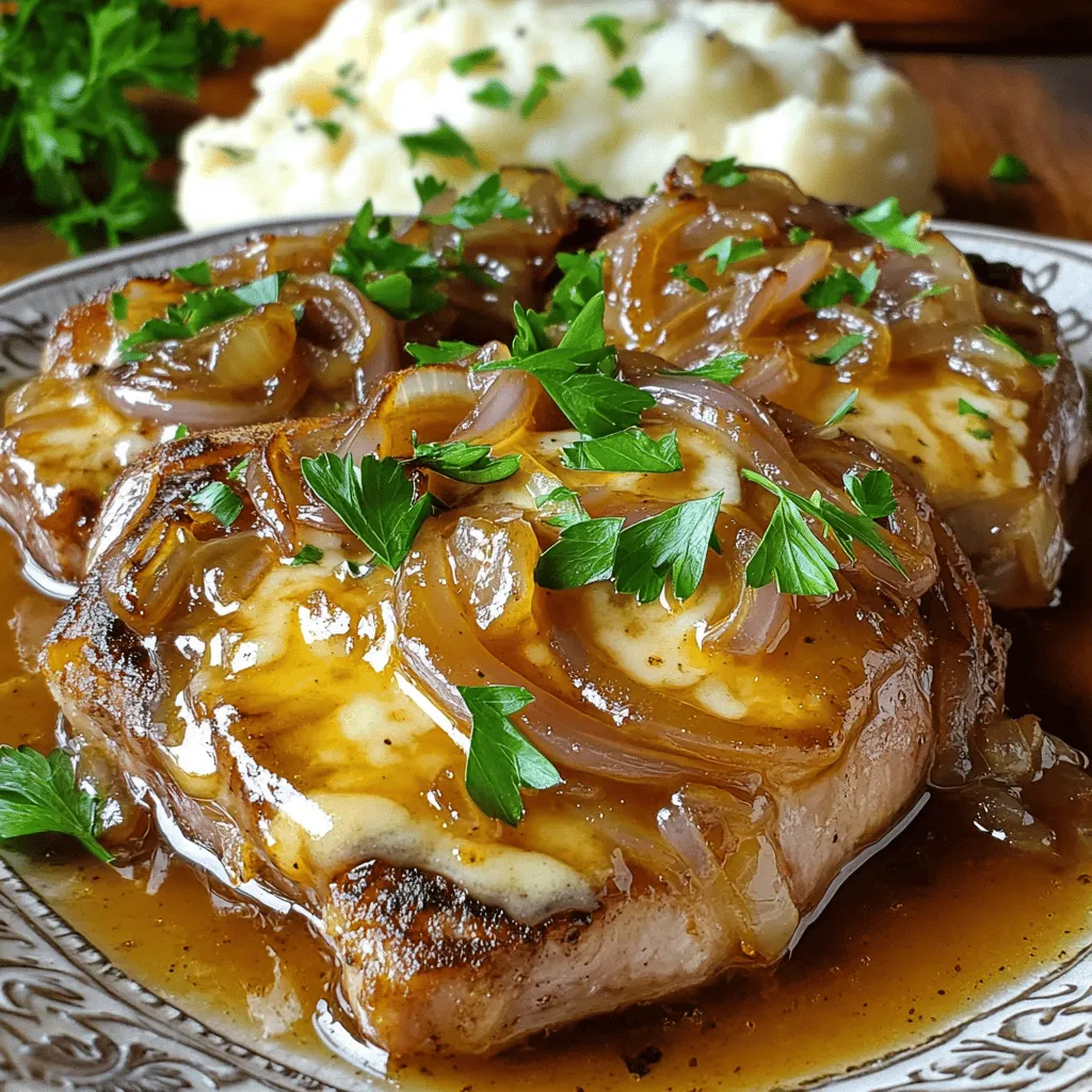 - 4 bone-in pork chops (approximately 1-inch thick) - 2 large onions, thinly sliced - 3 cloves garlic, minced - 2 tablespoons olive oil - 1 teaspoon dried thyme - 1 teaspoon sugar - 1 cup low-sodium beef broth - 1 cup shredded Gruyère cheese - Salt and freshly cracked pepper to taste - Fresh parsley, chopped, for garnish For this dish, bone-in pork chops are best. They stay juicy and flavorful. Thinly sliced onions and minced garlic add depth. Dried thyme and sugar help caramelize the onions. Low-sodium beef broth gives a rich base. Gruyère cheese melts beautifully, creating a creamy topping. Finally, season with salt and pepper for that extra kick. - Recommended cheese types: Gruyère, Swiss, or provolone - Alternatives for different flavors: Cheddar, gouda, or mozzarella I love using Gruyère for its nutty flavor. Swiss cheese works too, adding a mild taste. For a bolder choice, try sharp cheddar. Gouda adds creaminess, while mozzarella gives a stretch. Choose what you enjoy most! - Skillet requirements: A large, heavy-bottom skillet - Essential kitchen tools: Tongs, wooden spoon, and a meat thermometer A heavy skillet is key for even cooking. It helps sear the chops nicely. Use tongs to flip the pork without losing juices. A wooden spoon is perfect for scraping up tasty bits. Lastly, a meat thermometer ensures your pork is cooked just right. For the best results, follow the full recipe. Start by patting the pork chops dry with paper towels. This step helps the seasoning stick better. Next, season both sides of each chop with salt and freshly cracked pepper. Seasoning is key to bringing out the chop's natural flavor. Don't rush this step; the right amount of salt makes a big difference. In a large skillet, heat 2 tablespoons of olive oil over medium-high heat. Carefully add the seasoned pork chops to the skillet. Sear them for about 4-5 minutes on each side. Look for that rich golden-brown crust. This crust adds flavor and texture, making the dish special. After searing, remove the chops and set them aside. In the same skillet, add the thinly sliced onions. Reduce the heat to medium and sprinkle in the sugar and dried thyme. Cook the onions, stirring often, for 15-20 minutes. They should become beautifully caramelized and deep golden brown. This caramelization brings out their sweetness and adds depth to the dish. Once the onions are caramelized, add the minced garlic to the skillet. Sauté for another minute, letting the garlic release its fragrance. Then, pour in the beef broth to deglaze the pan. Use a wooden spoon to scrape up any tasty browned bits from the bottom. These bits are full of flavor and will enhance your sauce. Return the seared pork chops to the skillet, placing them in the onion mixture. Spoon some caramelized onions over the top. Bring the mixture to a gentle simmer and cover the skillet. Allow it to cook for an additional 10-15 minutes. The pork should reach an internal temperature of 145°F (63°C). In the last 5 minutes of cooking, sprinkle the shredded Gruyère cheese evenly over the pork chops. Cover the skillet again to let the cheese melt into a gooey layer. Timing is key here; you want the cheese melted but not burnt. Once the cheese is melted and bubbly, remove the skillet from the heat. For a nice presentation, serve the pork chops on individual plates. Top each chop with the caramelized onions and melted cheese. Pair this dish with creamy mashed potatoes or slices of crusty bread. These sides will soak up the rich broth and make your meal even more enjoyable. To keep your pork chops tender, choose bone-in chops. The bone adds flavor and juiciness. Always pat them dry before seasoning. This helps the salt stick better. Season both sides well with salt and pepper. The right internal temperature is key. Aim for 145°F (63°C) for safe and juicy pork. You can boost flavor with herbs and spices. Try adding rosemary or sage for a fresh twist. Marinating the pork chops can also help. A simple mix of olive oil, garlic, and thyme works wonders. Let them marinate for at least 30 minutes for the best results. Overcooking is a common mistake. It makes pork tough and dry. To avoid this, use a meat thermometer. Check the thickest part of the chop to ensure even cooking. If you cook multiple chops, space them out in the pan. This helps them cook evenly. {{image_4}} If you want to switch things up, you can use chicken breasts or turkey chops instead of pork chops. These options still taste great with the onion mix. For the onions, yellow onions give a sweet flavor, but you can also use red onions for a sharper taste. Shallots work well too if you want a milder flavor. You can make this dish in a slow cooker or an Instant Pot. For the slow cooker, brown the chops first, then add everything and cook on low for 6-8 hours. In an Instant Pot, brown the chops, add the onions, and cook on high pressure for 10 minutes. Both methods save time and keep the meat juicy. If you love smoky flavors, try grilling the pork chops. Grill them for about 5 minutes on each side. Then, add the onions on top while they finish cooking. This adds a nice char and extra depth to the dish. You can add mushrooms to the onions for a rich, earthy taste. Sauté them with the onions until they are soft. Other veggies, like bell peppers or spinach, can also work well. They add color and nutrition. Adding cheese variations can change the dish's flavor. Try Swiss cheese for a nutty taste or sharp cheddar for a kick. Mix and match to find your favorite combo. For a creamy touch, consider adding some cream cheese to the sauce for a richer texture. Want the full recipe? Check out the [Full Recipe] for all the details! To store leftovers, let the pork chops cool to room temperature. Place them in an airtight container. This keeps the dish fresh and tasty for your next meal. I recommend using glass containers for easy reheating. Make sure they fit well in your fridge to save space. If you want to store the pork chops for longer, freezing is a great option. Wrap each chop tightly in plastic wrap, then place them in a freezer-safe bag. This helps avoid freezer burn. When you're ready to eat them, thaw them in the fridge overnight. To reheat, bake in the oven at 350°F (175°C) until warmed through. You can also use a microwave, but it may not give the best taste. In the fridge, this dish lasts about 3 to 4 days. Always check for signs of spoilage. If the pork looks slimy or has an off smell, it’s best to throw it away. Fresh pork remains pink while cooked pork should be a light brown. Trust your senses; they guide you well! The ideal internal temperature for pork chops is 145°F (63°C). Use a meat thermometer in the thickest part of the chop. The juices should run clear, and the meat should not be pink inside. A golden-brown crust on the outside also shows they are well-cooked. Yes, you can prepare this dish ahead of time. Cook the pork chops and onion sauce fully. Let them cool and store them in the fridge. To reheat, warm them gently in a skillet over low heat. This keeps the pork tender and juicy. This dish pairs well with creamy mashed potatoes or roasted vegetables. You can also serve crusty bread to soak up the sauce. For beverages, try a light red wine or a refreshing sparkling water. Yes, you can use chicken broth or vegetable broth instead. This will change the flavor but still taste great. Avoiding beef broth makes the dish lighter but still rich and savory. For a twist, you can even use apple cider for a hint of sweetness. In this blog post, I shared how to make French Onion Smothered Pork Chops. We covered the key ingredients like pork chops, onions, and cheese. I provided step-by-step instructions for cooking the dish perfectly. We explored practical tips to enhance flavor and avoid mistakes. You can also find variations for substitutions and alternative cooking methods. Cooking is fun and rewarding. With these techniques, you can create a flavorful meal. Enjoy making these pork chops and impress everyone at the table!