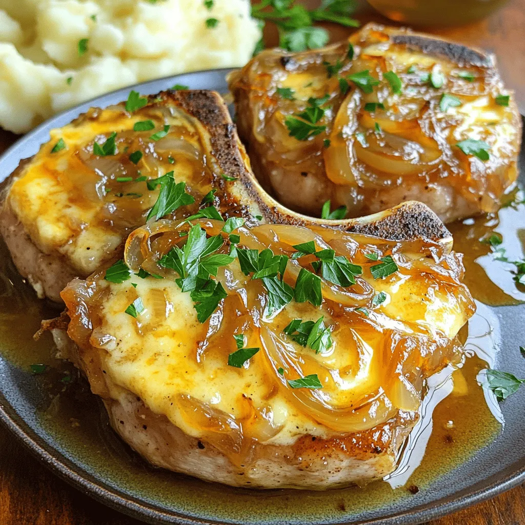 - 4 bone-in pork chops (approximately 1-inch thick) - 2 large onions, thinly sliced - 3 cloves garlic, minced - 2 tablespoons olive oil - 1 teaspoon dried thyme - 1 teaspoon sugar - 1 cup low-sodium beef broth - 1 cup shredded Gruyère cheese - Salt and freshly cracked pepper to taste - Fresh parsley, chopped, for garnish For this dish, bone-in pork chops are best. They stay juicy and flavorful. Thinly sliced onions and minced garlic add depth. Dried thyme and sugar help caramelize the onions. Low-sodium beef broth gives a rich base. Gruyère cheese melts beautifully, creating a creamy topping. Finally, season with salt and pepper for that extra kick. - Recommended cheese types: Gruyère, Swiss, or provolone - Alternatives for different flavors: Cheddar, gouda, or mozzarella I love using Gruyère for its nutty flavor. Swiss cheese works too, adding a mild taste. For a bolder choice, try sharp cheddar. Gouda adds creaminess, while mozzarella gives a stretch. Choose what you enjoy most! - Skillet requirements: A large, heavy-bottom skillet - Essential kitchen tools: Tongs, wooden spoon, and a meat thermometer A heavy skillet is key for even cooking. It helps sear the chops nicely. Use tongs to flip the pork without losing juices. A wooden spoon is perfect for scraping up tasty bits. Lastly, a meat thermometer ensures your pork is cooked just right. For the best results, follow the full recipe. Start by patting the pork chops dry with paper towels. This step helps the seasoning stick better. Next, season both sides of each chop with salt and freshly cracked pepper. Seasoning is key to bringing out the chop's natural flavor. Don't rush this step; the right amount of salt makes a big difference. In a large skillet, heat 2 tablespoons of olive oil over medium-high heat. Carefully add the seasoned pork chops to the skillet. Sear them for about 4-5 minutes on each side. Look for that rich golden-brown crust. This crust adds flavor and texture, making the dish special. After searing, remove the chops and set them aside. In the same skillet, add the thinly sliced onions. Reduce the heat to medium and sprinkle in the sugar and dried thyme. Cook the onions, stirring often, for 15-20 minutes. They should become beautifully caramelized and deep golden brown. This caramelization brings out their sweetness and adds depth to the dish. Once the onions are caramelized, add the minced garlic to the skillet. Sauté for another minute, letting the garlic release its fragrance. Then, pour in the beef broth to deglaze the pan. Use a wooden spoon to scrape up any tasty browned bits from the bottom. These bits are full of flavor and will enhance your sauce. Return the seared pork chops to the skillet, placing them in the onion mixture. Spoon some caramelized onions over the top. Bring the mixture to a gentle simmer and cover the skillet. Allow it to cook for an additional 10-15 minutes. The pork should reach an internal temperature of 145°F (63°C). In the last 5 minutes of cooking, sprinkle the shredded Gruyère cheese evenly over the pork chops. Cover the skillet again to let the cheese melt into a gooey layer. Timing is key here; you want the cheese melted but not burnt. Once the cheese is melted and bubbly, remove the skillet from the heat. For a nice presentation, serve the pork chops on individual plates. Top each chop with the caramelized onions and melted cheese. Pair this dish with creamy mashed potatoes or slices of crusty bread. These sides will soak up the rich broth and make your meal even more enjoyable. To keep your pork chops tender, choose bone-in chops. The bone adds flavor and juiciness. Always pat them dry before seasoning. This helps the salt stick better. Season both sides well with salt and pepper. The right internal temperature is key. Aim for 145°F (63°C) for safe and juicy pork. You can boost flavor with herbs and spices. Try adding rosemary or sage for a fresh twist. Marinating the pork chops can also help. A simple mix of olive oil, garlic, and thyme works wonders. Let them marinate for at least 30 minutes for the best results. Overcooking is a common mistake. It makes pork tough and dry. To avoid this, use a meat thermometer. Check the thickest part of the chop to ensure even cooking. If you cook multiple chops, space them out in the pan. This helps them cook evenly. {{image_4}} If you want to switch things up, you can use chicken breasts or turkey chops instead of pork chops. These options still taste great with the onion mix. For the onions, yellow onions give a sweet flavor, but you can also use red onions for a sharper taste. Shallots work well too if you want a milder flavor. You can make this dish in a slow cooker or an Instant Pot. For the slow cooker, brown the chops first, then add everything and cook on low for 6-8 hours. In an Instant Pot, brown the chops, add the onions, and cook on high pressure for 10 minutes. Both methods save time and keep the meat juicy. If you love smoky flavors, try grilling the pork chops. Grill them for about 5 minutes on each side. Then, add the onions on top while they finish cooking. This adds a nice char and extra depth to the dish. You can add mushrooms to the onions for a rich, earthy taste. Sauté them with the onions until they are soft. Other veggies, like bell peppers or spinach, can also work well. They add color and nutrition. Adding cheese variations can change the dish's flavor. Try Swiss cheese for a nutty taste or sharp cheddar for a kick. Mix and match to find your favorite combo. For a creamy touch, consider adding some cream cheese to the sauce for a richer texture. Want the full recipe? Check out the [Full Recipe] for all the details! To store leftovers, let the pork chops cool to room temperature. Place them in an airtight container. This keeps the dish fresh and tasty for your next meal. I recommend using glass containers for easy reheating. Make sure they fit well in your fridge to save space. If you want to store the pork chops for longer, freezing is a great option. Wrap each chop tightly in plastic wrap, then place them in a freezer-safe bag. This helps avoid freezer burn. When you're ready to eat them, thaw them in the fridge overnight. To reheat, bake in the oven at 350°F (175°C) until warmed through. You can also use a microwave, but it may not give the best taste. In the fridge, this dish lasts about 3 to 4 days. Always check for signs of spoilage. If the pork looks slimy or has an off smell, it’s best to throw it away. Fresh pork remains pink while cooked pork should be a light brown. Trust your senses; they guide you well! The ideal internal temperature for pork chops is 145°F (63°C). Use a meat thermometer in the thickest part of the chop. The juices should run clear, and the meat should not be pink inside. A golden-brown crust on the outside also shows they are well-cooked. Yes, you can prepare this dish ahead of time. Cook the pork chops and onion sauce fully. Let them cool and store them in the fridge. To reheat, warm them gently in a skillet over low heat. This keeps the pork tender and juicy. This dish pairs well with creamy mashed potatoes or roasted vegetables. You can also serve crusty bread to soak up the sauce. For beverages, try a light red wine or a refreshing sparkling water. Yes, you can use chicken broth or vegetable broth instead. This will change the flavor but still taste great. Avoiding beef broth makes the dish lighter but still rich and savory. For a twist, you can even use apple cider for a hint of sweetness. In this blog post, I shared how to make French Onion Smothered Pork Chops. We covered the key ingredients like pork chops, onions, and cheese. I provided step-by-step instructions for cooking the dish perfectly. We explored practical tips to enhance flavor and avoid mistakes. You can also find variations for substitutions and alternative cooking methods. Cooking is fun and rewarding. With these techniques, you can create a flavorful meal. Enjoy making these pork chops and impress everyone at the table!