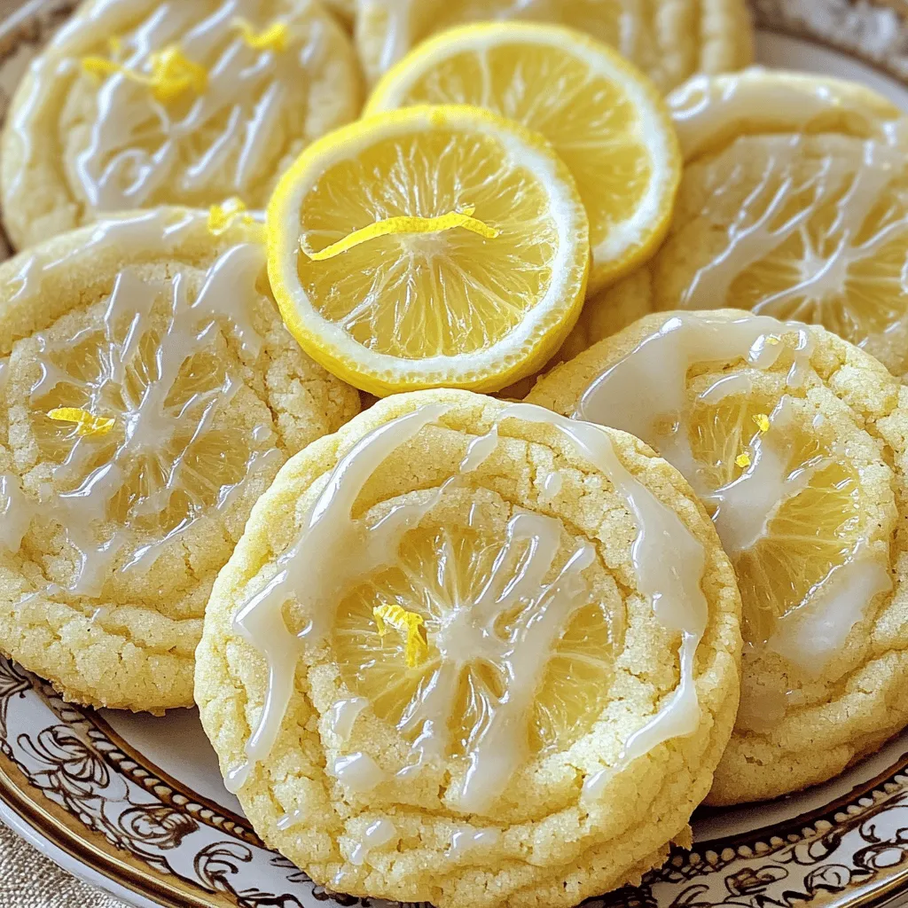 To make glazed lemon sugar cookies, gather these fresh ingredients: - 2 ¾ cups all-purpose flour - 1 teaspoon baking soda - ½ teaspoon baking powder - 1 teaspoon salt - 1 cup unsalted butter, softened - 1 ½ cups granulated sugar - 1 large egg - 1 tablespoon freshly grated lemon zest (from about 2 lemons) - 2 tablespoons freshly squeezed lemon juice - 1 teaspoon vanilla extract - 1 ½ cups powdered sugar (for the glaze) - 2 tablespoons freshly squeezed lemon juice (for the glaze) - Optional: Lemon slices and additional lemon zest for garnish Measuring ingredients correctly is key. Use a dry measuring cup for flour. Spoon flour into the cup, then level it off with a knife. For butter, it should be soft but not melted. If you need a dairy-free option, use vegan butter instead. You can swap the egg with a flax egg or applesauce for a vegan version. If you run out of lemon, lime juice works too, but it will change the flavor a bit. These cookies burst with bright lemon flavor. The fresh zest and juice give a tangy taste that balances the sweetness. The glaze adds a sweet, tart finish. This recipe is perfect for brightening up your day. Plus, lemon is rich in vitamin C, which is great for your health. Enjoy these cookies with tea or coffee for a delightful treat! Start by preheating your oven to 350°F (175°C). This helps cookies bake evenly. Line a baking sheet with parchment paper. This keeps cookies from sticking. In a medium bowl, whisk together the flour, baking soda, baking powder, and salt. Set this mix aside for later. In a large bowl, cream the softened butter and granulated sugar with an electric mixer. Mix on medium speed for about 3 minutes. The mix should be light and fluffy. Next, add the egg, lemon zest, lemon juice, and vanilla extract. Beat until everything is combined well. Gradually mix in the dry ingredients. Do this on low speed to avoid overmixing. Once combined, use a cookie scoop or tablespoon to drop rounded dough onto the baking sheet. Space each cookie about 2 inches apart. Bake for 8-10 minutes. Look for lightly golden edges while the centers stay soft. They will firm up as they cool. Once cookies cool, it’s time to make the glaze. In a small bowl, whisk together the powdered sugar and lemon juice until smooth. Drizzle the glaze over each cookie. You can use a spoon or a piping bag for this. If you like, add small lemon slices or lemon zest while the glaze is wet. Let the glaze set for about 30 minutes. Enjoy your beautiful glazed lemon sugar cookies! For the full recipe, check out the details. To make the best glazed lemon sugar cookies, start with soft butter. This helps give your cookies a light texture. Use fresh lemon juice and zest. This gives your cookies a bright, zesty flavor. Chill the dough for 30 minutes before baking. This helps the cookies hold their shape. Make the glaze while the cookies cool. Mix powdered sugar with fresh lemon juice until smooth. The glaze should be pourable but thick enough to stay on the cookies. Drizzle the glaze right after the cookies cool. This helps it stick better. For a fun touch, add lemon zest or slices on top of the glaze. Don't overmix the dough. This can make your cookies tough. Watch the baking time closely. Overbaking will lead to dry cookies. Let the cookies cool completely before glazing. If they are warm, the glaze will melt off. Lastly, use a cookie scoop for even sizes. This ensures all cookies bake evenly. {{image_4}} You can play with different glazes and flavors to make your cookies unique. For a sweeter twist, try a vanilla glaze. Just mix powdered sugar with a splash of milk and vanilla extract. For a berry kick, use raspberry or strawberry puree in the glaze. You can even add a hint of lavender for a floral touch. Mixing spices like cinnamon or cardamom into the dough can also create a fun flavor profile. If you need to swap ingredients, you have options. For a lighter cookie, use coconut oil instead of butter. If you want a different sweetener, try brown sugar or maple syrup. You can also use almond flour or oat flour if you prefer a gluten-free option. Just remember, different flours may change the cookie texture a bit, so keep that in mind when baking. Making these cookies gluten-free is easy. Simply use a gluten-free flour blend that measures cup-for-cup like regular flour. For a vegan version, substitute the egg with flaxseed meal. Mix one tablespoon of flaxseed meal with three tablespoons of water. Let it sit for a few minutes until it thickens. You can use plant-based butter to replace regular butter as well. These adjustments keep the cookies tasty while meeting dietary needs. Check the Full Recipe for more details! To keep your glazed lemon sugar cookies fresh, store them in an airtight container. Place parchment paper between layers to avoid sticking. Keep the cookies at room temperature for best taste. Avoid direct sunlight or heat, as these can make the cookies lose their charm. You can freeze these cookies for later enjoyment. First, let them cool completely. Then, place them in a single layer on a baking sheet. Freeze until firm, then transfer them to a freezer-safe bag. Squeeze out excess air before sealing. You can freeze the cookies for up to three months. When stored properly, these cookies last about a week at room temperature. If frozen, they can stay fresh for about three months. Always check for any signs of spoilage before eating. Enjoy your cookies while they are fresh for the best flavor and texture. For the full recipe, refer to the instructions above. To make lemon sugar cookies without glaze, simply skip the glaze step. After baking, let the cookies cool. You can enjoy them plain or add a light dusting of powdered sugar on top for a sweet touch. The cookies will still have a bright lemon flavor from the zest and juice. Yes, you can substitute lemon extract for lemon zest. Use about 1 teaspoon of lemon extract in place of the zest. However, fresh zest gives a brighter flavor and aroma. If possible, use both for a more intense citrus taste. If your cookies turn out too dry, check your ingredient measurements. Make sure you used the correct amount of butter and sugar. You can also try adding a bit more lemon juice next time. This will add moisture and improve the texture. To keep your cookies soft, don’t overbake them. Pull them out when the edges are just golden. The centers will look soft but will firm up as they cool. Also, store the cookies in an airtight container after they cool. This will help maintain their softness. Now you have all the tools to bake delicious glazed lemon sugar cookies. We looked at the ingredients, measurements, and flavor benefits. You learned step-by-step instructions, baking tips, and common mistakes. We also explored variations and dietary swaps to fit your needs. Baking cookies can be fun and rewarding. Enjoy sharing them with others or savoring them yourself! With these tips, you can create perfect cookies every time. Happy baking!