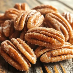 - 2 cups pecan halves - 1/2 cup granulated sugar - 1 teaspoon ground cinnamon - 1/4 teaspoon salt - 1 egg white - 1/2 teaspoon vanilla extract - 1 tablespoon water - Additional spices (e.g., nutmeg, cloves) - Chocolate drizzle for serving To make cinnamon sugar pecans, you need simple ingredients. First, gather your pecans. They are the star of this tasty snack. Next, you’ll need sugar and cinnamon for that sweet flavor. The salt adds a nice touch too, balancing the sweetness. You also need an egg white. It acts as glue for the sugar. A splash of vanilla extract gives a warm, rich taste. The water helps mix everything smoothly. If you want to be creative, try adding spices like nutmeg or cloves. They give a unique twist to your pecans. You can also drizzle melted chocolate on top after baking. This makes them extra special! For the full recipe, check out the complete guide. You’ll love how easy it is to whip up these crunchy treats! - Preheat the oven to 350°F (175°C). - Line a baking sheet with parchment paper for easy cleanup. - In a medium bowl, mix 1/2 cup of granulated sugar, 1 teaspoon of ground cinnamon, and 1/4 teaspoon of salt. Set this spice mix aside. - In a large bowl, whisk 1 egg white, 1/2 teaspoon of vanilla extract, and 1 tablespoon of water until frothy. - Add 2 cups of pecan halves to the egg white mixture. Toss gently until each pecan is well-coated. - Sprinkle the sugar and spice mixture over the pecans. Toss again so every piece is evenly coated. - Spread the coated pecans in a single layer on the baking sheet. - Bake for 15-20 minutes. Stir the pecans every 5 minutes for even cooking. Keep a close eye on them, as they can brown quickly. - Once done, take the baking sheet out and let the pecans cool for about 10 minutes. They will harden as they cool. - After cooling, break apart any clumps and store the pecans in an airtight container. They stay fresh for up to 2 weeks. For the full recipe, check the details above. To avoid burning pecans, watch the oven closely. Pecans can brown fast. Stir them every five minutes while baking. This helps them cook evenly. If they start to smell too nutty, take them out. For a crunchy coating, the egg white is key. Make sure it is frothy before you add the pecans. The sugar mix sticks best when the pecans are coated well. Spread the pecans in a single layer when baking. This gives them room to crisp up. To change things up, add more spices. Try nutmeg or cloves for a warm twist. You can also mix in a pinch of cayenne for some heat. Pair these pecans with drinks like hot cocoa or cider. They also go great with ice cream or yogurt. A simple dessert can become special with these snacks on top. For a fun treat, drizzle melted chocolate over them. This adds richness and makes them truly irresistible. {{image_4}} You can easily change up the flavor of your cinnamon sugar pecans. Here are two fun ideas: - Spicy cinnamon sugar pecans: Add 1/4 teaspoon of cayenne pepper or chili powder to your sugar mixture. This gives your pecans a nice kick. The heat pairs well with the sweet cinnamon. - Maple glazed pecans: Swap the granulated sugar for maple sugar or maple syrup. If you use syrup, reduce the water in the recipe. This will give your pecans a rich, sweet flavor that is hard to resist. You can also adapt this recipe to fit different diets. - Vegan-friendly options: Replace the egg white with aquafaba, which is the liquid from canned chickpeas. This works well as a binder and keeps your pecans vegan. - Nut-free alternatives: If you need a nut-free option, try using sunflower seeds or pumpkin seeds instead of pecans. The sugar and spice coating will still taste great on these seeds. Feel free to experiment with different flavors and ingredients to make these snacks your own. Check out the Full Recipe for step-by-step instructions. To keep your cinnamon sugar pecans fresh, store them in an airtight container. This helps maintain their crunchy texture. Make sure the pecans are completely cool before you seal them. For optimal taste, enjoy them within two weeks. After that, they may lose some of their crunch and flavor. If you want to keep them longer, consider freezing them. Just place them in a freezer-safe bag, and they can last up to three months. Cinnamon sugar pecans make a great snack on their own. They also work well as a topping. Try adding them to your morning yogurt or oatmeal for extra crunch. You can also sprinkle them on salads. They add a sweet, nutty flavor that pairs well with greens. For dessert lovers, use them in cookies or sprinkle them on ice cream. The options are endless! For the full recipe, check the earlier sections to get started on your tasty treat! How long do cinnamon sugar pecans last? Cinnamon sugar pecans last up to two weeks when stored in an airtight container at room temperature. Make sure they are completely cool before storing. This keeps them fresh and crunchy. Can I use other nuts for this recipe? Yes, you can use other nuts! Almonds, walnuts, or cashews work well too. Just keep in mind that cooking times may vary based on the nut type. Adjust your baking time as needed to ensure even cooking. What's the best way to serve cinnamon sugar pecans? Serve cinnamon sugar pecans in a decorative bowl or glass jar. You can also sprinkle some extra cinnamon on top. For a fun twist, drizzle melted chocolate over them before serving. Why are my pecans sticking together? If your pecans are sticking together, they may not have cooled completely or had too much egg white. Make sure to spread them evenly on the baking sheet and stir them often while baking. What to do if they don't harden after baking? If your pecans don’t harden, let them cool longer. They will harden as they cool. If they still feel soft, you can return them to the oven for a few more minutes. Just watch closely to avoid burning. You now know how to make delicious cinnamon sugar pecans. We covered the needed ingredients, preparation steps, and baking tips. We explored flavor variations and dietary options for all tastes. Storing them correctly will keep them fresh for longer. Enjoy these pecans as snacks or toppings. Try adding your own twist with extra spices. The joy of creating new flavors makes the recipe even more fun! I hope you enjoy making and sharing these tasty treats.